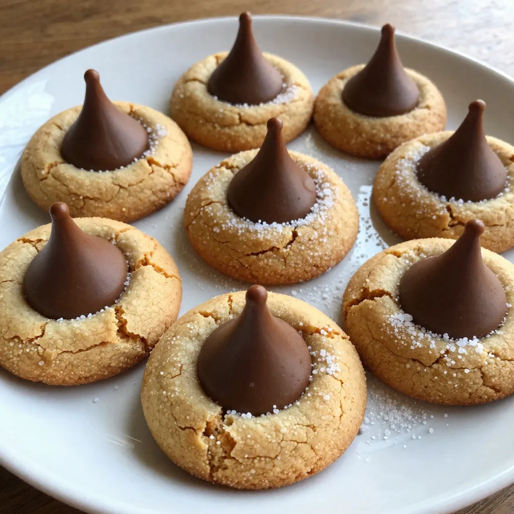 - 1 cup creamy peanut butter - 1 cup granulated sugar - 1 cup brown sugar, packed - 1 large egg - 1 teaspoon pure vanilla extract - 1 teaspoon baking soda - 1/4 teaspoon fine sea salt - 2 cups all-purpose flour - 48 milk chocolate Hershey's Kisses, unwrapped - Additional granulated sugar for rolling You need some special items to make Peanut Butter Blossoms. The main star is creamy peanut butter. This gives cookies their sweet and nutty taste. Next, you will use both granulated sugar and packed brown sugar. This mix makes the cookies chewy and soft. A large egg helps bind everything together. Pure vanilla extract adds a warm flavor. Baking soda helps cookies rise. Fine sea salt balances sweetness. All-purpose flour gives structure to each cookie. Finally, you’ll need milk chocolate Hershey's Kisses. They will melt into the center, adding a delicious twist. Don't forget extra granulated sugar for rolling the dough balls. - Alternatives for creamy peanut butter: You can use crunchy peanut butter if you like some texture. Almond butter works too, for a different flavor. - Using different types of sugar: Coconut sugar can replace brown sugar for a caramel taste. You can also use honey or maple syrup, but adjust the flour. - Vegan egg substitute options: If you want a vegan version, use a flax egg. To make this, mix 1 tablespoon of ground flaxseed with 2.5 tablespoons of water. Let it sit for a few minutes to thicken. {{ingredient_image_2}} First, preheat your oven to 350°F (175°C). This step makes sure your cookies bake evenly. Next, take a baking sheet and line it with parchment paper. This keeps the cookies from sticking. In a large bowl, add 1 cup of creamy peanut butter, 1 cup of granulated sugar, and 1 cup of packed brown sugar. Mix these ingredients together until smooth. Use a spatula or a hand mixer for this. Then, crack 1 large egg into the bowl. Pour in 1 teaspoon of pure vanilla extract. Mix again until the egg is fully combined. In a separate bowl, whisk together 1 teaspoon of baking soda, 1/4 teaspoon of fine sea salt, and 2 cups of all-purpose flour. Gradually add this dry mix to the peanut butter mixture. Stir gently until a soft dough forms. The dough should not be sticky. Now, shape the dough into 1-inch balls using your hands. Roll each dough ball in additional granulated sugar. This gives the cookies a nice sparkle. Place the sugar-coated balls on the prepared baking sheet. Leave about 2 inches between each cookie. This space allows them to spread. Bake the cookies for 10-12 minutes. Look for lightly crackled tops and set edges. When they come out, immediately press a Hershey's Kiss into the center of each cookie. This makes them melt a little and adds a yummy touch. Finally, transfer the cookies to a wire rack to cool completely. To make sure your cookies are great, follow these tips: - Ensuring the right texture: Your dough should be soft but not sticky. If it feels too wet, add a little more flour. This keeps the cookies from spreading too much while baking. - Avoiding overbaking: Check your cookies at 10 minutes. They should look crackled but soft in the center. If you bake them too long, they will be hard. Serving your cookies nicely can impress anyone. Here are some ideas: - Decorating ideas for serving: Place your cookies on a colorful platter. Sprinkle some extra granulated sugar around them for a fun touch. You can also add a few extra Hershey's Kisses on the platter for decoration. - How to store or display for gatherings: Keep your cookies in a clear container with a lid. This keeps them fresh and lets everyone see the treats. You can also stack them on a tiered stand for a fancy look. Having the right tools makes baking easier: - Essential kitchen tools for this recipe: Use a large mixing bowl for combining ingredients, a spatula for mixing, and a baking sheet lined with parchment paper. These tools help you create the best cookies. - Recommended mixing bowls and baking sheets: A glass mixing bowl is great for seeing your dough. A sturdy baking sheet ensures even baking. Make sure the parchment paper is quality to prevent sticking. Pro Tips Chill the Dough: For a firmer dough that's easier to handle, refrigerate the cookie dough for about 30 minutes before rolling into balls. Perfect Chocolate Melt: To achieve the perfect melt on your Hershey's Kisses, press them into the cookies immediately after baking while they are still warm. Even Baking: Rotate the baking sheet halfway through the baking time to ensure even baking and browning of the cookies. Store Properly: Keep your cookies in an airtight container at room temperature to maintain freshness for up to a week. {{image_4}} You can use different types of peanut butter in this recipe. The most common choices are creamy and crunchy. - Creamy peanut butter gives a smooth texture. It blends well in the dough. - Crunchy peanut butter adds a fun bite. You get little pieces of peanut in each cookie. You can also try flavored peanut butter. Some options include honey, chocolate, or even cinnamon. These flavors can change the taste of your cookies. The classic choice for the center is milk chocolate Hershey's Kisses. They melt sweetly into the cookie. However, you can switch it up! - Dark chocolate offers a richer flavor. It pairs nicely with the peanut butter. - White chocolate gives a sweet, creamy touch. It looks nice and adds a fun twist. You can also use other candies. Mini peanut butter cups or chocolate-covered caramel candies work well, too. You can add more to your cookie dough. Adding chopped nuts brings extra crunch. Walnuts or peanuts are great options. - Seasonal variations can spice things up. Try adding pumpkin spice in the fall or peppermint in winter. You can even mix in mini chocolate chips or toffee bits for a delightful surprise! After baking, let the cookies cool on a wire rack. This step keeps them soft. If you stack warm cookies, they may become soggy. For storing, use an airtight container. This helps keep the cookies fresh. Line the container with parchment paper to avoid sticking. You can also place wax paper between layers of cookies. This keeps them from sticking together. To freeze cookies, let them cool completely first. Then, place them in a single layer on a baking sheet. Freeze for about an hour. After freezing, transfer them to a freezer-safe bag. Remove as much air as possible from the bag. This protects them from freezer burn. When you want to eat a cookie, take it out and thaw it. You can leave it at room temperature for about 30 minutes. For a warm cookie, heat it in the oven at 350°F for a few minutes. Peanut Butter Blossoms stay fresh for about a week in an airtight container. If you freeze them, they can last up to three months. Just remember to label the bag with the date. This way, you know how long they have been in the freezer. To make Peanut Butter Blossoms from scratch, follow these steps: 1. Preheat your oven to 350°F (175°C). 2. Line a baking sheet with parchment paper. 3. In a large bowl, mix 1 cup of creamy peanut butter, 1 cup of granulated sugar, and 1 cup of packed brown sugar. 4. Add 1 large egg and 1 teaspoon of vanilla extract. Mix until smooth. 5. In another bowl, whisk 1 teaspoon of baking soda, 1/4 teaspoon of fine sea salt, and 2 cups of all-purpose flour. 6. Gradually mix the dry ingredients into the peanut butter blend. 7. Shape the dough into 1-inch balls and roll each in granulated sugar. 8. Place them on the baking sheet, spaced about 2 inches apart. 9. Bake for 10-12 minutes until lightly crackled. 10. Press a Hershey's Kiss into each cookie right after baking. Yes, you can use natural peanut butter. However, it changes texture and taste. Natural peanut butter is runnier and may make dough sticky. It may also alter the cookie's sweetness. You might need to adjust the flour to balance the dough. If your dough feels sticky, try these tips: - Chill the dough for 30 minutes in the fridge. This helps firm it up. - Add a little more flour, one tablespoon at a time, until the dough is manageable. - Make sure you mix the right amount of flour with the wet ingredients. Too little flour can lead to stickiness. You can add your own twist to Peanut Butter Blossoms: - Use crunchy peanut butter for a different texture. - Mix in chocolate chips or chopped nuts for added flavor. - Instead of Hershey's Kisses, use caramel candies or other chocolates. - Sprinkle sea salt on top for a sweet-salty taste. Cookies can spread for several reasons: - The dough may be too soft. Make sure to chill it before baking. - The oven might be too hot. Use an oven thermometer to check the temperature. - You may have skipped the sugar coating. Rolling in sugar helps keep them from spreading too much. - Ensure you measure your ingredients accurately. Too little flour can lead to excess spreading. In this blog post, we explored how to make delicious Peanut Butter Blossoms. We covered the key ingredients, from peanut butter to milk chocolate Kisses, and shared easy steps for baking. You learned tips for perfect cookies and fun ways to customize them. With practice, these treats can impress any crowd. Enjoy baking, and let your creativity shine!