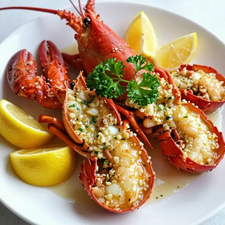 To create this dish, you will need: - 4 lobster tails - 1/2 cup unsalted butter (1 stick) - 6 cloves garlic, minced - 1 tablespoon fresh lemon juice - 1 tablespoon fresh parsley, finely chopped - 1 teaspoon smoked paprika - Salt and freshly ground pepper to taste - Lemon wedges for serving These main ingredients combine to give you rich flavor and a delightful aroma. The butter serves as the base, while garlic adds depth. Lemon juice brightens the dish, and smoked paprika gives it a warm, subtle kick. You can enhance your lobster tails with some optional ingredients. Try adding: - Red pepper flakes for heat - Fresh herbs like thyme or basil for a unique twist - Parmesan cheese for a savory layer - A splash of white wine for extra richness These additions can help you tailor the dish to your taste. Feel free to experiment and find your favorite combination! Using the right tools makes cooking easier. Here are some items you should have on hand: - Kitchen shears for cutting the lobster shells - A small saucepan for melting the butter - A pastry brush for applying the garlic butter - A baking sheet for roasting the lobster tails With these tools, you can prepare your Garlic Butter Lobster Tails with ease. Each tool plays a key role in achieving that perfect finish. {{ingredient_image_2}} First, preheat your oven to 425°F (220°C). A hot oven cooks the lobster tails well. Next, take kitchen shears and cut the top shell of each lobster tail. Cut lengthwise down the middle but stop before the end. This way, you keep the shell intact. Now, gently pull the lobster meat from the shell. Lay the meat on top of the shell for a great look. For the garlic butter, melt 1/2 cup of unsalted butter in a small saucepan over medium heat. Once melted, add 6 minced garlic cloves. Sauté for 1-2 minutes until the garlic smells nice. Be careful not to let it burn. Remove the pan from heat and mix in 1 tablespoon of fresh lemon juice, 1 tablespoon of parsley, and 1 teaspoon of smoked paprika. Season with salt and pepper to taste. Now, brush the lobster meat with the garlic butter mixture. Coat some butter inside the shell too. Save some of the garlic butter for basting later. Arrange the lobster tails on a baking sheet and place them in the hot oven. Bake for 12-15 minutes until the meat is opaque and fully cooked. Halfway through, baste with the reserved garlic butter for extra flavor. When done, let the lobster tails rest for a couple of minutes before serving. Enjoy your delicious meal! When picking lobster tails, look for ones that feel firm. The shells should be hard and shiny. A fresh tail has a clean ocean smell, not a fishy one. Size matters too; larger tails usually mean more meat. Aim for tails that weigh about 6 to 8 ounces. You can find them in seafood shops or online. Start with unsalted butter for the best taste. Melt it gently over medium heat. Add minced garlic and cook until it's fragrant. This should take just 1-2 minutes. Be careful not to let it burn; burnt garlic tastes bitter. Once the garlic is cooked, mix in lemon juice, chopped parsley, and smoked paprika. This blend gives a rich flavor and nice color. Adjust salt and pepper to your taste. Cut the lobster tails with kitchen shears. This helps you access the meat easily. Pull the meat out and place it on top of the shell for a stunning look. Basting with garlic butter during baking keeps the meat moist. Bake at 425°F for 12-15 minutes. Look for meat that turns opaque, which means it’s ready to eat. Allow the tails to rest before serving; this keeps them juicy. Pro Tips Choose Fresh Lobster: Always opt for the freshest lobster tails available to enhance the flavor of your dish. Check for a firm shell and a fresh sea scent. Don’t Overcook: Keep an eye on the cooking time. Lobster tails can become tough if overcooked. They should be opaque and tender when done. Basting is Key: For extra flavor and moisture, baste the lobster tails with the garlic butter mixture halfway through cooking. Garnish Thoughtfully: Enhance the presentation by garnishing with additional lemon wedges and fresh parsley for a vibrant look on the plate. {{image_4}} You can play with flavors to make garlic butter lobster tails even better. Here are some ideas: - Herbs: Try adding thyme or tarragon for a fresh taste. - Spices: A dash of cayenne pepper adds heat without overpowering. - Citrus: Swap lemon juice for lime juice for a zesty twist. - Cheese: Sprinkle some grated Parmesan on top before baking for extra richness. Each of these additions can change the dish's flavor profile. Experimenting is fun and boosts your cooking skills! You can cook lobster tails in different ways, and each method offers unique flavors. - Grilling: Grilling gives a smoky flavor. Brush the lobster with garlic butter and grill for 6-8 minutes, turning halfway. - Baking: Baking is easy and keeps the lobster juicy. Follow the oven instructions for a perfect bake. Both methods work well. Choose the one that fits your style and the weather! Garlic butter lobster tails pair well with many sides. Here are some delicious options: - Rice: A light lemon rice complements the richness of the lobster. - Vegetables: Steamed asparagus or green beans add color and crunch. - Salad: A fresh Caesar salad brightens the meal. - Bread: Serve with crusty bread to soak up the garlic butter. These sides enhance the lobster experience. Mix and match to create your perfect meal! To keep your garlic butter lobster tails fresh, place them in an airtight container. Make sure to let them cool down first. Store the container in the fridge. Use the leftovers within two days for the best taste and texture. If you have leftover garlic butter, store it in a small jar. It can add flavor to other dishes later. When you are ready to enjoy your leftovers, preheat your oven to 350°F (175°C). Place the lobster tails on a baking sheet. Cover them with aluminum foil to keep moisture in. Heat for about 10-15 minutes until warm. Avoid using the microwave, as it can make the lobster rubbery. If you want to freeze your lobster tails, make sure they are cooked and cooled first. Wrap each tail in plastic wrap tightly, then put them in a freezer bag. Remove as much air as possible to prevent freezer burn. Lobster tails can stay in the freezer for up to three months. When ready to use, thaw them overnight in the fridge before reheating. You should use fresh lobster tails. They offer the best taste and texture. Look for tails that are firm and have a nice color. Avoid any that have a strong fishy smell. If fresh is not available, good quality frozen tails are a decent choice. Yes, you can use frozen lobster tails. Just make sure to thaw them properly. Place them in the fridge overnight or run them under cold water for a quicker thaw. This helps keep the meat moist and tender. Always check the packaging for any cooking instructions too. Lobster tails are done when the meat turns opaque and firm. You'll notice a white color instead of translucent. The internal temperature should reach 140°F (60°C). Use a food thermometer for the best results. If you cut into the meat, it should be slightly springy, not mushy. In this blog post, you learned how to make garlic butter lobster tails. We covered main ingredients, optional flavors, and key tools. I shared step-by-step instructions for preparing and cooking the dish. You also got tips on selecting fresh lobster tails and perfecting the garlic butter mix. In the end, enjoy this dish your way. Try different flavors and methods. Remember, cooking is fun and creative! Happy cooking!