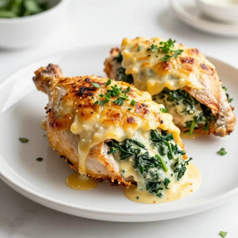 To make Cheesy Spinach Stuffed Chicken, gather the following ingredients: - 4 boneless, skinless chicken breasts - 2 cups fresh spinach, chopped - 1 cup cream cheese, softened to room temperature - 1 cup shredded mozzarella cheese - 1/2 cup grated Parmesan cheese - 2 cloves garlic, minced - 1 teaspoon onion powder - 1/2 teaspoon red pepper flakes (optional for heat) - Salt and pepper to taste - 2 tablespoons olive oil, divided - Fresh herbs (like parsley or basil) for garnish These ingredients come together to create a tasty dish. The chicken serves as a tender canvas for the rich and creamy filling. Fresh spinach adds a healthy touch, while the cheeses provide a delightful melt-in-your-mouth experience. Garlic and onion powder enhance the flavors, making each bite a joy. You can choose to add red pepper flakes for a bit of spice if you like. Using high-quality ingredients makes a big difference in flavor. Always try to source fresh spinach and good-quality cheese. This ensures your dish stands out. Enjoy preparing these ingredients, as they will lead to a meal you'll want to share with family and friends. {{ingredient_image_2}} Set your oven to 375°F (190°C). Preheating is key for even cooking. A hot oven helps the chicken cook well and stay juicy. In a bowl, mix together chopped spinach, cream cheese, mozzarella, and Parmesan. Add minced garlic, onion powder, and red pepper flakes if you like heat. Season with salt and pepper to taste. Mix until creamy and smooth. Take each chicken breast and place it on a cutting board. Butterfly it by slicing it horizontally, but do not cut all the way through. This creates a pocket to hold the filling. Fill each chicken pocket with the spinach and cheese mix. Be generous! If needed, use toothpicks or kitchen twine to close the pocket. This keeps the filling inside while cooking. Sprinkle salt and pepper on the outside of each stuffed chicken breast. Drizzle olive oil for flavor. Heat an oven-safe skillet over medium-high heat. Add the chicken and sear for 3-4 minutes on each side. You're looking for a nice golden brown crust. After searing, transfer the skillet to the preheated oven. Bake for 20-25 minutes. The chicken should reach an internal temperature of 165°F (75°C) to be safe to eat. Let the chicken rest for a few minutes after baking. This keeps it juicy. Remove any toothpicks or twine. Before serving, sprinkle fresh herbs on top for color and taste. To get the best filling, mix your ingredients well. You want a creamy blend. Start with softened cream cheese. Then, add the chopped spinach, mozzarella, and Parmesan. Mix in minced garlic and onion powder. If you like heat, toss in red pepper flakes. Always season with salt and pepper. The right texture makes a big difference. It should hold together but still be spreadable. To keep your chicken moist, don’t overcook it. Use a meat thermometer for accuracy. Chicken is done at 165°F (75°C). Also, let it rest after baking. This helps the juices settle back in. Searing the chicken first adds flavor and locks in moisture. Remember to drizzle olive oil before cooking. This small step helps a lot. You can change how you cook this dish. Try grilling the stuffed chicken for a smoky flavor. Just be careful not to let the filling spill out. Air frying is another option. It cooks fast and makes the chicken crispy. Set your air fryer to 375°F (190°C) and cook for about 20 minutes. These methods can add fun twists to your meal! Pro Tips Use Fresh Spinach: Always opt for fresh spinach for the best flavor and texture in your stuffing. It will enhance the overall taste of the dish. Butterfly Carefully: When butterflying the chicken, take your time to ensure the pocket is deep enough to hold the filling without breaking through the other side. Secure the Filling: If you're worried about the filling leaking out, use toothpicks or kitchen twine to secure the openings after stuffing the chicken breasts. Let it Rest: Allow the chicken to rest for a few minutes after baking. This step is crucial for keeping the chicken juicy and tender. {{image_4}} You can use many types of cheese for your filling. For a creamier texture, try using ricotta or goat cheese. If you want a sharper taste, consider cheddar or blue cheese. For those who prefer vegan options, use cashew cheese or tofu cream cheese. These substitutes keep the dish creamy while being plant-based. While spinach is great, you can swap it for other leafy greens. Kale, Swiss chard, or collard greens work well. These greens add unique flavors and nutrients. Just remember to chop them finely for easy stuffing. Adding herbs and spices can really enhance the taste. Consider using basil, thyme, or oregano for a fresh twist. If you enjoy heat, add cayenne pepper or smoked paprika. These spices can make your dish pop and keep it exciting. To keep your cheesy spinach stuffed chicken fresh, place leftovers in an airtight container. Refrigerate them right away to prevent bacteria. The stuffed chicken lasts for 3-4 days in the fridge. Before eating, check for any off smells or colors to ensure it's still good. You can freeze stuffed chicken for later. First, let the chicken cool completely. Wrap each piece tightly in plastic wrap, then place them in a freezer-safe bag. This helps prevent freezer burn. The chicken can stay in the freezer for up to 3 months. For reheating, move the chicken to the fridge to thaw overnight. If you need it faster, thaw it in cold water for about an hour. Always reheat the chicken to an internal temperature of 165°F (75°C) before serving. Enjoy that cheesy goodness again! Yes, you can prep the Cheesy Spinach Stuffed Chicken ahead. Here’s how: - Prepare the filling: Mix the spinach, cream cheese, and cheeses in advance. - Stuff the chicken: Fill the chicken breasts and secure them. - Store: Wrap each breast tightly in plastic wrap. Place them in the fridge. - Cook later: You can bake them the next day. Just add a few extra minutes to the bake time. Pairing sides enhances your meal. Here are some great options: - Garlic bread: A classic choice that everyone loves. - Roasted veggies: Carrots, zucchini, or bell peppers add color and flavor. - Simple salad: A fresh green salad with light dressing complements the dish. - Mashed potatoes: Creamy potatoes balance the flavors nicely. Check the internal temperature for safety. Use a meat thermometer to ensure the chicken reaches: - 165°F (75°C): This is the safe cooking temperature for chicken. - Juices run clear: If you cut into the chicken, the juices should not be pink. Yes, frozen spinach works well too. Here’s what to consider: - Thaw and drain: Make sure to thaw it fully and squeeze out extra water. - Flavor adjustment: Frozen spinach may have a milder taste, so adjust seasoning as needed. - Same filling process: Use it the same way as fresh in your filling mix. This blog post guides you through making cheesy spinach stuffed chicken. You learned about the needed ingredients, step-by-step instructions, and useful tips to ensure success. Remember to preheat your oven and secure your chicken well. Feel free to experiment with different cheeses and greens for variety. Follow proper storage methods to enjoy leftovers later. With these tips, your dish will impress every time. Happy cooking!