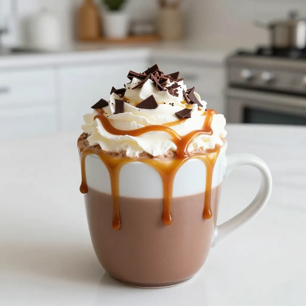 To create a rich and creamy salted caramel hot chocolate, gather the following ingredients: - 2 cups whole milk - 1/2 cup heavy cream - 1/2 cup semi-sweet chocolate chips - 1/4 cup salted caramel sauce (plus extra for drizzling) - 1 teaspoon pure vanilla extract - A pinch of flaky sea salt - Whipped cream (for topping) - Optional: Dark chocolate shavings (for garnish) Each ingredient plays a key role in crafting this cozy drink. Whole milk and heavy cream give a smooth and creamy base. Semi-sweet chocolate chips add depth and richness. Salted caramel sauce brings a sweet and salty twist that makes this drink special. Pure vanilla extract enhances the flavor, while flaky sea salt adds a delightful contrast. Topping with whipped cream creates a fluffy finish. Dark chocolate shavings are a fun touch for extra flavor and looks. Gather these ingredients, and you are on your way to a delightful treat. This hot chocolate is not just a drink; it’s a warm hug in a mug! {{ingredient_image_2}} 1. Heating the milk and cream Start by taking a medium saucepan. Pour in 2 cups of whole milk and 1/2 cup of heavy cream. Set the heat to medium. Warm the mixture gently, stirring often. You want it hot but not boiling. 2. Incorporating chocolate and caramel When the milk and cream are warm, it’s time to add flavor. Gradually whisk in 1/2 cup of semi-sweet chocolate chips and 1/4 cup of salted caramel sauce. Keep whisking until everything melts together. The mix should look creamy and smooth. 3. Adding flavorings Next, stir in 1 teaspoon of pure vanilla extract. Add a pinch of flaky sea salt for that perfect salty touch. Mix well to ensure all flavors blend evenly. 1. Pouring into mugs Carefully remove the saucepan from the heat. Pour the hot chocolate into two mugs or heatproof cups. Make sure to share equally, so both cups are filled with this rich drink. 2. Topping with whipped cream and caramel Now, it’s time for the fun part! Top each mug with a fluffy layer of whipped cream. Then, drizzle extra salted caramel sauce on top. This adds a sweet, sticky finish that is simply delightful. 3. Adding decorative garnishes For a fancy touch, sprinkle dark chocolate shavings over the whipped cream. This adds both beauty and extra chocolate flavor. Your salted caramel hot chocolate is now ready to enjoy! To make the best salted caramel hot chocolate, focus on the consistency. You want it creamy, not too thick or thin. Start with whole milk and heavy cream for that rich texture. Heat them gently together, stirring often. You should see steam rising, but don’t let it boil. Using high-quality chocolate is key. I like semi-sweet chocolate chips for a nice balance of sweetness and richness. They melt well and blend smoothly into the drink. Always whisk them in gradually for the best results. You can add fun flavors to your hot chocolate. Try a dash of peppermint extract for a minty twist. A sprinkle of cinnamon can add warmth, too. For toppings, think beyond whipped cream. Drizzle more salted caramel sauce on top for that extra sweetness. Dark chocolate shavings add a nice crunch and look great. You can even use crushed nuts for texture and flavor. Pro Tips Use Quality Chocolate: Opt for high-quality semi-sweet chocolate chips for a richer flavor in your hot chocolate. Control the Sweetness: Adjust the amount of salted caramel sauce based on your sweetness preference; less for a more intense chocolate flavor. Whip Your Cream: For an extra fluffy topping, whip the cream until soft peaks form before adding it to your hot chocolate. Garnish Creatively: Experiment with garnishes like crushed nuts, marshmallows, or a sprinkle of cinnamon for added texture and flavor. {{image_4}} You can enjoy a vegan version of salted caramel hot chocolate. First, swap whole milk and heavy cream with your favorite plant-based milk. Almond milk, coconut milk, or oat milk work well. Each adds a unique flavor and texture. Next, choose vegan chocolate options. Look for semi-sweet chocolate chips that are dairy-free. Many brands offer these, so you can find one that suits your taste. Check the label to ensure they are vegan-friendly. If you want to cut back on sugar, you can easily make this drink healthier. Start by swapping regular caramel sauce with a sugar-free version. You can find these in stores or make your own. For sweetening, choose natural sweeteners like maple syrup or stevia. These alternatives can help you enjoy the flavor without the extra sugar. Adjust the amount based on your taste, and remember that a little goes a long way. By making these small changes, you can still enjoy a rich and cozy drink while meeting your dietary needs. To store your salted caramel hot chocolate, let it cool first. Pour the drink into an airtight container. You can keep it in the fridge for up to three days. If you want to enjoy it later, note that the flavors will still be great. Just remember to give it a good shake before using it. When you're ready to enjoy your leftover hot chocolate, pour it into a saucepan. Heat it over low heat. Stir it gently as it warms. This helps keep the texture smooth and creamy. If you find it too thick, you can add a splash of milk. This will bring it back to the right consistency. Enjoy your cozy treat! You can use whole milk or coconut milk. Both options will still give you a rich flavor. If you want a thicker drink, add a bit of butter to the milk. This will help mimic the creaminess of heavy cream. Yes, you can! Prepare it as normal, then let it cool. Store it in the fridge for up to three days. When you want to enjoy it, just reheat it gently on the stove. Stir well to mix everything before serving. You can find premade salted caramel hot chocolate at most grocery stores. Look for it in the drink mix aisle or near the coffee section. Some cafes also offer it as a seasonal drink, especially in winter. This blog post covered how to make a rich salted caramel hot chocolate. I shared ingredients like whole milk, chocolate chips, and whipped cream to create a delicious drink. You learned step-by-step instructions for preparing and serving it, plus tips to get the best flavor. We also talked about interesting variations for vegan or low-sugar options. In the end, you can enjoy hot chocolate in many ways, perfect for any occasion. Try these tips and make your own delightful version!