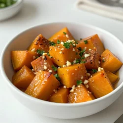 - 1 medium butternut squash, peeled and cut into 1-inch cubes - 3 tablespoons honey - 2 tablespoons extra virgin olive oil - 4 cloves garlic, finely minced - 1 teaspoon ground cinnamon - 1/2 teaspoon ground nutmeg - Sea salt and freshly cracked black pepper, to taste - Fresh parsley, finely chopped (for garnish) You can swap butternut squash with acorn squash for a different taste. Maple syrup works well if you need a honey substitute. Use garlic powder if you lack fresh garlic. If you want a nutty flavor, try adding a sprinkle of ground almonds. For a spicier kick, consider adding a dash of cayenne pepper. You will need a sharp knife for cutting the squash. A large mixing bowl helps in tossing the ingredients. A baking sheet lined with parchment paper promotes easy cleanup. Finally, a spatula will assist in stirring the squash during roasting. {{ingredient_image_2}} To start, grab your medium butternut squash. Peel it carefully with a sharp knife. Then, cut the squash into 1-inch cubes. This size helps it cook evenly. Next, take a large mixing bowl. In this bowl, combine the following ingredients: - 3 tablespoons honey - 2 tablespoons extra virgin olive oil - 4 cloves garlic, finely minced - 1 teaspoon ground cinnamon - 1/2 teaspoon ground nutmeg - Sea salt and freshly cracked black pepper, to taste Add the cubed squash to the bowl. Toss everything well until each piece is coated. This step is key for great flavor. Now, preheat your oven to 400&deg;F (200&deg;C). Line a baking sheet with parchment paper. Spread the coated squash cubes onto the sheet in a single layer. This helps them roast well. Put the baking sheet in the oven. Roast for 25-30 minutes. Stir the squash halfway through. This ensures even cooking and caramelization. You will know it&rsquo;s done when it turns golden brown and is tender. After roasting, take the baking sheet out. Let the squash cool for a few minutes. Just before serving, sprinkle fresh parsley on top for color and flavor. To roast butternut squash perfectly, start by cutting it into even cubes. This helps them cook at the same rate. Preheat your oven to 400&deg;F (200&deg;C). Line your baking sheet with parchment paper. This makes cleanup easy. Spread the squash in a single layer on the sheet. Avoid overcrowding, as this will steam the squash instead of roasting it. Stir the pieces halfway through cooking. This step ensures even caramelization and a rich flavor. I love adding a twist to my honey garlic roasted butternut squash. Try including a pinch of cayenne pepper for heat, or sprinkle some smoked paprika for a deeper taste. You can also swap honey for maple syrup for a different sweetness. Adding nuts like walnuts or pecans gives a lovely crunch. For a fresh touch, consider mixing in some chopped rosemary or thyme. These herbs pair well with the squash and enhance the dish's aroma. A great presentation makes any dish stand out. Serve your roasted butternut squash in a shallow bowl. Drizzle any leftover honey mixture over the top for a glossy finish. Add a sprinkle of freshly chopped parsley for a bright color contrast. You can also use pomegranate seeds for a pop of color and a sweet bite. This not only looks great but also adds texture and flavor, making your dish even more appealing. Pro Tips Choose the Right Squash: Opt for a firm butternut squash with a smooth skin and no blemishes. This ensures the best flavor and texture. Perfectly Minced Garlic: For an even distribution of flavor, ensure your garlic is finely minced. This allows it to caramelize beautifully during roasting. Customize Your Spices: Feel free to experiment with additional spices like cayenne pepper or smoked paprika for a spicy kick or a smoky flavor. Leftovers Storage: Store any leftovers in an airtight container in the fridge for up to three days. Reheat in the oven for the best texture. {{image_4}} You can easily make this dish vegan. Replace honey with maple syrup. This swap keeps the sweet flavor while staying plant-based. You can also use agave syrup if you prefer. As for gluten-free, this recipe is already free from gluten. Just ensure any additional products, like spices, are certified gluten-free. Want to play with flavors? Try adding a dash of cayenne pepper for heat. It gives a nice kick! You can also mix in some balsamic vinegar for a tangy twist. Fresh ginger adds a zesty touch, too. If you love herbs, consider rosemary or thyme. They pair well with the sweetness of the squash. Serve your honey garlic roasted butternut squash as a side dish. It goes great with roasted chicken or grilled fish. You can also add it to salads for extra flavor. If you want a hearty meal, serve it over quinoa or brown rice. For a festive touch, add pomegranate seeds on top before serving. This adds color and a burst of flavor! After enjoying your honey garlic roasted butternut squash, store leftovers in an airtight container. Keep them in the fridge for up to five days. Make sure the squash cools down before sealing the container. This helps keep the flavors fresh and prevents sogginess. To reheat, place the squash on a baking sheet. Preheat your oven to 350&deg;F (175&deg;C). Heat for about 10-15 minutes until warm. You can also use a microwave. Place the squash in a microwave-safe dish and cover it. Heat in short bursts of 30 seconds, stirring in between until warm. You can freeze the roasted butternut squash for later meals. Allow it to cool completely, then transfer it to a freezer-safe container. It will last for up to three months in the freezer. To use, thaw it in the fridge overnight. Reheat as directed above for a tasty dish ready to enjoy! Yes, you can use other squash types. Acorn squash or pumpkin works well. They add unique flavors. Just cut them into 1-inch cubes. Adjust cooking time if needed. Always check for tenderness. You can add spices to boost flavor. Try paprika for a smoky taste. Add cayenne for heat. A pinch of ginger can give warmth. Mix spices into the honey and oil. This allows the flavors to blend well. Serve it warm for the best taste. You can place it in a shallow bowl. Drizzle leftover honey mixture on top. This adds sweetness and shine. Add fresh parsley for color. It makes the dish look vibrant and fresh. In this post, we explored the ingredients needed for honey garlic butternut squash, with tips on substitutes and tools. I detailed the prep, mixing, and roasting steps, along with tricks for perfect results. We discussed variations for dietary needs and how to store your dish properly. Remember, cooking is about joy and creativity. Enjoy making this dish your own! With a little practice, you&rsquo;ll impress everyone with your culinary skills.