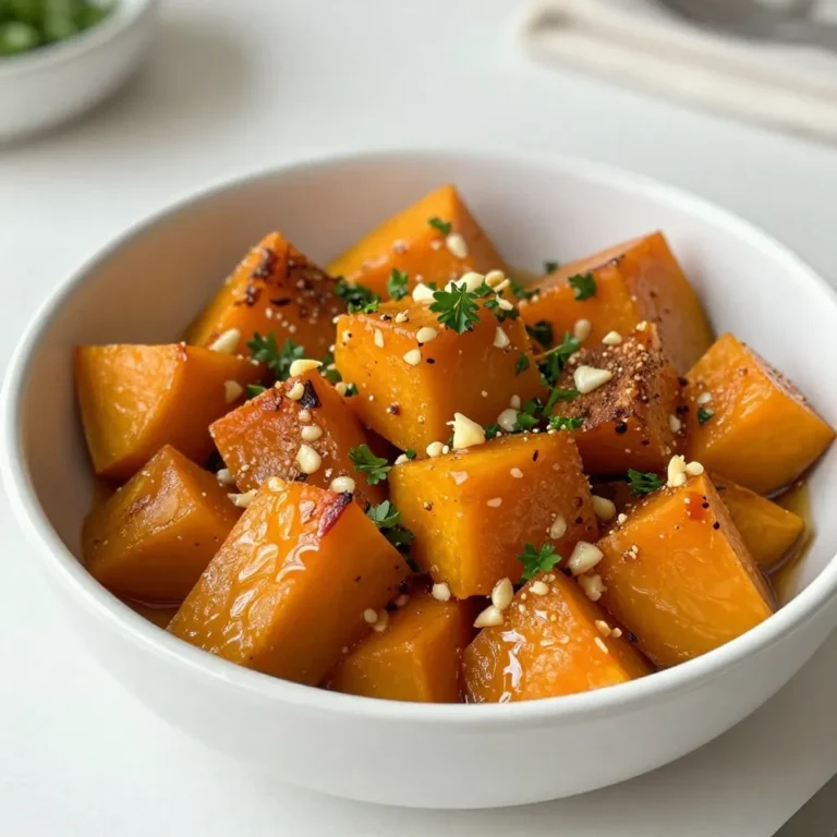 - 1 medium butternut squash, peeled and cut into 1-inch cubes - 3 tablespoons honey - 2 tablespoons extra virgin olive oil - 4 cloves garlic, finely minced - 1 teaspoon ground cinnamon - 1/2 teaspoon ground nutmeg - Sea salt and freshly cracked black pepper, to taste - Fresh parsley, finely chopped (for garnish) You can swap butternut squash with acorn squash for a different taste. Maple syrup works well if you need a honey substitute. Use garlic powder if you lack fresh garlic. If you want a nutty flavor, try adding a sprinkle of ground almonds. For a spicier kick, consider adding a dash of cayenne pepper. You will need a sharp knife for cutting the squash. A large mixing bowl helps in tossing the ingredients. A baking sheet lined with parchment paper promotes easy cleanup. Finally, a spatula will assist in stirring the squash during roasting. {{ingredient_image_2}} To start, grab your medium butternut squash. Peel it carefully with a sharp knife. Then, cut the squash into 1-inch cubes. This size helps it cook evenly. Next, take a large mixing bowl. In this bowl, combine the following ingredients: - 3 tablespoons honey - 2 tablespoons extra virgin olive oil - 4 cloves garlic, finely minced - 1 teaspoon ground cinnamon - 1/2 teaspoon ground nutmeg - Sea salt and freshly cracked black pepper, to taste Add the cubed squash to the bowl. Toss everything well until each piece is coated. This step is key for great flavor. Now, preheat your oven to 400°F (200°C). Line a baking sheet with parchment paper. Spread the coated squash cubes onto the sheet in a single layer. This helps them roast well. Put the baking sheet in the oven. Roast for 25-30 minutes. Stir the squash halfway through. This ensures even cooking and caramelization. You will know it’s done when it turns golden brown and is tender. After roasting, take the baking sheet out. Let the squash cool for a few minutes. Just before serving, sprinkle fresh parsley on top for color and flavor. To roast butternut squash perfectly, start by cutting it into even cubes. This helps them cook at the same rate. Preheat your oven to 400°F (200°C). Line your baking sheet with parchment paper. This makes cleanup easy. Spread the squash in a single layer on the sheet. Avoid overcrowding, as this will steam the squash instead of roasting it. Stir the pieces halfway through cooking. This step ensures even caramelization and a rich flavor. I love adding a twist to my honey garlic roasted butternut squash. Try including a pinch of cayenne pepper for heat, or sprinkle some smoked paprika for a deeper taste. You can also swap honey for maple syrup for a different sweetness. Adding nuts like walnuts or pecans gives a lovely crunch. For a fresh touch, consider mixing in some chopped rosemary or thyme. These herbs pair well with the squash and enhance the dish's aroma. A great presentation makes any dish stand out. Serve your roasted butternut squash in a shallow bowl. Drizzle any leftover honey mixture over the top for a glossy finish. Add a sprinkle of freshly chopped parsley for a bright color contrast. You can also use pomegranate seeds for a pop of color and a sweet bite. This not only looks great but also adds texture and flavor, making your dish even more appealing. Pro Tips Choose the Right Squash: Opt for a firm butternut squash with a smooth skin and no blemishes. This ensures the best flavor and texture. Perfectly Minced Garlic: For an even distribution of flavor, ensure your garlic is finely minced. This allows it to caramelize beautifully during roasting. Customize Your Spices: Feel free to experiment with additional spices like cayenne pepper or smoked paprika for a spicy kick or a smoky flavor. Leftovers Storage: Store any leftovers in an airtight container in the fridge for up to three days. Reheat in the oven for the best texture. {{image_4}} You can easily make this dish vegan. Replace honey with maple syrup. This swap keeps the sweet flavor while staying plant-based. You can also use agave syrup if you prefer. As for gluten-free, this recipe is already free from gluten. Just ensure any additional products, like spices, are certified gluten-free. Want to play with flavors? Try adding a dash of cayenne pepper for heat. It gives a nice kick! You can also mix in some balsamic vinegar for a tangy twist. Fresh ginger adds a zesty touch, too. If you love herbs, consider rosemary or thyme. They pair well with the sweetness of the squash. Serve your honey garlic roasted butternut squash as a side dish. It goes great with roasted chicken or grilled fish. You can also add it to salads for extra flavor. If you want a hearty meal, serve it over quinoa or brown rice. For a festive touch, add pomegranate seeds on top before serving. This adds color and a burst of flavor! After enjoying your honey garlic roasted butternut squash, store leftovers in an airtight container. Keep them in the fridge for up to five days. Make sure the squash cools down before sealing the container. This helps keep the flavors fresh and prevents sogginess. To reheat, place the squash on a baking sheet. Preheat your oven to 350°F (175°C). Heat for about 10-15 minutes until warm. You can also use a microwave. Place the squash in a microwave-safe dish and cover it. Heat in short bursts of 30 seconds, stirring in between until warm. You can freeze the roasted butternut squash for later meals. Allow it to cool completely, then transfer it to a freezer-safe container. It will last for up to three months in the freezer. To use, thaw it in the fridge overnight. Reheat as directed above for a tasty dish ready to enjoy! Yes, you can use other squash types. Acorn squash or pumpkin works well. They add unique flavors. Just cut them into 1-inch cubes. Adjust cooking time if needed. Always check for tenderness. You can add spices to boost flavor. Try paprika for a smoky taste. Add cayenne for heat. A pinch of ginger can give warmth. Mix spices into the honey and oil. This allows the flavors to blend well. Serve it warm for the best taste. You can place it in a shallow bowl. Drizzle leftover honey mixture on top. This adds sweetness and shine. Add fresh parsley for color. It makes the dish look vibrant and fresh. In this post, we explored the ingredients needed for honey garlic butternut squash, with tips on substitutes and tools. I detailed the prep, mixing, and roasting steps, along with tricks for perfect results. We discussed variations for dietary needs and how to store your dish properly. Remember, cooking is about joy and creativity. Enjoy making this dish your own! With a little practice, you’ll impress everyone with your culinary skills.