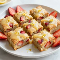 - 1 cup unsalted butter, melted - 1 cup light brown sugar - 1 cup granulated sugar - 2 large eggs, at room temperature - 2 teaspoons pure vanilla extract - 2 cups all-purpose flour, sifted - 1 teaspoon baking powder - &frac12; teaspoon salt - Zest of 2 fresh lemons - 1 cup fresh strawberries, hulled and diced - &frac12; cup fresh lemon juice - &frac12; cup powdered sugar for glaze - 2 tablespoons fresh lemon juice for glaze The ingredients for Strawberry Lemon Blondies create a perfect balance of sweet and tart. The unsalted butter adds richness. Light brown sugar gives a soft, moist texture. Granulated sugar adds just the right sweetness. Using room temperature eggs helps create a smooth batter. Pure vanilla extract enhances the flavor. Sifting the flour keeps the blondies light. Baking powder ensures they rise nicely. Salt is key to bringing out all the flavors. The zest of fresh lemons adds a bright touch. Diced strawberries give a lovely burst of fruitiness. Fresh lemon juice adds tang and keeps the blondies moist. For the glaze, powdered sugar and lemon juice create a sweet and tart topping. This glaze makes the blondies look extra special. Each ingredient plays a role in making these blondies delightful and easy to bake. {{ingredient_image_2}} Set your oven to 350&deg;F (175&deg;C). This is the perfect temperature for baking blondies. Grab a 9x13 inch baking pan. Grease it lightly with butter. You can also line it with parchment paper. This makes it easy to take the blondies out later. In a large mixing bowl, mix the melted butter with both sugars. Use a whisk or a spatula to blend them until smooth. Next, add the eggs one at a time. Mix well after each egg. Then, stir in the vanilla extract for extra flavor. In another bowl, whisk together the flour, baking powder, salt, and lemon zest. Make sure to sift the flour first. This keeps the blondies light and fluffy. Once mixed, slowly add the dry mix to the wet mix. Stir gently to avoid overmixing. Now it's time to add the fun stuff! Fold in the diced strawberries and lemon juice. Be gentle when you mix. You want the strawberries to stay chunky and not break apart too much. Pour the batter into your prepared baking pan. Spread it evenly with a spatula. Bake in the preheated oven for 25-30 minutes. Check if they are done by inserting a toothpick in the center. It should come out clean or with a few crumbs. While the blondies bake, you can make the glaze. In a small bowl, mix the powdered sugar with 2 tablespoons of lemon juice. Whisk until it&rsquo;s smooth. This glaze will add a nice shine and sweetness. Once the blondies are cool, drizzle the glaze over the top. Let it set for a few minutes. Then, slice the blondies into squares. Enjoy your delicious strawberry lemon blondies! To get the best texture in your strawberry lemon blondies, focus on a few key steps. First, make sure to melt the butter until it&rsquo;s warm but not hot. This helps the sugars blend better. Use both light brown sugar and granulated sugar. The brown sugar keeps the blondies moist. When mixing the wet and dry ingredients, stir gently. Overmixing can make your blondies tough. Mix until just combined. This keeps them soft and chewy. Adding diced strawberries last helps maintain their shape. For a lovely display, cut your blondies into neat squares. Arrange them on a pretty platter. Garnish with fresh strawberry slices and a sprinkle of lemon zest. This adds color and a fresh look. Drizzling the glaze over the top makes them extra special. Serve them warm or at room temperature for the best flavor. One common mistake is overmixing the batter. This can lead to dense blondies. Mix just until combined to keep them fluffy. Another mistake is underbaking. Check your blondies a few minutes before the time is up. Insert a toothpick into the center. If it comes out clean or with a few crumbs, they are done. If it has wet batter, give them a few more minutes. Always let them cool completely for the right texture. Pro Tips Use Room Temperature Eggs: Allowing your eggs to reach room temperature before mixing can help the batter emulsify better, resulting in a smoother texture. Don&rsquo;t Overmix the Batter: Mix the dry ingredients into the wet until just combined to prevent the blondies from becoming tough. A few lumps are okay! Check for Doneness: Use a toothpick to test for doneness. It should come out clean or with a few moist crumbs, ensuring your blondies remain soft and chewy. Cool Completely Before Glazing: Let the blondies cool fully before adding the glaze. This helps the glaze set properly and prevents it from sliding off. {{image_4}} You can change up the fruit in your blondies. Try using blueberries or raspberries instead of strawberries. If you want to use tropical flavors, diced mango or pineapple adds a fun twist. Each fruit brings its own taste and makes your blondies special. You can also mix different fruits for a colorful treat. Just keep the same amount of fruit to keep the texture right. Want to add more flavor? Use almond extract for a nutty taste. Coconut extract can add a lovely tropical note. You could even add a touch of cinnamon for warmth. Each of these options will change the flavor profile. You can experiment to find your favorite mix. Just remember, a little goes a long way. To make gluten-free strawberry lemon blondies, swap all-purpose flour with a gluten-free blend. Look for a blend that includes xanthan gum. This will help mimic the texture of regular flour. You should follow the same steps in the recipe. Your blondies will still taste amazing, and they will be safe for those who cannot eat gluten. To keep your strawberry lemon blondies fresh, store them in an airtight container. This will lock in moisture and flavor. Line the container with parchment paper for easy removal. Place a piece of wax paper between the blondies if you stack them. This prevents them from sticking together. You can freeze blondies for a longer shelf life. First, let them cool completely. Once cool, cut them into squares. Wrap each square tightly in plastic wrap. Then, place them in a freezer-safe bag or container. When you're ready to enjoy, thaw them in the fridge overnight. You can also heat them in the microwave for a warm treat. When stored properly, your blondies will last about 5 days at room temperature. If you refrigerate them, they can last up to a week. In the freezer, they can stay good for about 3 months. Always check for any off smells or changes in texture before eating. Yes, you can use frozen strawberries. Just thaw and drain them first. This helps avoid excess moisture. Chopped pieces should be about the same size as fresh ones. This way, they mix well into the batter. To check if the blondies are done, use a toothpick. Insert the toothpick into the center of the blondies. If it comes out clean or with a few crumbs, they are ready. Keep an eye on the time too. Bake for 25 to 30 minutes. You can definitely add nuts! Chopped walnuts or pecans work well. Fold them into the batter along with the strawberries. This adds a nice crunch and depth of flavor to the blondies. If you need an egg substitute, use flaxseed meal or applesauce. For one egg, mix one tablespoon of flaxseed meal with three tablespoons of water. Let it sit for a few minutes. For applesauce, use a quarter cup for one egg. This helps keep the blondies moist. In this blog post, I covered how to make delicious strawberry lemon blondies. We went through each step, from gathering ingredients to baking and glazing. Following my tips, like avoiding overmixing, helps you achieve the perfect texture. Remember, you can also mix in different fruits or make them gluten-free. Enjoy sharing these tasty treats with friends and family. Whether for a party or a snack, these blondies are sure to impress!