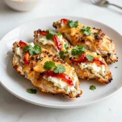 - 4 boneless, skinless chicken breasts - 1 cup shredded pepper jack cheese - 1/2 cup cream cheese, softened - 1/2 cup roasted red peppers, finely chopped - 2 cloves garlic, minced - 1 teaspoon smoked paprika - Salt and freshly ground black pepper, to taste - 2 tablespoons olive oil - Fresh cilantro, chopped, for garnish (optional) Using fresh peppers gives a brighter flavor. Roasted red peppers add sweetness and depth. If you use canned peppers, rinse them first to remove excess brine. For cheese, pepper jack adds spice, but you can also use Monterey Jack or mild cheddar for a different taste. Serve your stuffed chicken with a light salad to balance the richness. Steamed rice works well, too, soaking up any tasty juices. Roasted veggies are a great option for added flavor and color on the plate. {{ingredient_image_2}} Start by preheating your oven to 375&deg;F (190&deg;C). This step is important because it ensures that your chicken cooks evenly. While the oven heats, grab an oven-safe skillet. You will use this skillet for searing the chicken and then moving it to the oven. In a large mixing bowl, combine the following ingredients: - 1 cup shredded pepper jack cheese - 1/2 cup cream cheese, softened - 1/2 cup roasted red peppers, finely chopped - 2 cloves garlic, minced - 1 teaspoon smoked paprika - Salt and freshly ground black pepper, to taste Mix these ingredients until you have a creamy filling. Make sure all the flavors blend well together. Next, take your chicken breasts and carefully slice a pocket into each one. Use a sharp knife to cut horizontally, but do not cut all the way through. This helps keep the stuffing inside. Now, take a spoon and fill each pocket with the cheese mixture. Press gently to keep the filling from spilling out. If needed, use toothpicks to secure the openings. In your skillet, heat 2 tablespoons of olive oil over medium heat. Wait until the oil shimmers but does not smoke. Place the stuffed chicken breasts in the skillet and sear them for about 4-5 minutes on each side. You want them to turn golden brown. This step adds great flavor. After browning, transfer the skillet to your preheated oven. Bake for 20-25 minutes. The chicken is done when it reaches an internal temperature of 165&deg;F (75&deg;C) and the juices run clear. Once baked, remove the skillet from the oven and let the chicken rest for 5 minutes. This helps the juices stay inside the meat. Before serving, take out any toothpicks. For a nice presentation, slice the stuffed chicken and place it on a serving platter. If you like, garnish with freshly chopped cilantro for added color and flavor. Enjoy your flavorful dinner delight! To keep your chicken moist, start with fresh, high-quality breasts. You can brine them in a saltwater mix for 30 minutes before cooking. This simple step helps lock in moisture. Also, cook the chicken to the right temperature. Aim for an internal temperature of 165&deg;F (75&deg;C). Overcooking will dry it out. Lastly, let the chicken rest for five minutes after baking. This step helps the juices redistribute, making each bite tender and juicy. You can easily boost the flavor of your stuffed chicken. Adding spices like cumin or chili powder can give it a nice kick. Fresh herbs like cilantro or parsley can brighten up the dish. Consider using Italian herbs like basil or oregano for a different twist. Smoked paprika adds depth, but you can swap it for regular paprika if you prefer. Mixing in some lime juice can also add a fresh flavor profile. Using the right tools makes the cooking process smoother. Toothpicks help hold the chicken closed, so the filling stays inside. An oven-safe skillet is ideal for searing and baking in one pan. This saves time and reduces cleanup. A sharp knife is essential for cutting the pockets in the chicken. A meat thermometer ensures perfect cooking every time. These simple tools can elevate your cooking experience and help you create a delicious meal. Pro Tips Use Fresh Ingredients: Fresh roasted red peppers and high-quality cheeses enhance the flavor and texture of the dish, making it more vibrant and delicious. Don&rsquo;t Overstuff: While it&rsquo;s tempting to add more filling, overstuffing can cause the chicken to burst during cooking. Aim for a generous amount that will stay contained. Let It Rest: Allowing the chicken to rest for a few minutes after baking helps the juices redistribute, resulting in a juicier and more flavorful bite. Experiment with Spices: Feel free to add your favorite spices or herbs to the cheese mixture to customize the flavor profile. Cumin or chili powder can add a nice kick! {{image_4}} You can switch up the cheese in this dish. Monterey Jack adds a mild flavor and melts well. It creates a creamy texture. Cheddar gives a sharp taste that contrasts nicely with the filling. Both cheeses can work well with the other ingredients. Feel free to mix and match to find your favorite! You can get creative with the stuffing. Spinach adds a healthy green touch and pairs well with cheese. Jalape&ntilde;os bring heat and excitement to each bite. If you love bacon, try adding crispy bits for a smoky flavor. Mix and match these options for a unique twist on the classic recipe. You don't have to bake this chicken. Grilling gives it a nice char and smoky flavor. Just preheat your grill and cook the stuffed chicken until done. Air frying is another option. It cooks quickly and makes the chicken crispy on the outside. Choose the method that fits your kitchen and taste! After you enjoy your Pepper Jack stuffed chicken, store any leftovers quickly. Place the chicken in an airtight container. This keeps moisture in and prevents drying out. You can store it in the fridge for up to three days. If you want to keep it longer, freezing is a great option. When reheating, you want to keep the chicken juicy. Preheat your oven to 350&deg;F (175&deg;C). Place the chicken on a baking dish, cover it with foil, and heat for about 15-20 minutes. This method helps keep the chicken moist and the cheese creamy. If you prefer the microwave, use a low power setting and cover the chicken to avoid drying it out. To freeze, wrap each piece of stuffed chicken tightly in plastic wrap. Then place them in a freezer-safe bag. This helps prevent freezer burn. You can keep it in the freezer for up to three months. When you're ready to eat, thaw the chicken in the fridge overnight. This slow thawing keeps the texture nice. After thawing, reheat using the tips above for best results. To check if your chicken is done, use a meat thermometer. The safe internal temperature should reach 165&deg;F (75&deg;C). You can also slice the chicken to see if the juices run clear. If you see any pink, it needs more time. Remember to let it rest for five minutes after baking. This helps keep the chicken juicy. Yes, you can prepare the stuffed chicken ahead of time. Stuff the chicken and cover it well. Store it in the fridge for up to 24 hours before cooking. When you're ready to cook, just sear and bake as directed. This makes dinner easy on busy nights! This dish pairs well with many sides. A light salad adds freshness. Steamed rice or quinoa helps soak up the tasty juices. Roasted veggies also make a great choice. Feel free to mix and match to suit your taste! Yes, you can use bone-in chicken. Just remember to adjust the cooking time. Bone-in chicken takes longer to cook. Make sure the internal temperature still reaches 165&deg;F (75&deg;C). Also, you might need to make a bigger pocket for the stuffing. Enjoy the extra flavor the bone adds! In this blog post, we explored the ingredients for Pepper Jack Stuffed Chicken and some options for sides. I shared step-by-step instructions to help you prepare the dish. You learned tips to keep the chicken moist and flavorful. We also discussed variations to suit your taste and storage info for leftovers. Remember, cooking is fun and allows you to try new things. With these tips, you can create a delicious meal everyone will enjoy. Happy cooking!