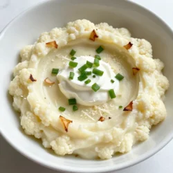 - 1 large head of cauliflower, cut into evenly sized florets - 4 cloves garlic, peeled and left whole - 1/4 cup cream cheese, softened to room temperature - 1/4 cup sour cream - 2 tablespoons unsalted butter, at room temperature These main ingredients form the base of our creamy garlic mashed cauliflower. The cauliflower provides a light and fluffy texture. Garlic adds a savory flavor that makes this dish shine. Cream cheese, sour cream, and butter bring a rich creaminess that elevates the dish. - 1/4 cup grated Parmesan cheese - Fresh chives, finely chopped, for garnishing Adding grated Parmesan gives a nice depth to the flavor. Fresh chives not only look great but also add a fresh, onion-like taste. These ingredients are not needed, but they can enhance your dish. - Salt and black pepper Salt and pepper are key to bringing out the flavors in this dish. You can adjust the amount based on your taste. A pinch of salt and a sprinkle of pepper can make a big difference. {{ingredient_image_2}} Start by cutting the cauliflower into small, even florets. This helps them cook evenly. Next, put enough salted water in a large pot to cover the florets. Bring the water to a rolling boil. Carefully add the cauliflower and garlic cloves. Cook for 10-12 minutes. You want the cauliflower to be fork-tender and the garlic soft. Once cooked, pour the cauliflower and garlic into a colander. Make sure to drain all the water. After draining, return them to the pot. Let them sit for about one minute. This step helps any extra moisture escape. Now, it&rsquo;s time to mash! You can use a potato masher for a rustic texture. If you prefer smooth, use an immersion blender. Blend the cauliflower and garlic until creamy. Then, add the softened cream cheese, sour cream, and room temperature butter. Mix well until all ingredients blend together. For added flavor, fold in the grated Parmesan cheese if you want. This step is optional but gives a rich taste. Now, season with salt and freshly ground black pepper. Taste as you go. Adjust the seasoning until it's just right for you. Scoop the creamy mashed cauliflower into a serving bowl. For a beautiful finish, top it with finely chopped fresh chives. This adds a nice touch and a pop of color. You can also create a small well in the center and drizzle olive oil or melted butter for extra richness. Enjoy this delightful side dish! To get that smooth, creamy texture, start with warm ingredients. Cold cream cheese or butter can cause lumps. I recommend letting your cream cheese and butter sit out before you begin. This trick makes mixing easy and quick. When you blend, keep mashing until you see no lumps. To elevate your creamy garlic mashed cauliflower, think beyond garlic. You can add fresh herbs like thyme or rosemary for a new twist. A pinch of nutmeg also brings warmth. If you like some heat, consider a dash of cayenne pepper or smoked paprika. These spices add depth to the dish, making every bite exciting. Serving this dish can be fun and creative. For a beautiful look, use a serving bowl that contrasts with the cauliflower's color. Create a small well in the center of the mash. Drizzle some olive oil or melted butter in this well. Top with extra chives or Parmesan to impress your guests. A simple touch makes it elegant and inviting. Pro Tips Choose the Right Cauliflower: Opt for a large, firm head of cauliflower with tightly packed florets for the best texture and flavor. Control the Creaminess: Adjust the amount of cream cheese and sour cream based on your preference for creaminess and tanginess. Enhance the Garlic Flavor: For a stronger garlic flavor, roast the garlic cloves before adding them to the cauliflower for a sweeter, more mellow taste. Garnish Creatively: Experiment with different herbs like parsley or dill for garnishing to add a fresh twist to the dish. {{image_4}} To make this dish dairy-free, swap out the cream cheese and sour cream. You can use cashew cream or coconut cream instead. Both options give a rich, creamy flavor that works well. You can blend soaked cashews with water until smooth. This change keeps the texture and taste amazing while making it dairy-free. Want to boost nutrition? Add other veggies! Spinach and broccoli are great choices. For spinach, just stir it in after mashing. It wilts down quickly, adding color and health benefits. For broccoli, steam it separately and mix it in with the cauliflower. This adds a fun crunch and extra flavor. If you enjoy heat, you can spice it up! Add red pepper flakes to the mix. Start with a pinch and taste as you go. You can also add jalape&ntilde;os or hot sauce for more kick. A little spice brings a new depth to the creamy garlic flavor. Store your creamy garlic mashed cauliflower in airtight containers. This keeps it fresh and tasty. Let it cool before sealing to avoid steam buildup. You can keep it in the fridge for up to three days. For best taste, use it sooner rather than later. When reheating, make sure to add a splash of cream or milk. This helps keep it creamy and smooth. Stir it often over low heat. You can also use the microwave. Heat it in short bursts, stirring in between. This way, it warms evenly without drying out. To freeze mashed cauliflower, let it cool completely first. Place it in freezer-safe bags or containers. Remove as much air as possible to prevent freezer burn. It can last up to three months in the freezer. When ready to eat, thaw it overnight in the fridge. Reheat as mentioned above to restore its creamy texture. Yes, you can prepare creamy garlic mashed cauliflower ahead of time. To do this, follow these tips: - Cook and Mash: Make the mashed cauliflower as usual. Let it cool slightly. - Store: Place it in an airtight container. Refrigerate for up to three days. - Reheat: Warm it in the microwave or on the stove. Add a splash of cream or butter to keep it creamy. This recipe saves well and allows you to enjoy it later. Yes, creamy garlic mashed cauliflower is low in carbs. Here&rsquo;s why: - Cauliflower: This vegetable has fewer carbs than potatoes. A cup of cauliflower has about 5 grams of carbs. - Creamy Add-ins: The cream cheese and sour cream add richness but keep the carb count low. This dish is perfect if you're watching your carb intake. You can pair this dish with many main courses. Here are some great options: - Grilled Chicken: The creamy texture balances the flavors of grilled chicken. - Steak: Mashed cauliflower complements the richness of steak. - Roasted Vegetables: Pair it with seasonal roasted veggies for a colorful plate. Feel free to mix and match your favorite dishes for a complete meal! In this post, we explored how to make creamy garlic mashed cauliflower. We covered key ingredients like cauliflower, garlic, and cream cheese. You learned step-by-step instructions for preparation, mashing, and seasoning. Helpful tips showed how to get the best texture and flavor. I also shared options for variations and storage advice. Creamy garlic mashed cauliflower is a tasty and versatile dish. Feel free to experiment with flavors and serve it however you like!