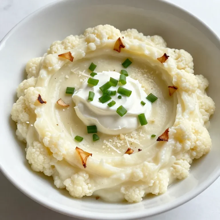 - 1 large head of cauliflower, cut into evenly sized florets - 4 cloves garlic, peeled and left whole - 1/4 cup cream cheese, softened to room temperature - 1/4 cup sour cream - 2 tablespoons unsalted butter, at room temperature These main ingredients form the base of our creamy garlic mashed cauliflower. The cauliflower provides a light and fluffy texture. Garlic adds a savory flavor that makes this dish shine. Cream cheese, sour cream, and butter bring a rich creaminess that elevates the dish. - 1/4 cup grated Parmesan cheese - Fresh chives, finely chopped, for garnishing Adding grated Parmesan gives a nice depth to the flavor. Fresh chives not only look great but also add a fresh, onion-like taste. These ingredients are not needed, but they can enhance your dish. - Salt and black pepper Salt and pepper are key to bringing out the flavors in this dish. You can adjust the amount based on your taste. A pinch of salt and a sprinkle of pepper can make a big difference. {{ingredient_image_2}} Start by cutting the cauliflower into small, even florets. This helps them cook evenly. Next, put enough salted water in a large pot to cover the florets. Bring the water to a rolling boil. Carefully add the cauliflower and garlic cloves. Cook for 10-12 minutes. You want the cauliflower to be fork-tender and the garlic soft. Once cooked, pour the cauliflower and garlic into a colander. Make sure to drain all the water. After draining, return them to the pot. Let them sit for about one minute. This step helps any extra moisture escape. Now, it’s time to mash! You can use a potato masher for a rustic texture. If you prefer smooth, use an immersion blender. Blend the cauliflower and garlic until creamy. Then, add the softened cream cheese, sour cream, and room temperature butter. Mix well until all ingredients blend together. For added flavor, fold in the grated Parmesan cheese if you want. This step is optional but gives a rich taste. Now, season with salt and freshly ground black pepper. Taste as you go. Adjust the seasoning until it's just right for you. Scoop the creamy mashed cauliflower into a serving bowl. For a beautiful finish, top it with finely chopped fresh chives. This adds a nice touch and a pop of color. You can also create a small well in the center and drizzle olive oil or melted butter for extra richness. Enjoy this delightful side dish! To get that smooth, creamy texture, start with warm ingredients. Cold cream cheese or butter can cause lumps. I recommend letting your cream cheese and butter sit out before you begin. This trick makes mixing easy and quick. When you blend, keep mashing until you see no lumps. To elevate your creamy garlic mashed cauliflower, think beyond garlic. You can add fresh herbs like thyme or rosemary for a new twist. A pinch of nutmeg also brings warmth. If you like some heat, consider a dash of cayenne pepper or smoked paprika. These spices add depth to the dish, making every bite exciting. Serving this dish can be fun and creative. For a beautiful look, use a serving bowl that contrasts with the cauliflower's color. Create a small well in the center of the mash. Drizzle some olive oil or melted butter in this well. Top with extra chives or Parmesan to impress your guests. A simple touch makes it elegant and inviting. Pro Tips Choose the Right Cauliflower: Opt for a large, firm head of cauliflower with tightly packed florets for the best texture and flavor. Control the Creaminess: Adjust the amount of cream cheese and sour cream based on your preference for creaminess and tanginess. Enhance the Garlic Flavor: For a stronger garlic flavor, roast the garlic cloves before adding them to the cauliflower for a sweeter, more mellow taste. Garnish Creatively: Experiment with different herbs like parsley or dill for garnishing to add a fresh twist to the dish. {{image_4}} To make this dish dairy-free, swap out the cream cheese and sour cream. You can use cashew cream or coconut cream instead. Both options give a rich, creamy flavor that works well. You can blend soaked cashews with water until smooth. This change keeps the texture and taste amazing while making it dairy-free. Want to boost nutrition? Add other veggies! Spinach and broccoli are great choices. For spinach, just stir it in after mashing. It wilts down quickly, adding color and health benefits. For broccoli, steam it separately and mix it in with the cauliflower. This adds a fun crunch and extra flavor. If you enjoy heat, you can spice it up! Add red pepper flakes to the mix. Start with a pinch and taste as you go. You can also add jalapeños or hot sauce for more kick. A little spice brings a new depth to the creamy garlic flavor. Store your creamy garlic mashed cauliflower in airtight containers. This keeps it fresh and tasty. Let it cool before sealing to avoid steam buildup. You can keep it in the fridge for up to three days. For best taste, use it sooner rather than later. When reheating, make sure to add a splash of cream or milk. This helps keep it creamy and smooth. Stir it often over low heat. You can also use the microwave. Heat it in short bursts, stirring in between. This way, it warms evenly without drying out. To freeze mashed cauliflower, let it cool completely first. Place it in freezer-safe bags or containers. Remove as much air as possible to prevent freezer burn. It can last up to three months in the freezer. When ready to eat, thaw it overnight in the fridge. Reheat as mentioned above to restore its creamy texture. Yes, you can prepare creamy garlic mashed cauliflower ahead of time. To do this, follow these tips: - Cook and Mash: Make the mashed cauliflower as usual. Let it cool slightly. - Store: Place it in an airtight container. Refrigerate for up to three days. - Reheat: Warm it in the microwave or on the stove. Add a splash of cream or butter to keep it creamy. This recipe saves well and allows you to enjoy it later. Yes, creamy garlic mashed cauliflower is low in carbs. Here’s why: - Cauliflower: This vegetable has fewer carbs than potatoes. A cup of cauliflower has about 5 grams of carbs. - Creamy Add-ins: The cream cheese and sour cream add richness but keep the carb count low. This dish is perfect if you're watching your carb intake. You can pair this dish with many main courses. Here are some great options: - Grilled Chicken: The creamy texture balances the flavors of grilled chicken. - Steak: Mashed cauliflower complements the richness of steak. - Roasted Vegetables: Pair it with seasonal roasted veggies for a colorful plate. Feel free to mix and match your favorite dishes for a complete meal! In this post, we explored how to make creamy garlic mashed cauliflower. We covered key ingredients like cauliflower, garlic, and cream cheese. You learned step-by-step instructions for preparation, mashing, and seasoning. Helpful tips showed how to get the best texture and flavor. I also shared options for variations and storage advice. Creamy garlic mashed cauliflower is a tasty and versatile dish. Feel free to experiment with flavors and serve it however you like!