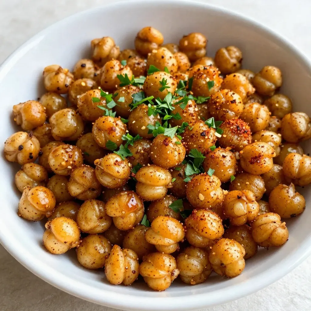 - 1 can (15 oz) chickpeas - 2 tablespoons olive oil - 1 tablespoon ranch seasoning mix - 1 teaspoon garlic powder - 1 teaspoon onion powder - ½ teaspoon smoked paprika - Salt and pepper to taste - Fresh parsley, finely chopped Ranch roasted chickpeas are a fun and tasty snack. You only need a few key ingredients. Start with a can of chickpeas. They are a great source of protein and fiber. Make sure to rinse and drain them well. Next, grab some olive oil. This adds healthy fats and helps the seasoning stick. You will also need ranch seasoning. You can buy this at the store or make your own. It gives the chickpeas their zesty flavor. Now, let’s not forget the spices. Garlic powder and onion powder add depth to the taste. Smoked paprika gives a nice touch of warmth. Adjust the salt and pepper to your liking for the perfect balance. If you want to add a pop of color, use fresh parsley. It makes the dish look great and adds freshness. With these ingredients, you’re ready to make a crunchy and flavorful snack! {{ingredient_image_2}} First, preheat your oven to 400°F (200°C). This heat gets the chickpeas nice and crispy. Next, line a baking sheet with parchment paper. This step stops the chickpeas from sticking. Open a can of chickpeas and drain them. Rinse them well under cold water. Now, dry the chickpeas with a clean towel. This drying helps them become crunchy when cooked. In a large bowl, mix olive oil, ranch seasoning, garlic powder, onion powder, smoked paprika, and some salt and pepper. Whisk this together until it’s smooth. Now add your dried chickpeas to the bowl. Toss them gently in the seasoning mix. Make sure every chickpea is coated well with flavor. Spread the coated chickpeas on the lined baking sheet. Make sure they are in a single layer. This way, they roast evenly. Place the baking sheet in the oven and roast for about 25 to 30 minutes. Halfway through, shake the pan to help them cook evenly. When they turn golden and crispy, they are ready to enjoy! You can make your own ranch seasoning at home. Here’s a simple recipe: - 1 tablespoon dried dill - 1 teaspoon onion powder - 1 teaspoon garlic powder - 1 teaspoon dried parsley - ½ teaspoon salt - ½ teaspoon black pepper Mix all the spices in a bowl. This gives you full control over the taste. You can change spice levels based on your taste. Want it spicier? Add more black pepper. Prefer it milder? Reduce the garlic powder. If you want to try something different, consider these flavor ideas: - Southwest Seasoning Blend: Mix in chili powder, cumin, and paprika for a warm kick. This blend adds a fun twist to your snack. - Garlic and Herb Variation: Use more garlic powder and add Italian herbs. This makes the chickpeas taste fresh and fragrant. Feel free to mix and match spices. Experimenting can lead to your new favorite flavor. You don’t have to stick to the oven. Here are two other ways to prepare your ranch roasted chickpeas: - Air Fryer Instructions: Preheat your air fryer to 400°F (200°C). Toss the chickpeas with the seasoning and place them in the fryer basket. Cook for about 15-20 minutes, shaking halfway to ensure even crispiness. - Stovetop Sautéing Method: Heat a skillet over medium heat. Add olive oil and the seasoned chickpeas. Cook for 10-12 minutes, stirring often until they are golden and crunchy. These methods offer great options based on your kitchen tools. Each way gives you that crunchy texture you love! Pro Tips Dry Chickpeas Thoroughly: Ensuring your chickpeas are completely dry before tossing them in oil and seasoning is key to achieving maximum crispiness. Customizing Seasoning: Feel free to experiment with different spices or seasoning blends to create your own unique flavor profile for the roasted chickpeas. Perfect Roasting Temperature: Roasting at 400°F gives you the ideal balance of crispy exteriors and tender interiors, so don’t be tempted to lower the heat. Storage Tips: Store any leftover chickpeas in an airtight container at room temperature for up to 3 days to maintain their crispness. {{image_4}} To keep leftover roasted chickpeas fresh, store them in airtight containers. This helps keep out air and moisture. For maintaining that perfect crunch, you can add a paper towel inside the container. It absorbs any extra moisture and keeps the chickpeas crisp. Stored properly, roasted chickpeas stay fresh for about 3 to 5 days. After this time, they might lose their crunch. Signs of spoilage include a change in texture or an off smell. If you notice any of these signs, it's best to toss them out. To reheat your chickpeas without losing crunch, use the oven. Preheat it to 350°F (175°C) and spread the chickpeas on a baking sheet. Heat for about 10 minutes. Avoid using the microwave, as it makes them soggy. Keeping the heat low helps maintain that delightful crunch. It takes about 10 minutes to prep and 30 minutes to cook. In total, you need around 40 minutes. This includes time for drying, mixing, and roasting. It’s a quick and easy snack! Yes, you can use dried chickpeas! First, soak them overnight in water. After soaking, drain and rinse them. Then, cook them in boiling water for about 1 to 1.5 hours until tender. Make sure to cool them down before using in the recipe. You can serve Ranch Roasted Chickpeas as a snack or side dish. They pair well with: - Fresh veggie sticks - Hummus or ranch dip - A crisp salad - Your favorite sandwich Many brands offer ready-made Ranch Roasted Chickpeas. Look for them at: - Grocery stores in the snack aisle - Health food stores - Online retailers like Amazon or specialty food sites Check for brands like Biena or The Good Bean. They often have tasty options! Ranch roasted chickpeas are a tasty and healthy snack. We explored key ingredients like chickpeas, olive oil, and ranch seasoning. The step-by-step guide helped you roast them perfectly crispy, while tips enhanced their flavor and presentation. You can experiment with flavors and cooking methods, too. Store leftovers properly to keep them fresh. Enjoy your crunchy treats and share them with friends or family!