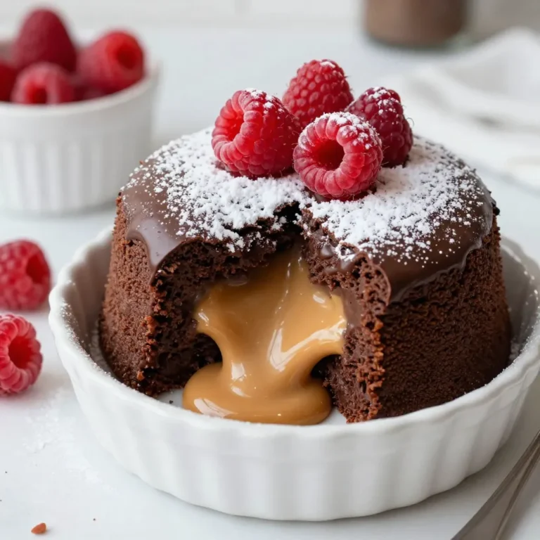 Here’s what you need for the chocolate peanut butter lava cake: - ½ cup unsalted butter, plus extra for greasing - 1 cup semi-sweet chocolate chips - 2 large eggs - 2 large egg yolks - ½ cup granulated sugar - ½ cup all-purpose flour - ½ teaspoon pure vanilla extract - ¼ teaspoon fine sea salt - ½ cup creamy peanut butter - Optional: powdered sugar and fresh raspberries for garnish These simple ingredients create a rich and gooey dessert. The unsalted butter and chocolate chips form the base. Eggs and sugar provide the structure and sweetness. Flour gives the cake its body, while vanilla and salt enhance the flavors. Creamy peanut butter adds a delightful surprise in the center. You can sprinkle powdered sugar on top for a touch of elegance. Fresh raspberries also add color and a tart contrast. When you gather these ingredients, ensure they are fresh for the best taste. The quality of chocolate matters too. Choose semi-sweet chocolate chips that you enjoy eating. This cake is all about indulgence, and using good ingredients makes a big difference. {{ingredient_image_2}} 1. Preheat your oven to 425°F (220°C). 2. Grease four ramekins with unsalted butter. Dust them lightly with flour. This helps the cakes come out easily. 3. In a medium saucepan, melt ½ cup of unsalted butter and 1 cup of semi-sweet chocolate chips over low heat. Stir until smooth. Remove from heat and let cool for a few minutes. 4. In a large bowl, whisk together 2 large eggs, 2 large egg yolks, and ½ cup of granulated sugar. Whisk until the mixture is pale and fluffy, about 3-4 minutes. 5. Slowly pour the cooled chocolate mixture into the egg mixture. Add ½ teaspoon of pure vanilla extract and ¼ teaspoon of fine sea salt. Stir gently until smooth. 6. Carefully fold in ½ cup of all-purpose flour with a spatula. Be gentle to keep the batter light. 7. Pour half of the batter into the ramekins, filling them halfway. 8. Add ½ cup of creamy peanut butter, placing a generous tablespoon in the center of each ramekin. Cover with the remaining batter, filling them to the top. 9. Place the ramekins on a baking sheet. Bake in the preheated oven for 12-14 minutes. The edges should be set, but the centers must remain soft and jiggly. 10. Remove the ramekins from the oven. Let them cool for 1-2 minutes. Invert each ramekin onto a dessert plate, tapping gently to release the cake. 11. For a nice finish, dust with powdered sugar and add fresh raspberries on top for color and flavor. This recipe takes about 15 minutes to prep and 25 minutes total. You’ll serve four lucky friends or family members. Enjoy the warm, gooey center! To make the best chocolate peanut butter lava cake, watch your baking time. Bake for 12 to 14 minutes. If you bake too long, the center will cook through. You want it soft and gooey in the middle. Do not overmix your batter. When you fold in the flour, use a spatula. Mix just until you see no dry flour. Overmixing can make the cake dense. You want it light and airy. Filling the ramekins is a fun part. First, fill each ramekin halfway with batter. Then, add a spoonful of creamy peanut butter in the center. Finally, cover it with the rest of the batter. Make sure to leave some space for the cake to rise. Serve your lava cake warm to get the gooey center. When you flip it onto a plate, the magic happens. The center should flow out like a little river of chocolate and peanut butter. For a tasty twist, add a scoop of vanilla ice cream. The cold ice cream pairs well with the warm cake. You can also top it with whipped cream. Both choices add a nice touch that makes the dessert even better. Pro Tips Perfectly Greased Ramekins: Ensure that your ramekins are well-greased and dusted with flour to prevent the cakes from sticking. Chocolate Quality Matters: Use high-quality semi-sweet chocolate chips for the richest flavor and best texture in your lava cakes. Don’t Overbake: Keep a close eye on the baking time; the centers should be soft and jiggly for that signature molten lava effect. Serving Temperature: Serve the lava cakes warm for the best experience, and consider adding ice cream or whipped cream to enhance the dessert. {{image_4}} You can easily switch the flavor of your lava cake. Try using dark chocolate instead of semi-sweet chocolate. Dark chocolate gives a richer taste. It also adds a nice depth to the dessert. You might find it more satisfying. Another fun idea is to add different nut butters. While peanut butter is great, almond or cashew butter can change the game. Each nut butter brings a unique flavor. You can enjoy a new twist on the classic recipe. If you need gluten-free options, you can use almond flour instead of all-purpose flour. This keeps the cake light and tasty. Just make sure you mix it gently. For vegan adaptations, swap out the eggs. You can use flax eggs or applesauce in place of the eggs. Also, use vegan butter and dairy-free chocolate chips. This way, everyone can indulge without worry. To store leftover lava cakes, let them cool first. Place them in an airtight container. You can keep them in the fridge for up to three days. When you're ready to eat, just take them out and enjoy! To freeze the lava cakes, wrap each one tightly in plastic wrap. Then, place them in a freezer-safe bag. They can last in the freezer for up to three months. When you're ready to eat, thaw them in the fridge overnight. For the best texture, reheat the cakes in the oven. Preheat the oven to 350°F (175°C). Place the lava cakes on a baking sheet and warm them for about 10-12 minutes. This method keeps the centers gooey and delicious. You can also use the microwave if you're short on time. Heat them for about 30 seconds, but be careful not to overdo it! How do I know when the lava cake is done? You know the lava cake is done when the edges are set and the center is soft. It should jiggle slightly when you shake it. Baking takes about 12 to 14 minutes. Watch closely to avoid overbaking. Can I make these ahead of time? Yes, you can prepare the batter ahead of time. Fill the ramekins and cover them. Store in the fridge for up to 24 hours. Just bake them when you are ready to serve. What should I serve with chocolate peanut butter lava cake? Serve it warm for the best taste. A scoop of vanilla ice cream or whipped cream pairs well. Fresh raspberries add color and a tart taste that balances the sweetness. Can I use different sizes of ramekins? You can use different sizes, but adjust the baking time. Smaller ramekins will bake faster, while larger ones may take longer. Check for doneness by the jiggle test. What is the best way to reheat lava cakes? To reheat, place the lava cakes in the oven at 350°F (175°C) for about 5-7 minutes. This keeps the center gooey while warming the cake. Avoid microwaving, as it can lead to uneven heating. You learned how to make a delicious chocolate peanut butter lava cake. This dessert uses simple ingredients like unsalted butter, eggs, and semi-sweet chocolate chips. Follow the steps closely for perfect baked results. Remember to avoid overmixing for the best texture. Feel free to explore fun variations and dietary options. Store leftovers correctly to enjoy them later. By mastering these tips, you can create a delightful treat for friends or family. Enjoy sharing your lava cake experience!