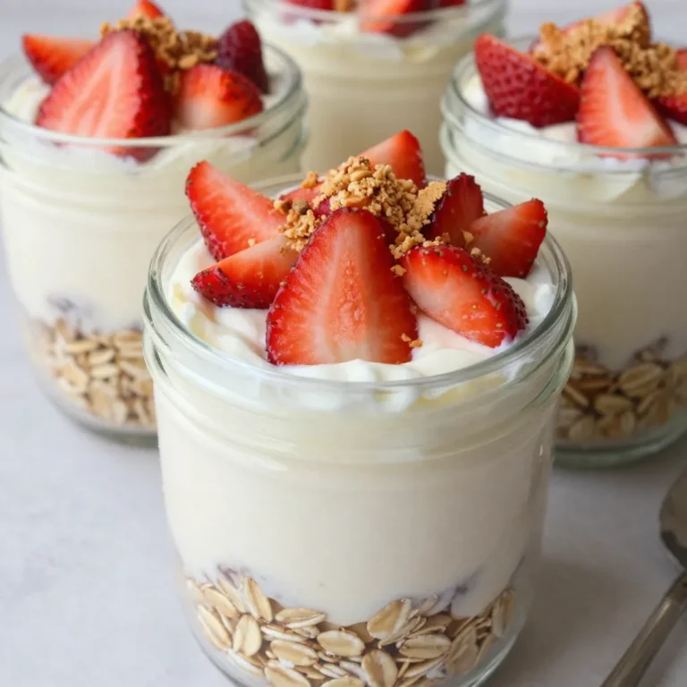 - 1 cup rolled oats - 1 cup almond milk (or your choice of milk) - 1/2 cup Greek yogurt (plain or vanilla) - 1 tablespoon cream cheese, softened - 2 tablespoons honey or maple syrup (adjust to taste) - 1 teaspoon vanilla extract - 1/2 cup fresh strawberries, diced, plus extra for garnish - 2 tablespoons crushed graham crackers (for topping) - Optional: 1 tablespoon chia seeds The base of these Strawberry Cheesecake Overnight Oats is simple yet delicious. The rolled oats soak up the almond milk, making them soft and creamy. Greek yogurt adds a nice tang. Cream cheese enhances the cheesecake flavor, while honey or maple syrup brings sweetness. Each serving has about 300-350 calories. The oats provide fiber, which is good for digestion. Greek yogurt gives protein, which helps you feel full. Strawberries add vitamins and antioxidants, making this dish a healthy choice. The oats and yogurt contribute to a balanced meal, keeping you energized. Using almond milk keeps it lighter, and crushed graham crackers add a fun crunch. You can even add chia seeds for extra nutrition and texture. This meal is not just tasty; it’s a smart choice for breakfast or a snack! {{ingredient_image_2}} 1. First, grab a medium-sized mixing bowl. Add 1 cup of rolled oats and 1 cup of almond milk. 2. Stir the oats and milk well. Make sure every oat is fully submerged in the milk. This step helps the oats soften overnight. 1. In another bowl, mix 1/2 cup of Greek yogurt and 1 tablespoon of softened cream cheese. 2. Now, add 2 tablespoons of honey or maple syrup to sweeten the mix. You can adjust this to your taste. 3. Don’t forget 1 teaspoon of vanilla extract for extra flavor. If you like, you can add 1 tablespoon of chia seeds for texture. Whisk everything until it is smooth and creamy. 1. Gently pour the yogurt mixture into the oats. Fold them together with a spatula. 2. Carefully add 1/2 cup of diced strawberries. Save a few pieces to use as a topping later. 3. Spoon the mixture into jars or containers. Make sure each serving is even. 4. Seal the containers tightly and place them in the fridge overnight. This chilling time allows the flavors to blend well. 5. In the morning, stir the oats again to mix any settled ingredients. Top with the reserved strawberries and a sprinkle of crushed graham crackers for that cheesecake touch. Adjust the sweetness of your overnight oats to fit your taste. You can use honey or maple syrup. Start with two tablespoons, then add more if you want it sweeter. Choosing the right yogurt and cream cheese can make a big difference. Greek yogurt adds creaminess and protein. Cream cheese gives that rich cheesecake flavor. For a lighter option, use a low-fat version of each. Add chia seeds for a creamier texture. They soak up liquid and get soft. If you want to try something different, swap out rolled oats for quinoa or oat flour. Each option gives a unique taste and feel. Serve your oats in clear jars for a pretty look. You can layer the oats and strawberries. This way, everyone can see the tasty ingredients. For garnishing, top with the reserved strawberries and crushed graham crackers. Drizzle a bit of honey or maple syrup on top for a sweet touch. This makes your dish not just tasty but also beautiful! Pro Tips Use Fresh Strawberries: For the best flavor, opt for fresh strawberries rather than frozen. They add a beautiful texture and natural sweetness to your overnight oats. Adjust Sweetness to Taste: Depending on your preference, feel free to adjust the amount of honey or maple syrup. Start with less and add more after tasting the mixture. Chill Overnight: Allowing the oats to sit overnight is crucial for achieving the right texture. It helps the oats absorb the liquid and flavors, making for a creamy dish in the morning. Layer for Presentation: When serving, layer the oats and strawberries in a clear jar. This not only looks appealing but also enhances the eating experience by showcasing each ingredient. {{image_4}} You can have fun with flavors! Here are two tasty ideas: - Chocolate strawberry cheesecake oats: Add 2 tablespoons of cocoa powder to the yogurt mix. This gives a rich chocolate flavor. Swirl in some melted chocolate for extra indulgence. - Coconut strawberry cheesecake oats: Use coconut milk instead of almond milk. Add 2 tablespoons of shredded coconut for a tropical twist. You can easily adapt this recipe to fit your needs: - Gluten-free options: Use gluten-free oats. Check labels to ensure they are certified gluten-free. This way, you can enjoy your oats worry-free. - Vegan substitutions: Swap Greek yogurt for coconut yogurt. Use a dairy-free cream cheese. Substitute honey with maple syrup for a vegan-friendly sweetener. Toppings can make your oats even better: - Fruit toppings and nuts: Try adding nuts like almonds or walnuts for crunch. Fresh berries, like blueberries or raspberries, are great too. They add color and extra flavor. - Alternate crust-like additions: For a fun twist, sprinkle crushed nuts instead of graham crackers. Or use crushed cookie crumbs for a different taste. Overnight oats can last in the fridge for about 3 to 5 days. This makes them great for meal prep. To keep them fresh, use airtight containers. This helps prevent any odors from other foods. Stir them well before eating. If you notice any liquid on top, just mix it back in. You can freeze overnight oats if you want to store them longer. Just make sure to use freezer-safe containers. When you're ready to eat, thaw them overnight in the fridge. If you need them fast, you can use the microwave. Heat them in short bursts and stir in between. Enjoy your creamy, fruity treat! Yes, you can! Use almond milk or any nut milk as a dairy-free option. Oat milk and soy milk also work great. For the yogurt, swap Greek yogurt for a plant-based alternative. This option keeps your oats creamy and tasty. Let the oats sit for at least 4 hours. However, I recommend overnight soaking. This time allows the oats to soak up the milk and flavors. The result is a smooth and creamy texture that you’ll love. Yes, you can easily scale this recipe. For two servings, use 1 cup of oats and 1 cup of milk. To make four servings, double those amounts. Just make sure to adjust the yogurt, cream cheese, and sweetener too. This way, every bite stays delicious! In this post, I shared how to make delicious overnight cheesecake oats. We covered the key ingredients needed, including oats, yogurt, and strawberries. You now know how to prepare, assemble, and store your oats. Remember to adjust the flavors to suit your taste. Feel free to explore variations for different diets. Enjoy your tasty creation and share it with others. Discovering new ways to enjoy healthy foods is always fun. Get cooking!