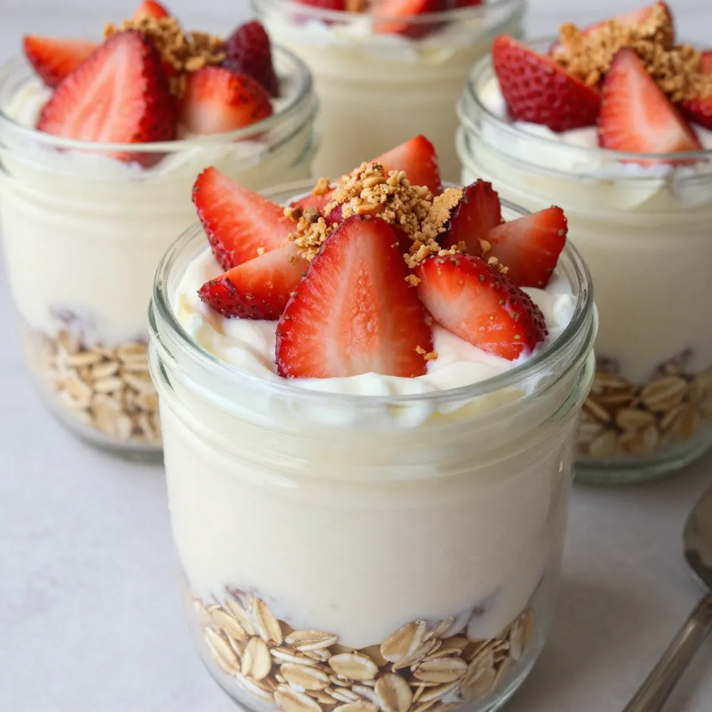 - 1 cup rolled oats - 1 cup almond milk (or your choice of milk) - 1/2 cup Greek yogurt (plain or vanilla) - 1 tablespoon cream cheese, softened - 2 tablespoons honey or maple syrup (adjust to taste) - 1 teaspoon vanilla extract - 1/2 cup fresh strawberries, diced, plus extra for garnish - 2 tablespoons crushed graham crackers (for topping) - Optional: 1 tablespoon chia seeds The base of these Strawberry Cheesecake Overnight Oats is simple yet delicious. The rolled oats soak up the almond milk, making them soft and creamy. Greek yogurt adds a nice tang. Cream cheese enhances the cheesecake flavor, while honey or maple syrup brings sweetness. Each serving has about 300-350 calories. The oats provide fiber, which is good for digestion. Greek yogurt gives protein, which helps you feel full. Strawberries add vitamins and antioxidants, making this dish a healthy choice. The oats and yogurt contribute to a balanced meal, keeping you energized. Using almond milk keeps it lighter, and crushed graham crackers add a fun crunch. You can even add chia seeds for extra nutrition and texture. This meal is not just tasty; it’s a smart choice for breakfast or a snack! {{ingredient_image_2}} 1. First, grab a medium-sized mixing bowl. Add 1 cup of rolled oats and 1 cup of almond milk. 2. Stir the oats and milk well. Make sure every oat is fully submerged in the milk. This step helps the oats soften overnight. 1. In another bowl, mix 1/2 cup of Greek yogurt and 1 tablespoon of softened cream cheese. 2. Now, add 2 tablespoons of honey or maple syrup to sweeten the mix. You can adjust this to your taste. 3. Don’t forget 1 teaspoon of vanilla extract for extra flavor. If you like, you can add 1 tablespoon of chia seeds for texture. Whisk everything until it is smooth and creamy. 1. Gently pour the yogurt mixture into the oats. Fold them together with a spatula. 2. Carefully add 1/2 cup of diced strawberries. Save a few pieces to use as a topping later. 3. Spoon the mixture into jars or containers. Make sure each serving is even. 4. Seal the containers tightly and place them in the fridge overnight. This chilling time allows the flavors to blend well. 5. In the morning, stir the oats again to mix any settled ingredients. Top with the reserved strawberries and a sprinkle of crushed graham crackers for that cheesecake touch. Adjust the sweetness of your overnight oats to fit your taste. You can use honey or maple syrup. Start with two tablespoons, then add more if you want it sweeter. Choosing the right yogurt and cream cheese can make a big difference. Greek yogurt adds creaminess and protein. Cream cheese gives that rich cheesecake flavor. For a lighter option, use a low-fat version of each. Add chia seeds for a creamier texture. They soak up liquid and get soft. If you want to try something different, swap out rolled oats for quinoa or oat flour. Each option gives a unique taste and feel. Serve your oats in clear jars for a pretty look. You can layer the oats and strawberries. This way, everyone can see the tasty ingredients. For garnishing, top with the reserved strawberries and crushed graham crackers. Drizzle a bit of honey or maple syrup on top for a sweet touch. This makes your dish not just tasty but also beautiful! Pro Tips Use Fresh Strawberries: For the best flavor, opt for fresh strawberries rather than frozen. They add a beautiful texture and natural sweetness to your overnight oats. Adjust Sweetness to Taste: Depending on your preference, feel free to adjust the amount of honey or maple syrup. Start with less and add more after tasting the mixture. Chill Overnight: Allowing the oats to sit overnight is crucial for achieving the right texture. It helps the oats absorb the liquid and flavors, making for a creamy dish in the morning. Layer for Presentation: When serving, layer the oats and strawberries in a clear jar. This not only looks appealing but also enhances the eating experience by showcasing each ingredient. {{image_4}} You can have fun with flavors! Here are two tasty ideas: - Chocolate strawberry cheesecake oats: Add 2 tablespoons of cocoa powder to the yogurt mix. This gives a rich chocolate flavor. Swirl in some melted chocolate for extra indulgence. - Coconut strawberry cheesecake oats: Use coconut milk instead of almond milk. Add 2 tablespoons of shredded coconut for a tropical twist. You can easily adapt this recipe to fit your needs: - Gluten-free options: Use gluten-free oats. Check labels to ensure they are certified gluten-free. This way, you can enjoy your oats worry-free. - Vegan substitutions: Swap Greek yogurt for coconut yogurt. Use a dairy-free cream cheese. Substitute honey with maple syrup for a vegan-friendly sweetener. Toppings can make your oats even better: - Fruit toppings and nuts: Try adding nuts like almonds or walnuts for crunch. Fresh berries, like blueberries or raspberries, are great too. They add color and extra flavor. - Alternate crust-like additions: For a fun twist, sprinkle crushed nuts instead of graham crackers. Or use crushed cookie crumbs for a different taste. Overnight oats can last in the fridge for about 3 to 5 days. This makes them great for meal prep. To keep them fresh, use airtight containers. This helps prevent any odors from other foods. Stir them well before eating. If you notice any liquid on top, just mix it back in. You can freeze overnight oats if you want to store them longer. Just make sure to use freezer-safe containers. When you're ready to eat, thaw them overnight in the fridge. If you need them fast, you can use the microwave. Heat them in short bursts and stir in between. Enjoy your creamy, fruity treat! Yes, you can! Use almond milk or any nut milk as a dairy-free option. Oat milk and soy milk also work great. For the yogurt, swap Greek yogurt for a plant-based alternative. This option keeps your oats creamy and tasty. Let the oats sit for at least 4 hours. However, I recommend overnight soaking. This time allows the oats to soak up the milk and flavors. The result is a smooth and creamy texture that you’ll love. Yes, you can easily scale this recipe. For two servings, use 1 cup of oats and 1 cup of milk. To make four servings, double those amounts. Just make sure to adjust the yogurt, cream cheese, and sweetener too. This way, every bite stays delicious! In this post, I shared how to make delicious overnight cheesecake oats. We covered the key ingredients needed, including oats, yogurt, and strawberries. You now know how to prepare, assemble, and store your oats. Remember to adjust the flavors to suit your taste. Feel free to explore variations for different diets. Enjoy your tasty creation and share it with others. Discovering new ways to enjoy healthy foods is always fun. Get cooking!