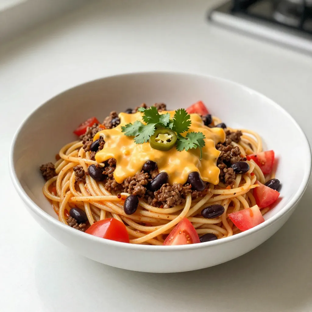 - 1 lb ground beef or turkey - 8 oz spaghetti - 1 medium onion, diced finely - 2 cloves garlic, minced - 1 packet taco seasoning (about 1 oz) - 1 can (15 oz) black beans, rinsed and drained - 1 can (14 oz) diced tomatoes with green chilies - 2 cups beef or vegetable broth - 1 cup corn, frozen or canned - 1 cup shredded cheddar cheese - Fresh cilantro, chopped - Sliced jalapeños {{ingredient_image_2}} First, heat a large pot over medium heat. Add 1 pound of ground beef or turkey. Cook the meat for about 5-7 minutes, breaking it apart with a spatula. Make sure it’s browned and fully cooked. Next, add 1 medium onion, diced finely, and 2 cloves of minced garlic. Sauté them in the pot for about 3-4 minutes. The onion should turn soft and translucent. Stir occasionally to stop sticking. Now it’s time to add flavor! Mix in 1 packet of taco seasoning with the meat, onions, and garlic. Stir well and let it cook for about 1 minute. This helps the spices release their aroma. Pour in 1 can of diced tomatoes with green chilies, drained black beans, and 1 cup of corn. Stir everything well to combine. This mix adds great texture and taste. Add 8 ounces of spaghetti to the pot. If needed, break it in half to fit. Pour in 2 cups of beef or vegetable broth, making sure the spaghetti is covered. Bring the whole mix to a rolling boil. Once boiling, reduce the heat to low. Cover the pot with a lid and let it simmer for 12-15 minutes. Stir occasionally to ensure even cooking. The spaghetti should be al dente and most liquid absorbed. If there’s extra liquid, remove the lid and simmer for an extra 2-3 minutes. Stir gently to help evaporate the moisture. After cooking, sprinkle 1 cup of shredded cheddar cheese over the top. Cover the pot for a few minutes to let the cheese melt. Taste your dish and season with salt and pepper as needed. Serve your taco spaghetti hot, garnished with fresh cilantro and sliced jalapeños for extra spice! To make the best One Pot Taco Spaghetti, ensure your spaghetti is fully submerged in the broth. This helps it cook evenly. If you want a firmer bite, adjust the cooking time. Aim for al dente, which means the pasta is cooked but still has a slight chew. Do not be afraid to experiment with different cheeses. Cheddar is a classic, but try Monterey Jack or pepper jack for a fun twist. You can also add extra spices like cumin or chili powder to amp up the flavor. These little changes can make a big difference! For a great look, serve your taco spaghetti in deep bowls. Top each bowl with a dollop of sour cream or Greek yogurt. This adds creaminess and a nice contrast. Fresh cilantro makes a bright garnish, adding color and flavor. Sliced jalapeños can give a spicy kick if you enjoy heat! Pro Tips Cook Pasta Al Dente: Make sure not to overcook the spaghetti; it should be firm to the bite to hold up against the sauce. Use Fresh Ingredients: Opt for fresh garlic and onions to enhance the flavor of your dish, making it more aromatic and tasty. Customize Your Spice Level: Adjust the amount of taco seasoning or add fresh jalapeños according to your preference for heat. Save Some Cheese for Topping: Reserve a bit of shredded cheese to sprinkle on top before serving for an extra melty finish. {{image_4}} You can make this dish lighter by swapping ground beef for ground turkey. Turkey has less fat but still packs flavor. If you want to go even leaner, try a plant-based meat option. It tastes great and is kinder to the planet. Adding extra veggies can boost the nutrition too. Try some bell peppers, zucchini, or spinach. They add color and crunch, making your meal more vibrant. For a meatless meal, use lentils instead of ground meat. Lentils are rich in protein and fiber. They soak up the taco seasoning well, giving you that classic flavor. You can also explore other proteins, like chickpeas or black beans. These options are filling and add a nice texture to your dish. If you love heat, you can crank up the spice! Add hot sauce or more jalapeños to the mix. This will give your dish a nice kick. You can also choose a spicier taco seasoning. There are many brands out there, so pick one that suits your taste. This will make your One Pot Taco Spaghetti a real flavor explosion! To keep your One Pot Taco Spaghetti fresh, cool it quickly. Let it sit at room temperature for only 30 minutes. Once cool, transfer it to airtight containers. This helps keep out air and moisture. Use shallow containers to help it cool faster. If you want to save leftovers, freezing is a great option. First, allow the spaghetti to cool completely. Then, portion it into freezer-safe bags or containers. Make sure to remove as much air as possible. When you’re ready to eat, thaw it overnight in the fridge. To reheat, place the spaghetti in a pot with a splash of broth. Heat it on low, stirring often. This helps keep the pasta from sticking together. In the fridge, your taco spaghetti lasts about 3 to 4 days. If you freeze it, it can stay good for up to 3 months. Always check for signs of spoilage. Look for any off smells or changes in color. If it seems off, it’s best to toss it. To make One Pot Taco Spaghetti lighter, you can adjust a few ingredients. Start by using ground turkey instead of beef. Turkey has less fat and fewer calories. You can also add more vegetables, like bell peppers or zucchini. These add nutrients without many calories. Use low-sodium broth to reduce salt intake. Finally, consider using whole grain or gluten-free spaghetti for a healthier pasta option. Yes, you can prepare One Pot Taco Spaghetti in advance. Cook it as usual and let it cool. Then, store it in an airtight container in the fridge for up to three days. This makes it easy to grab for lunch or dinner. You can also freeze it for a month. Just make sure to thaw it in the fridge before reheating. The best way to reheat leftover Taco Spaghetti is on the stove. Place it in a pot over medium heat. Add a splash of broth or water to keep it moist. Stir it often to heat evenly. You can also use a microwave. Place it in a microwave-safe bowl and cover it. Heat it in short bursts, stirring in between, until it’s hot. This way, you keep the pasta’s texture nice! This blog post covered everything you need for One Pot Taco Spaghetti. We talked about ingredients like ground beef, spaghetti, and spices. I shared easy steps for cooking and tips to enhance flavor. You can also explore healthy swaps or spicy twists. Proper storage can keep your dish fresh for longer. Remember, this recipe is flexible and allows for creativity. Enjoy making your own tasty version!