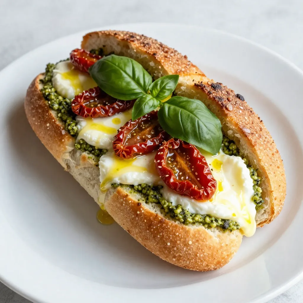 To make Pesto Mozzarella Stuffed Bread, you will need the following ingredients: - 1 large loaf of Italian bread - 1 cup fresh basil pesto - 2 cups shredded mozzarella cheese - 1/2 cup sun-dried tomatoes, finely chopped - 1/4 cup grated Parmesan cheese - 2 cloves garlic, minced - 2 tablespoons extra virgin olive oil - Sea salt and freshly cracked black pepper to taste - Fresh basil leaves for garnish These ingredients come together to create a rich and tasty bread. The pesto brings a fresh taste, while the mozzarella gives a nice, gooey texture. The sun-dried tomatoes add a burst of flavor, and the garlic enhances everything. The olive oil helps the bread get crispy and golden. Each bite will be a delight. {{ingredient_image_2}} - Preheat the oven to 375°F (190°C). - Slice the Italian bread to create a pocket. - Mix cheese and sun-dried tomato filling. To start, I preheat my oven. This step warms it up for baking. I set it to 375°F (190°C). Next, I take the large loaf of Italian bread. I carefully slice it in half lengthwise. I don’t cut all the way through. I want to create a nice pocket for the filling. Now, I need the filling. In a mixing bowl, I add two cups of shredded mozzarella cheese. Then, I chop half a cup of sun-dried tomatoes and add them too. I also add two cloves of minced garlic and a quarter cup of grated Parmesan cheese. I sprinkle in some sea salt and freshly cracked black pepper. I mix it all together until it’s well combined. - Spread pesto in the bread pocket. - Fill with cheese and tomato mixture. - Brush the bread crust with olive oil. Next, I grab my fresh basil pesto. I spread a cup of it into the bottom of the bread pocket. This makes sure every bite has that great flavor. After that, I take the cheese and tomato mixture. I fill the pocket generously with it. I press it down firmly to pack it in well. Then, I brush the outer crust with two tablespoons of extra virgin olive oil. This will help the crust turn nice and crispy while it bakes. - Wrap the stuffed bread in aluminum foil. - Bake for 20-25 minutes. - Crisp up the crust for 5-10 additional minutes. Now, I wrap the stuffed bread tightly in aluminum foil. This helps keep all the flavors in. I place it on a baking sheet to catch any drips. I bake the bread for 20 to 25 minutes. I look for the cheese to melt and the bread to turn golden. After that, I carefully remove the foil. I continue to bake the bread for an extra 5 to 10 minutes. This makes the crust crispy and gives it a wonderful texture. Once it’s done, I let it cool for a few minutes before slicing. - Ideal cheese types for melting: Use mozzarella for its stretchiness. You can mix in gouda or provolone for extra flavor. These cheeses melt well and add richness to your dish. - Adjusting seasoning to your taste: Taste your cheese mix before baking. Add more salt or pepper if needed. You might also want to add a pinch of Italian herbs for a nice twist. - Tips for slicing bread without tearing: Use a sharp serrated knife. Cut slowly and gently to keep the bread intact. Always slice the bread when it is fresh to avoid crumbling. - Presentation ideas for serving: Slice the stuffed bread into thick pieces. Serve on a wooden board for a rustic look. A small bowl of extra pesto on the side adds flair. - Complementary sides and dips: Pair with a simple salad or roasted veggies. This adds freshness to your meal. For dips, try marinara or even a balsamic glaze for a sweet touch. - Pairing with beverages: Enjoy with a light white wine like Pinot Grigio. Sparkling water with lemon also works well. These drinks balance the rich flavors of the stuffed bread. Pro Tips Use Fresh Ingredients: Opting for fresh basil and high-quality mozzarella cheese will elevate the flavor profile of your stuffed bread, making it tastier and more aromatic. Experiment with Pesto Varieties: Different types of pesto, such as sun-dried tomato or arugula pesto, can give your stuffed bread a unique twist. Feel free to experiment! Serve Warm: This dish is best enjoyed warm, as the melted cheese and fresh flavors are at their peak. Consider serving it straight from the oven for maximum enjoyment. Customize Fillings: Don't hesitate to add your favorite ingredients like olives, roasted red peppers, or even cooked sausage to customize the filling to your liking. {{image_4}} You can swap ingredients to change the flavor of your pesto mozzarella stuffed bread. Here are some fun ideas: - Alternative cheeses: Try using cheddar or gouda for a different taste. Both melt well and add rich flavor. - Different types of bread: Sourdough or a fresh baguette work great too. They add unique textures and flavors. - Additional fillings: Consider adding spinach or olives. These add freshness and a salty bite to your stuffed bread. Boost the taste of your stuffed bread with these flavor enhancements: - Adding spices or herbs: Mix in some red pepper flakes or Italian seasoning. This adds a nice kick and depth. - Options for spicy variations: Add jalapeños or spicy pesto for some heat. It makes the bread exciting and bold. - Seasonal twists: In summer, use roasted red pepper for a sweet and smoky flavor. It brightens up your dish and offers a seasonal touch. To keep your pesto mozzarella stuffed bread fresh, wrap it tightly in plastic wrap or aluminum foil. This way, it won’t dry out. Store it in the fridge if you won't eat it right away. You can safely keep it in the fridge for about 3 days. When you're ready to enjoy it again, simply reheat it in the oven. Set the oven to 350°F (175°C) and heat for 10-15 minutes. This will help to restore its crispy crust and warm the cheese. If you want to save your stuffed bread for later, freezing it works well. First, wrap it tightly in plastic wrap, then in aluminum foil to prevent freezer burn. You can freeze it for up to 2 months. When you’re ready to eat it, take it out of the freezer and let it thaw in the fridge overnight. To reheat, place it in a preheated oven at 375°F (190°C) for about 20-25 minutes. This will help bring back the flavors and texture. Can I make pesto mozzarella stuffed bread ahead of time? Yes, you can prepare the bread a day before. Just store it in the fridge. Wrap it well to keep it fresh. When ready, bake it straight from the fridge. This saves time for your meal. What can I use instead of sun-dried tomatoes? You can use roasted red peppers or olives. Both add a tasty twist. Chopped artichokes also work great. Choose what you like best. Each option brings its own unique flavor. How long does cooked stuffed bread last in the fridge? Cooked stuffed bread stays fresh for about 3-4 days in the fridge. Make sure to store it in an airtight container. This helps keep the flavors and texture good. Why is my stuffed bread not crispy? If the bread is not crispy, it may not have enough oil. Brushing the crust with olive oil helps. Also, make sure to bake it uncovered during the last few minutes. This really helps the crust get that nice crunch. What to do if the cheese does not melt properly? If the cheese isn’t melting, it might be too cold when baking. Make sure to fill the bread with cheese at room temperature. Also, check your oven temperature—if it’s too low, the cheese won’t melt well. Tips for preventing soggy bread. To avoid soggy bread, wrap it tightly in foil before baking. This keeps moisture in but also helps the crust crisp up. Additionally, baking for a longer time can help dry out any excess moisture. This blog post guided you through making delicious pesto mozzarella stuffed bread. We covered the ingredients, easy steps, and tips for perfecting your dish. With simple variations and storage tips, you can customize this recipe to fit your taste. Try it out, and enjoy it with friends or family. This dish is sure to impress everyone at your table. Happy cooking!