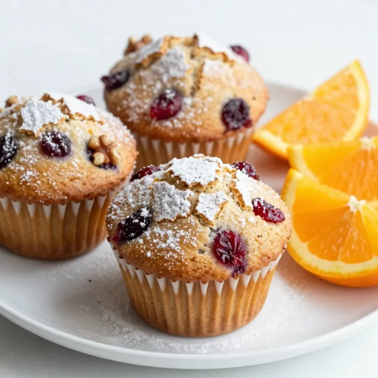 To make Cranberry Orange Energy Muffins, you need a mix of wholesome ingredients. Here is the complete list: - 1 ½ cups whole wheat flour - ½ cup rolled oats - ½ cup dried cranberries - 1 tablespoon baking powder - ½ teaspoon baking soda - ½ teaspoon salt - 1 teaspoon ground cinnamon - ½ cup honey or maple syrup - 1 large egg - ½ cup Greek yogurt - ⅓ cup fresh orange juice - Zest of 1 orange - ⅓ cup unsweetened applesauce - ½ cup chopped walnuts or almonds (optional) Whole wheat flour gives these muffins a hearty texture. Rolled oats add fiber, which keeps you full. Dried cranberries provide a sweet-tart flavor, while orange juice and zest brighten each bite. Honey or maple syrup adds natural sweetness. Greek yogurt helps keep the muffins moist and fluffy. You can add chopped walnuts or almonds for extra crunch and nutrition. If you prefer a nut-free option, simply skip them. This list offers a great balance of flavors and textures for delicious muffins. {{ingredient_image_2}} - Preheat oven to 350°F (175°C). - Prepare muffin tin with liners or cooking spray. Start by setting your oven to 350°F (175°C). This step heats the oven to the right temperature for baking. While it warms up, take a 12-cup muffin tin. You can use paper liners for easy cleanup or spray it lightly with cooking spray. This will help the muffins pop out easily after baking. - Combine flour, oats, cranberries, baking powder, baking soda, salt, cinnamon. Next, grab a large bowl and mix the dry ingredients. Combine 1 ½ cups of whole wheat flour, ½ cup of rolled oats, and ½ cup of dried cranberries. Add 1 tablespoon of baking powder, ½ teaspoon of baking soda, ½ teaspoon of salt, and 1 teaspoon of ground cinnamon. Whisk or stir them well to blend everything evenly. This mix gives your muffins a hearty texture and sweet flavor. - Whisk together honey, egg, yogurt, orange juice, zest, applesauce. In a separate bowl, whisk together the wet ingredients. Use ½ cup of honey or maple syrup, 1 large egg, and ½ cup of Greek yogurt. Add ⅓ cup of fresh orange juice, the zest of 1 orange, and ⅓ cup of unsweetened applesauce. Mix until smooth and all ingredients are well combined. This mixture adds moisture and bright flavor to your muffins. - Pour wet mix into dry mix and stir gently. - Adding optional nuts. Now, pour the wet mix into the dry mix. Stir gently with a spatula until just combined. Do not overmix; it’s okay if the batter has a few lumps. If you want some crunch, fold in ½ cup of chopped walnuts or almonds. This adds a nice texture and healthy fats to your muffins. - Distribute batter into muffin tin. - Bake for 18-20 minutes until done. Use a spoon or an ice cream scoop to fill each muffin cup with batter. Fill each cup about ¾ full, leaving room for the muffins to rise. Place the muffin tin in your preheated oven and bake for 18-20 minutes. Check for doneness with a toothpick. It should come out clean or with a few moist crumbs. - Cool in tin for 5 minutes, then transfer to wire rack. Once done, remove the muffins from the oven and let them cool in the tin for about 5 minutes. This helps them set. Then, transfer them to a wire rack to cool completely. This cooling step keeps the muffins soft and prevents sogginess. Enjoy your Cranberry Orange Energy Muffins warm or at room temperature! To make the best cranberry orange energy muffins, avoid overmixing the batter. When you combine wet and dry ingredients, stir gently. A few lumps are okay. Overmixing can make your muffins tough. Check for doneness by inserting a toothpick into the center of a muffin. If it comes out clean or with a few moist crumbs, your muffins are ready. If it’s wet, they need more time. Serve these muffins warm for a cozy breakfast. A light dusting of powdered sugar adds a nice touch. You can also add slices of fresh orange on the side. This brightens the plate and adds flavor. For a fun twist, try serving them with a dollop of Greek yogurt or a drizzle of honey. This makes for a delightful snack or breakfast treat. These muffins are not just tasty; they are healthy too! Whole wheat flour adds fiber. Dried cranberries provide vitamins and antioxidants. Greek yogurt boosts protein, while honey or maple syrup adds natural sweetness. Each muffin has about 150 calories. This makes them a great choice for a light snack or breakfast. Enjoy the energy boost while knowing you are eating well! Pro Tips Fresh Ingredients: Using fresh oranges for juice and zest will enhance the flavor of your muffins significantly compared to bottled juice. Oats for Texture: Consider using quick oats instead of rolled oats for a finer texture if you prefer a softer muffin. Storage Tips: Store cooled muffins in an airtight container with a slice of bread to keep them moist and fresh longer. Custom Add-ins: Feel free to experiment with different add-ins like chocolate chips or seeds for a unique twist on the classic recipe. {{image_4}} You can easily make these muffins fit your needs. If you want a gluten-free option, use almond or coconut flour instead of whole wheat flour. Almond flour gives a nutty flavor, while coconut flour adds a hint of sweetness. For a vegan option, swap the egg with a flaxseed egg. Mix one tablespoon of flaxseed meal with three tablespoons of water. Let it sit for a few minutes until it thickens. You can replace Greek yogurt with a plant-based yogurt made from coconut or almond. Both choices keep the muffins moist and tasty. Want to change the flavor? Try adding spices like nutmeg or ginger to the batter. Nutmeg adds warmth, while ginger gives a nice zing. You can also mix in other fruits. Blueberries or raisins work well and add a different twist to your muffins. Just remember to adjust the sugar if you add sweeter fruits. If you prefer less sweetness, reduce the honey or maple syrup. Start with a little less and taste the batter. You can also use stevia or monk fruit sweetener as a low-calorie option. These sweeteners are great if you want to cut down on sugar while still enjoying a delicious muffin. To keep your muffins fresh, store them in an airtight container. This helps prevent them from drying out. You can keep them at room temperature for up to a week. If you want to enjoy them longer, consider freezing them. To freeze your muffins, let them cool completely first. Wrap each muffin in plastic wrap, then place them in a freezer bag. This avoids freezer burn and keeps them tasty. For best results, use them within three months. When you want to eat one, take it out and let it sit at room temperature. You can also thaw them overnight in the fridge. You can reheat muffins in a microwave or oven. For the microwave, heat for about 15-20 seconds. This method is quick but can make them a bit dry. The oven method takes longer, but it keeps them moist. Preheat the oven to 350°F (175°C) and heat for about 5-10 minutes. Enjoy your muffins warm for the best flavor! Yes, you can make these muffins ahead of time. They stay fresh for up to a week. Store them in an airtight container at room temperature. For longer storage, freeze them for up to three months. Just thaw at room temperature when ready to eat. You can use regular yogurt or sour cream if you prefer. For a non-dairy option, try almond yogurt or coconut yogurt. These alternatives work well and keep the muffins moist. Besides the toothpick test, look for a golden-brown top. The muffins should spring back when gently pressed. They should feel firm to the touch and not jiggle in the center. Yes, adding chocolate chips is a great idea! Fold in about ½ cup of semi-sweet or dark chocolate chips into the batter. This addition will give a nice sweet contrast to the tart cranberries. These muffins are packed with nutrition. Whole wheat flour and oats add fiber, which aids digestion. Dried cranberries provide antioxidants, while orange juice adds vitamin C. The nuts, if added, supply healthy fats and protein. These muffins are easy to make and packed with nutrition. You mix whole wheat flour and oats with cranberries, eggs, and Greek yogurt. Baking is fun at 350°F for 18-20 minutes. Try different flavors, like adding blueberries or using gluten-free flour. Store leftovers in an airtight container or freeze them for later. Enjoy your delicious, healthy muffins with family and friends. They’re a great treat for any time of day!