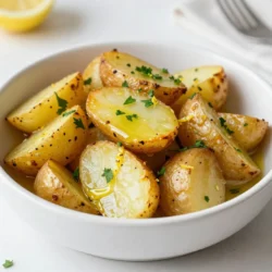For Greek Lemon Potatoes, you need simple, fresh ingredients. Here&rsquo;s what you will need: - 4 large Yukon Gold potatoes, peeled and cut into wedges - 1/4 cup extra virgin olive oil - 1/2 cup low-sodium vegetable broth - 3 cloves garlic, finely minced - 1 tablespoon dried oregano - 2 teaspoons freshly grated lemon zest - 1/4 cup freshly squeezed lemon juice - Sea salt and freshly cracked black pepper, to taste - Fresh parsley, finely chopped (for garnish) Each ingredient plays a key role in creating that zesty flavor. The Yukon Gold potatoes are creamy and hold up well in the oven. The extra virgin olive oil adds richness. Vegetable broth brings moisture and flavor. Garlic and oregano give a nice herbal note. The lemon zest and juice add brightness. Finally, the parsley not only garnishes but adds freshness. This combination makes every bite a delight. {{ingredient_image_2}} 1. Preheating the oven Start by preheating your oven to 425&deg;F (220&deg;C). This helps the potatoes cook evenly. 2. Preparing a baking dish Take a large baking dish and drizzle a little extra virgin olive oil. This prevents the potatoes from sticking. 3. Mixing the lemon and seasoning mixture In a large bowl, combine 1/4 cup olive oil, 1/2 cup vegetable broth, 3 minced garlic cloves, 1 tablespoon dried oregano, 2 teaspoons lemon zest, and 1/4 cup lemon juice. Add sea salt and black pepper to taste. Whisk until well mixed. 1. Coating the potato wedges Add your potato wedges to the bowl. Toss them gently to coat each wedge with the lemon mixture. 2. Arranging in the baking dish Place the coated potato wedges in a single layer in your greased baking dish. Make sure they have space to cook well. 3. Baking time and flipping potatoes Bake the potatoes for about 45 to 50 minutes. Flip them halfway through to get that nice golden color and tender texture. 1. Cooling and setting flavors Once cooked, take the baking dish out of the oven. Let the potatoes cool for about 5 minutes. This helps the flavors settle. 2. Garnishing for presentation Serve the warm potatoes with a sprinkle of fresh parsley. This adds a nice touch of color and freshness. - To ensure even cooking, cut the potatoes into similar-sized wedges. - Spread the wedges out in a single layer in the baking dish. - Flip the potatoes halfway through baking for a golden color. - For crispy edges, bake at 425&deg;F (220&deg;C) and use enough olive oil. - Adjust the seasoning by adding more salt or pepper to taste. - Try adding fresh herbs like thyme or rosemary for extra flavor. - A pinch of red pepper flakes adds a nice kick to the dish. - Experiment with smoked paprika for a unique twist. - Serve the potatoes in a large shallow bowl for a lovely display. - Garnish with chopped parsley for bright color and flavor. - Add lemon wedges on the side for guests to enjoy extra zest. - Drizzle a bit of olive oil over the top before serving for shine. Pro Tips Use Fresh Ingredients: For the best flavor, opt for fresh garlic and freshly squeezed lemon juice instead of bottled. This will enhance the zestiness of your potatoes. Perfectly Cut Wedges: Ensure your potato wedges are cut evenly to promote uniform cooking and browning. Aim for about 1-inch thickness for optimal results. Adjust Seasoning: Taste the lemon mixture before adding the potatoes. Feel free to adjust the seasoning with more salt, pepper, or lemon juice to suit your preference. Serve Immediately: For the best texture and flavor, serve the potatoes immediately after baking. They are at their most delicious when hot and crispy! {{image_4}} I love to use fresh herbs in my Greek Lemon Potatoes. Fresh oregano gives a bright taste. You can also try fresh thyme or rosemary. Just chop them finely and mix them in. This change adds a new layer of flavor. Exploring different seasoning blends can be fun too. Try a blend of garlic powder, onion powder, and smoked paprika. This mix adds a nice smoky taste to the potatoes. You can also go for a spicy kick by adding crushed red pepper flakes. You can swap out Yukon Gold potatoes for other types. Red potatoes work well too. Their skin is thin, and they cook nicely. Sweet potatoes can be an interesting twist. They add a hint of sweetness to the dish. If you want to change the oil, use avocado oil instead of olive oil. It has a mild flavor and is healthy. For a deeper taste, use chicken broth instead of vegetable broth. It adds richness to the potatoes. These Greek Lemon Potatoes pair well with many meats. Try serving them with grilled chicken or lamb. The lemon flavor complements the savory meats nicely. You can also enjoy them with roasted vegetables. This makes a colorful and healthy plate. Incorporating Greek Lemon Potatoes into Mediterranean dishes is a great idea. They fit well in a Greek salad or alongside tzatziki. Use them as a side for gyros or souvlaki. They add a fresh touch to your meal. To keep your Greek Lemon Potatoes fresh, place them in an airtight container. Store them in the fridge for up to three days. Make sure they cool down first to avoid steam. When you want to reheat, preheat your oven to 350&deg;F (175&deg;C). Spread the potatoes on a baking sheet. Bake for about 15-20 minutes until they are warm again. You can also reheat them in the microwave, but they won&rsquo;t be as crispy. If you want to save Greek Lemon Potatoes for later, freezing is a great choice. Let the cooked potatoes cool completely first. Then, arrange them in a single layer on a baking sheet. Freeze them for about an hour until they are solid. After that, transfer the potatoes to a freezer bag. Squeeze out as much air as possible. They can stay in the freezer for up to three months. To thaw, move the bag to the fridge overnight. When ready to eat, reheat them in the oven at 350&deg;F (175&deg;C) until they are heated through. This method helps keep them tasty and prevents them from becoming mushy. Enjoy your flavorful side dish anytime! How do you make Greek Lemon Potatoes from scratch? To make Greek Lemon Potatoes, start by preheating your oven to 425&deg;F. Peel and cut 4 large Yukon Gold potatoes into wedges. In a bowl, mix together 1/4 cup olive oil, 1/2 cup vegetable broth, 3 minced garlic cloves, 1 tablespoon dried oregano, 2 teaspoons lemon zest, and 1/4 cup lemon juice. Add salt and pepper to taste. Toss the potato wedges in this mixture and arrange them in a greased baking dish. Bake for 45 to 50 minutes, flipping halfway through for even cooking. Can I make this dish in advance? Yes, you can prepare Greek Lemon Potatoes in advance. You can cut the potatoes and mix them with the lemon mixture. Store them in the fridge for up to 24 hours. When you&rsquo;re ready, just bake them as usual. This saves time on busy days and keeps the flavors intact. What is the best temperature to cook Greek Lemon Potatoes? The best temperature to cook Greek Lemon Potatoes is 425&deg;F (220&deg;C). This high heat helps the potatoes become crispy on the outside while staying tender inside. It also allows the flavors from the lemon and garlic to blend well. Are Greek Lemon Potatoes vegan? Yes, Greek Lemon Potatoes are vegan. They use only plant-based ingredients like potatoes, olive oil, and vegetable broth. You can enjoy this dish without any animal products. How can I make this recipe gluten-free? This recipe is naturally gluten-free. Just ensure that the vegetable broth you use is gluten-free. Most store-bought options are safe, but always check the label. This way, you can enjoy Greek Lemon Potatoes without any worries. This blog post covered everything you need to know about making Greek Lemon Potatoes. We discussed key ingredients, step-by-step cooking instructions, and handy tips for perfecting this dish. Always feel free to experiment with flavors and ingredients for a personal touch. Remember, these potatoes pair well with many meals. Whether you enjoy them warm or as leftovers, they bring a burst of flavor. Enjoy your cooking adventure, and may your meal be a tasty success!