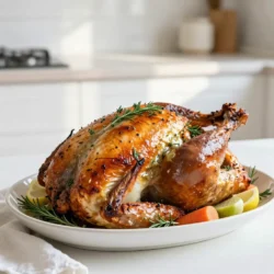 - 1 whole turkey (12-14 pounds), fully thawed - 1 cup unsalted butter, softened to room temperature - 1 tablespoon fresh rosemary, finely chopped - 1 tablespoon fresh thyme, finely chopped - 1 tablespoon fresh sage, finely chopped - 2 cups low-sodium chicken broth - 1 onion, cut into quarters - 1 lemon, cut into quarters - 2 carrots, peeled and roughly chopped - 2 celery stalks, roughly chopped For the turkey, choose a size between 12 and 14 pounds. A whole turkey is best for roasting. The unsalted butter adds richness. Fresh herbs like rosemary, thyme, and sage bring great flavor. Use low-sodium chicken broth to keep it moist. The onion and lemon add a nice aroma. Carrots and celery add sweetness and depth. - 4 cloves garlic, finely minced - 2 teaspoons lemon zest - Salt and freshly ground black pepper, to taste Garlic adds a strong, savory taste. Mince it finely so it blends well. Lemon zest brings bright flavor. It enhances the butter and turkey. Use salt and pepper generously. They help to bring out all the flavors in the turkey. This blend of fresh herbs and spices creates a savory experience. Each bite will burst with flavor, making it a special meal. {{ingredient_image_2}} 1. Preheating the oven: First, set your oven to 325&deg;F (165&deg;C). This temperature is perfect for roasting and helps cook the turkey evenly. 2. Making the herb butter: In a medium bowl, mix 1 cup of softened butter, 4 cloves of minced garlic, and 1 tablespoon each of chopped rosemary, thyme, and sage. Add 2 teaspoons of lemon zest and a pinch of salt and pepper. Stir well to blend all the flavors. 1. Cleaning and drying the turkey: Remove the giblets and neck from the turkey cavity. Pat the turkey dry with paper towels, both inside and out. This step helps the skin get crispy. 2. Applying herb butter under the skin: Gently slide your fingers under the skin, especially around the breasts and thighs. Spoon half of the herb butter mixture under the skin. Spread it evenly for great flavor. 1. Stuffing the turkey for flavor: Fill the cavity with quartered onion, lemon, carrots, and celery. This adds moisture and flavor while roasting. 2. Cooking times and temperature guidelines: Place the turkey on a rack in a roasting pan. Pour 2 cups of low-sodium chicken broth into the pan to keep the turkey moist. Cover it loosely with foil and roast for about 2 to 2.5 hours. Use a meat thermometer to check that the thickest part of the thigh reaches 165&deg;F (74&deg;C). During the last 30 minutes, remove the foil to crisp the skin. Baste with pan juices every 15 minutes for added flavor. - Use low-sodium chicken broth. Pour it into the roasting pan. This keeps the turkey moist while it cooks. - Baste the turkey every 15 minutes. Use the pan juices to add flavor and moisture. This simple step works wonders for taste. - Remove the foil during the last 30 minutes. This helps the skin become golden and crispy. - Keep an eye on the turkey as it roasts. Adjust the oven temperature if needed for perfect browning. - Rest the turkey for at least 30 minutes before carving. This lets the juices spread throughout the meat. You will enjoy moist, tender slices. - Present the turkey on a large platter. Surround it with roasted veggies and fresh herbs for a stunning display. A side of cranberry sauce adds a pop of color and flavor. Pro Tips Resting is Key: Allow the turkey to rest for at least 30 minutes after roasting. This helps the juices redistribute, ensuring each slice is moist and flavorful. Use a Meat Thermometer: For perfectly cooked turkey, use a meat thermometer to check that the thickest part of the thigh reaches 165&deg;F (74&deg;C). This guarantees safety and optimal juiciness. Flavorful Broth: Instead of plain water, use low-sodium chicken broth in the roasting pan. This will enhance the turkey's flavor and keep it moist during cooking. Herb Butter Variations: Experiment with different herbs in the butter. Fresh herbs like tarragon or parsley can add unique flavors to your turkey, making it a signature dish. {{image_4}} You can change up the herbs in this recipe to fit your taste. If you want a different flavor, try using: - Thyme for a sweet, earthy taste - Oregano for a hint of Mediterranean flair - Basil for a fresh, bright twist You can also add fruits or nuts to the mix. For fruit, think about using: - Dried cranberries for a sweet touch - Chopped apples for a crisp texture For nuts, consider adding: - Chopped pecans for a rich flavor - Walnuts for a slight bitterness These tweaks can make your turkey unique and exciting. You don&rsquo;t have to stick with just roasting. You can try deep frying for a different result. Deep frying gives you a crispy skin and juicy meat. Just remember to cook it safely. You can also use a slow cooker. This method keeps the turkey very moist. It takes longer, but the flavors deepen as it cooks. Just set it on low for 6 to 8 hours. Choose the method that suits your style and enjoy your meal! To keep your turkey fresh after the feast, refrigerate it in an airtight container. Cut the turkey into smaller pieces to cool faster. Store leftover turkey within two hours of cooking. This helps to prevent bacteria. Use your turkey within three to four days for the best taste. If you want to save it for longer, freezing is a great option. Wrap the turkey tightly in plastic wrap, then place it in a freezer bag. Try to remove as much air as possible. This helps to avoid freezer burn. Frozen turkey can last up to six months. Label the bag with the date. When you reheat turkey, you want to keep it moist. One good method is to use the oven. Preheat your oven to 325&deg;F (165&deg;C). Place the turkey in a baking dish and add a bit of broth or water. Cover it with foil to trap steam. Heat for about 20 minutes per pound. You can also use the microwave for quick reheating. Slice the turkey into thin pieces for even heating. Place it on a microwave-safe plate with a splash of broth. Cover it loosely with a microwave-safe lid or paper towel. Heat in short bursts, checking every minute. Both methods will help make sure your turkey stays juicy and tasty. Enjoy your delicious leftovers! A turkey takes about 13 to 15 minutes per pound to cook. For example, a 12-pound turkey needs around 2.5 to 3 hours at 325&deg;F. Use a meat thermometer to check the thickest part of the thigh. It should read 165&deg;F for safe eating. Always let the turkey rest after cooking. This helps keep it juicy and flavorful. If your turkey is still frozen, do not cook it. You can thaw it in cold water. Submerge the turkey in its packaging. Change the water every 30 minutes. It takes about 30 minutes per pound to thaw this way. If you need to cook it frozen, add another 50% to your cooking time. Just make sure it reaches 165&deg;F. Yes, you can make herb butter days in advance. Mix your ingredients and store in an airtight container. Keep it in the fridge for up to a week. For longer storage, freeze it in small portions. This way, you can just grab what you need later. Classic sides work great with herb butter roasted turkey. Consider serving: - Mashed potatoes - Green bean casserole - Cranberry sauce - Stuffing - Roasted vegetables These dishes complement the turkey's rich flavor. They also make your meal look colorful and inviting. You learned how to prepare a delicious turkey step-by-step. We covered key ingredients like whole turkey, herb butter, and important seasonings. I shared tips for keeping it moist and achieving crispy skin, plus how to carve and serve effectively. With various cooking methods and flavor substitutions, you can customize your turkey to suit any taste. Remember to store leftovers properly and reheat for the best experience. Enjoy your turkey with confidence this holiday season!