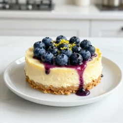 - 1 &frac12; cups graham cracker crumbs - &frac12; cup unsalted butter, melted - 2 cups cream cheese, softened to room temperature - 1 cup powdered sugar - 2 tablespoons fresh lemon juice - Zest of 1 lemon - 2 large eggs, at room temperature - 1 teaspoon pure vanilla extract - 1 &frac12; cups fresh blueberries (plus extra for garnish) - &frac12; cup sour cream - 2 tablespoons granulated sugar (for blueberry topping) These ingredients make our cheesecake creamy and flavorful. The graham cracker crust provides a perfect base. The cream cheese adds richness, while lemon juice and zest give it a bright taste. Fresh blueberries add a sweet burst, making every bite delightful. For extra flair, consider these garnishes: - Additional fresh blueberries - A sprinkle of lemon zest - A drizzle of lemon curd These garnishes make your cheesecake look pretty and add extra flavor. They also enhance the lemon and blueberry theme. You can make swaps if you need to. Here are some ideas: - Use digestive biscuits instead of graham crackers for the crust. - Swap sour cream for Greek yogurt for a tangy twist. - Use a dairy-free cream cheese for a vegan option. Substitutes can help you meet dietary needs while keeping the taste great. Feel free to experiment and find what works best for you! {{ingredient_image_2}} 1. Preheat your oven to 325&deg;F (160&deg;C). Use a reliable thermometer to check the temperature. 2. In a medium bowl, mix the graham cracker crumbs and melted butter. Stir until it looks like wet sand. 3. Firmly press this mixture into the bottom of a 9-inch springform pan. Make sure it&rsquo;s even and flat. 4. Bake the crust in the oven for 10 minutes. Remove it and let it cool on a wire rack. 1. In a large bowl, beat the softened cream cheese with an electric mixer until smooth. 2. Slowly add the powdered sugar. Mix on low speed until well combined. 3. Add the fresh lemon juice, lemon zest, eggs, and vanilla extract. Blend on low speed until just mixed. 4. Be careful not to overmix; this can add too much air. 5. Gently fold in the fresh blueberries with a spatula. Be gentle so the berries do not burst. 6. Pour the cheesecake batter over the cooled crust. Use an offset spatula to smooth the top. 7. Bake in the oven for 55-60 minutes. The edges should be set, but the center will jiggle slightly. 1. After baking, turn off the oven. Crack the door open and let the cheesecake cool inside for about an hour. 2. This slow cooling helps reduce cracks on the surface. 3. While it cools, make the blueberry topping. In a small saucepan, combine the remaining blueberries and granulated sugar. 4. Cook over medium heat for 5-8 minutes, stirring until the blueberries soften. 5. Remove from heat and let it cool to room temperature. 6. Once cooled, transfer the cheesecake to the refrigerator. Chill for at least 4 hours or overnight for the best flavor. 7. Before serving, spread the cooled blueberry topping over the cheesecake. 8. For a lovely finish, garnish with more fresh blueberries and a sprinkle of lemon zest. To get a smooth cheesecake texture, start with room temperature ingredients. Cold cream cheese can create lumps. Beat the cream cheese well until creamy. Mix in the sugar slowly. This keeps air from getting in, which can cause cracks. Avoid overmixing once you add eggs and lemon juice. Gently fold in the blueberries to keep them whole. Cracks can ruin the look of your cheesecake. After baking, turn off the oven and slightly open the door. Let the cheesecake cool in the oven for about an hour. This gradual cooling helps prevent cracks. If cracks do appear, you can cover them with the blueberry topping. It adds flavor and hides any imperfections. When serving, use a warm knife for clean slices. This makes it easier to cut through the creamy filling. You can drizzle lemon curd around the plate for a bright touch. Add extra fresh blueberries on top for a pretty finish. This makes the cheesecake look even more inviting. Enjoy your delicious treat with family and friends! Pro Tips Room Temperature Ingredients: Ensure all your ingredients, especially cream cheese and eggs, are at room temperature. This will help create a smoother batter and a creamier cheesecake. Prevent Cracks: Allow the cheesecake to cool gradually in the oven with the door cracked open. This helps prevent sudden temperature changes that can cause cracks on the surface. Blueberry Incorporation: Gently fold in the blueberries to the batter to avoid bursting them. This keeps the berries intact for a beautiful presentation and burst of flavor in each slice. Chill Time: For best flavor and texture, chill the cheesecake for at least 4 hours or overnight. This allows the flavors to meld and the cheesecake to set perfectly. {{image_4}} You can swap blueberries for other fruits. Strawberries, raspberries, or blackberries work well. Mix and match for a fun twist. Try them in the filling or for topping. Each fruit brings its unique flavor. For example, strawberries add sweetness, while raspberries add tartness. This way, you can enjoy a new cheesecake every time. If you need a gluten-free crust, use almond flour or gluten-free graham crackers. Combine the chosen flour with melted butter. Press it into the pan like the regular crust. This option keeps your cheesecake tasty and safe for those with gluten sensitivities. You won&rsquo;t miss the traditional crust at all. For a no-bake version, skip the oven altogether. Use a similar crust made from crushed cookies and butter. Blend cream cheese, sugar, lemon juice, and zest until smooth. Fold in fresh blueberries. Pour the mixture into the crust and chill in the fridge for at least four hours. This method is quick and perfect for hot days. You still get a creamy, dreamy dessert without baking! To keep your cheesecake fresh, cover it tightly with plastic wrap. You can also use a cake dome to keep it safe. Place it in the fridge. This keeps the flavors bright. The cheesecake stays good for up to five days in the fridge. If you want to save some for later, freezing works well. First, let the cheesecake cool completely. Then, cut it into slices. Wrap each slice tightly in plastic wrap. After that, wrap them in aluminum foil for extra protection. You can freeze it for up to three months. When you're ready to eat, thaw it in the fridge overnight. Lemon blueberry cheesecake lasts in the fridge for five days. If you freeze it, eat it within three months for best taste. Always check for any signs of spoilage. Look for changes in color or smell. When serving, allow it to sit at room temperature for about 15 minutes. This brings back its creamy texture. Yes, you can use frozen blueberries in this recipe. They work well, but they may release more juice. This can make your cheesecake a bit wetter. If you use frozen berries, do not thaw them before adding. This keeps them from breaking apart too much. To check if your cheesecake is done, look for the edges. They should be firm and set. The center should still jiggle a bit. This jiggle means it will finish cooking as it cools. If it looks too wobbly, it needs more time in the oven. If your cheesecake cracks, don&rsquo;t worry! You can cover it with the blueberry topping. This will hide the cracks and add flavor. To prevent cracks next time, cool the cheesecake slowly. Leave it in the oven with the door open after baking. This helps it cool evenly. Lemon blueberry cheesecake is a sweet and tangy delight. You learned about key ingredients and helpful tips for the perfect texture. I shared easy ways to modify the recipe, like using different fruits or a gluten-free crust. For storage, knowing how to freeze and keep your cheesecake fresh is vital. This dessert will impress your guests. With practice, you'll master this treat. Enjoy every creamy bite and make it your own!