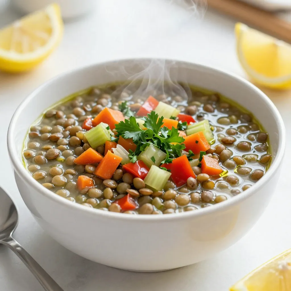 - 1 cup green or brown lentils, thoroughly rinsed - 1 medium onion, finely diced - 2 cloves garlic, minced - 2 medium carrots, diced - 2 celery stalks, diced - 1 red bell pepper, diced - 1 can (14 oz) diced tomatoes, with juice - 4 cups vegetable broth - 1 teaspoon ground cumin - 1 teaspoon smoked paprika - 1/2 teaspoon ground coriander - 1/4 teaspoon cayenne pepper (optional) - 2 tablespoons high-quality olive oil - Salt and freshly ground black pepper, to taste - Fresh parsley, chopped, for garnish - Lemon wedges, for serving This Mediterranean lentil soup is simple yet packed with flavor. Each ingredient adds something special. The lentils are a great source of protein and fiber. They help keep you full and satisfied. The vegetables bring sweetness and crunch. Onions and garlic form the base of many dishes. They add depth and aroma to the soup. Carrots and celery add sweetness and a nice texture. Red bell pepper gives the soup a pop of color. The diced tomatoes add richness and a slight tang. The spices are key to the Mediterranean flavor. Cumin gives a warm, earthy taste. Smoked paprika adds a hint of smokiness. Ground coriander has a light, citrusy flavor. If you want heat, add cayenne pepper. Good quality olive oil enhances all the flavors. It also makes the soup feel rich. Don’t forget to season with salt and black pepper. Fresh parsley brightens the dish. Squeeze lemon juice over the soup for a fresh finish. This soup is not only tasty but also healthy. It’s a perfect choice for any meal. Enjoy it with a slice of crusty bread for dipping. {{ingredient_image_2}} 1. Heat the olive oil in a large pot over medium heat. 2. Add the diced onion, carrots, and celery. Sauté for 5-7 minutes. 3. Stir until the vegetables soften and the onion turns clear. 4. Next, add minced garlic and diced red bell pepper. 5. Sprinkle in ground cumin, smoked paprika, ground coriander, and cayenne pepper if you like heat. 6. Cook for another 2-3 minutes until the spices smell great. - Sautéing for Optimal Flavor: Start with medium heat to soften your veggies. This makes them sweet and tasty. Stir often for even cooking. - Stirring and Adjusting Liquids: Keep stirring the soup as it cooks. This helps mix the flavors. If the soup gets too thick, just add more broth or water. - Achieving the Right Soup Consistency: You want a nice, smooth texture. If you prefer it creamier, use an immersion blender to puree part of the soup. Blend until it feels just right. - Garnishing Options: Top your soup with fresh parsley and a drizzle of olive oil. This adds a nice look and taste. - Best Pairings: Serve with warm bread or a light salad. These sides make your meal even better. Enjoy the soup with lemon wedges for a zesty kick. Squeeze the lemon over your bowl right before eating. - Adding herbs or spices for extra depth: Fresh herbs like parsley or thyme add brightness. You can also try dried oregano or bay leaves for rich flavor. These herbs make the soup taste fresh and vibrant. - Recommendations for chili heat: If you like spice, add more cayenne pepper. You can also include red pepper flakes for a different kind of heat. Start small and taste, so you can find your perfect level. - Suggestions for creamy texture: To make the soup creamy, blend part of it with an immersion blender. This adds smoothness without needing cream. You can also stir in a dollop of yogurt or a splash of coconut milk for a twist. - Recommended pots and tools for efficiency: Use a large pot for even cooking. A heavy-bottomed pot helps prevent burning. Good knives and a cutting board save time during prep. - Benefits of using an immersion blender: An immersion blender lets you blend soup right in the pot. This means less mess and quick clean-up. It helps you control texture easily without transferring hot soup. - Overcooking lentils: Watch the cooking time closely. Overcooked lentils turn mushy and lose their texture. Aim for tender but firm. - Not seasoning correctly: Season your soup throughout cooking. Taste as you go to avoid blandness. A good amount of salt and pepper makes a big difference. - Letting soup thicken too much: If the soup gets too thick, add more broth or water. It should be hearty but not like a stew. Adjusting the liquid keeps it enjoyable and easy to eat. Pro Tips Use Fresh Herbs: Adding fresh herbs like dill or basil at the end of cooking enhances the soup's flavor profile and adds brightness. Adjust the Spice Level: If you prefer a milder soup, omit the cayenne pepper. For more heat, increase the amount or add a dash of hot sauce when serving. Make it a Meal: To turn this soup into a heartier dish, add cooked quinoa or rice just before serving for additional texture and nutrition. Storage Tips: This soup stores well in the refrigerator for up to 5 days. It also freezes beautifully, so consider making a double batch for easy meals later! {{image_4}} You can change up the lentils in this soup. Try red or black lentils for a new taste. They cook faster and add different textures. You can also swap in different vegetables. Spinach or kale works great. These greens add color and nutrients. If you want more protein, add cooked chicken or sausage. Both will make your soup heartier. This soup is great for many diets. You can make it vegetarian by using vegetable broth. For a vegan version, skip any meat and stick to veggies. The soup is also gluten-free. All the ingredients are safe for those avoiding gluten. Add a Mediterranean flair with olives or feta cheese. These ingredients will brighten the flavor. You can also switch the stock. Try chicken or beef stock for a richer taste. These small changes make the soup unique each time you make it. To store leftover soup, let it cool first. Then, transfer it to an airtight container. You can keep it in the fridge for about 3-5 days. Use glass or BPA-free plastic containers for safe storage. These work well to preserve flavor and texture. To freeze the soup, cool it completely before packing. Use freezer-safe containers or bags. Leave some space at the top, as soup expands when frozen. You can freeze it for up to 3 months. For thawing, place it in the fridge overnight or use the microwave. When you reheat the soup, do it slowly over low heat. Stir frequently to help it warm evenly. If it looks thick, add a splash of water or broth. This keeps the soup flavorful and smooth. Enjoy your tasty Mediterranean Lentil Soup warm! You can pair Mediterranean Lentil Soup with several tasty options. Warm crusty bread makes a great side. A fresh salad adds crunch and brightness. You can also serve it with lemon wedges to enhance the flavor. For extra protein, try adding a scoop of yogurt on top. The soup lasts about 4 to 5 days in the fridge. Make sure to store it in an airtight container. When you reheat it, check the flavor. You might want to add a little salt or lemon for freshness. Yes, you can make this soup ahead of time. It tastes even better the next day as the flavors blend. Just cool it down before storing it in the fridge. This makes it a perfect meal prep option. Yes, Mediterranean Lentil Soup is a healthy choice. It is high in fiber, which helps digestion. Lentils provide protein without the fat of meat. The veggies add vitamins and minerals. Plus, using olive oil adds healthy fats. You can try many fun variations! Swap green lentils for red or black lentils. Add leafy greens like spinach for extra nutrients. For a protein boost, toss in cooked chicken or sausage. You can even add olives or feta for a Mediterranean twist. In this blog post, we explored the key ingredients and steps to create a delicious Mediterranean Lentil Soup. We discussed cooking techniques, tips for storage, and variations to make it your own. Remember, this soup is not only tasty but also packed with nutrients. You can adapt it to suit your tastes. I encourage you to try different spices or vegetables. Enjoy making this soup, and share it with your friends and family!