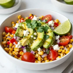 - 4 ears of fresh corn, husked - 1 vibrant red bell pepper, diced - 1/2 cup finely chopped red onion - 1 cup juicy cherry tomatoes, halved - 1 ripe avocado, diced - 1/2 cup crumbled creamy feta cheese - 1/4 cup fresh cilantro, roughly chopped - Juice of 2 zesty limes - 2 tablespoons extra virgin olive oil - 1 teaspoon smoky chili powder - Salt and freshly ground pepper to taste You may want to swap some ingredients. If you can&rsquo;t find fresh corn, use frozen corn. It&rsquo;s easy and still tasty. For the feta cheese, try goat cheese for a different flavor. If red onion is too strong for you, use green onions instead. You can also replace avocado with diced cucumber for a refreshing crunch. When you pick corn, look for husks that are bright green. The silk should be slightly sticky and brown. Gently peel back a part of the husk to check the kernels. They should be plump and yellow or white. Avoid corn with dry or dark spots. Fresh corn tastes the best in your salad! {{ingredient_image_2}} Start by husking the corn. Remove all the green leaves and silk. Rinse the ears under cold water to clean them. It is best to use fresh corn for the best flavor. You can find it at the store or local market. Fresh corn gives the salad a sweet crunch. Preheat your grill to medium-high heat. If you don&rsquo;t have a grill, a grill pan works too. Place the corn directly onto the grill. Grill the corn for about 10 to 12 minutes. Turn the corn every few minutes. Look for nice char marks. When it feels tender, take it off the grill. Let it cool for a few minutes. Once cool, cut the kernels off the cob with a sharp knife. Make sure to get every last kernel! In a large bowl, add the grilled corn kernels. Next, add the diced red bell pepper, chopped red onion, halved cherry tomatoes, and diced avocado. Each adds flavor and color. In a small bowl, whisk lime juice, olive oil, and chili powder. Add a pinch of salt and pepper. Pour this dressing over the corn and veggies. Toss gently until everything is well mixed. Finally, fold in the crumbled feta cheese and chopped cilantro. This gives the salad a creamy and fresh finish. Enjoy your vibrant dish! To get great grill marks on your corn, start by preheating your grill. Aim for a medium-high heat. Place the husked corn directly on the grill. Rotate it every few minutes. This will help create those beautiful char marks. Grill for about 10-12 minutes. You want the corn to be tender and have nice browning. If you&rsquo;re using a grill pan, the same rules apply. Just keep an eye on it to avoid burning. Chopping vegetables for your salad can be fun. Use a sharp knife for clean cuts. Start with the red bell pepper. Cut it in half, remove the seeds, and dice it. Next, take your red onion and cut off both ends. Slice it thinly for a great flavor. For cherry tomatoes, simply cut them in half. Lastly, dice your avocado gently to keep it intact. This adds creaminess to your salad. You can prepare your salad ahead of time. Grill the corn and chop the veggies a few hours before serving. Store the corn and veggies separately in the fridge. This keeps them fresh and crisp. Mix them together just before serving. Don&rsquo;t forget to add the dressing and feta at the last moment. This will keep your salad vibrant and tasty. Enjoy the fresh flavors whenever you&rsquo;re ready! Pro Tips Grilling Corn Perfectly: To achieve the best char and flavor, soak the corn in water for about 30 minutes before grilling. This helps to keep it moist and prevents burning. Choosing the Right Avocado: Look for avocados that yield slightly to pressure but are not overly soft. This ensures your avocado is ripe and creamy without being mushy. Enhancing Flavor with Lime: For an extra zing, consider adding lime zest to the dressing. This will intensify the citrus flavor and give your salad a refreshing kick. Fresh Herbs for More Flavor: If cilantro isn't your favorite, try substituting with fresh parsley or mint for a different herbaceous note that complements the salad beautifully. {{image_4}} To spice things up, add jalape&ntilde;os or hot sauce. Diced jalape&ntilde;os give heat and crunch. You can also use a spicy chili powder blend for depth. Mix in cayenne pepper to the dressing for a kick. Adjust the spice to your taste. This version adds excitement and flavor to every bite. If you want a vegetarian twist, skip the feta cheese. Replace it with a vegan cheese or creamy avocado. You can also add black beans for protein and texture. They boost the nutrition without losing flavor. Try adding corn chips for a crunchy surprise. These swaps keep the dish fresh and tasty. You can make this salad heartier by adding protein. Grilled chicken, shrimp, or tofu all work well. Just chop them into bite-sized pieces before mixing. For a quick option, use canned chickpeas or black beans. These add protein and fiber to the salad. This way, you can enjoy a filling meal that still tastes great. To keep your Mexican street corn salad fresh, place it in an airtight container. Make sure to remove any excess air to avoid spoilage. You can store it in the fridge for up to three days. If you want to keep it longer, consider freezing it. However, the texture of the avocado may change after freezing. Use glass or BPA-free plastic containers. Glass containers are great because they don&rsquo;t stain and are easy to clean. If you choose plastic, ensure it is food-safe and airtight. This helps maintain the salad's freshness and flavor. When you are ready to eat the salad, it's best served cold or at room temperature. If you need to reheat it, do so gently. Place it in a pan on low heat for just a few minutes. Be careful not to overheat, especially if it has avocado, as it can become mushy. If you don't have feta cheese, try crumbled goat cheese. It offers a similar creaminess. You can also use queso fresco for a milder flavor. For a dairy-free option, try vegan feta made from nuts. This will keep the salad tasty and fresh! Yes, you can make this salad ahead of time! Prepare the corn and mix the veggies. Add the dressing and feta right before serving. This keeps the flavors bright and the ingredients crisp. If left too long, the salad may lose its zing. Mexican street corn salad lasts about 3 days in the fridge. Store it in an airtight container to keep it fresh. You may notice some ingredients soften over time, especially the avocado. Enjoy it within a few days for the best taste! This blog post covered all the steps to make a great corn salad. We discussed key ingredients, substitutes, and tips for selecting fresh corn. You learned how to prep corn and grill it to perfection. We shared tricks for perfect grill marks and how to chop veggies well. You saw ways to spice up the salad and options for storage. Remember, with a few easy steps, you can enjoy this tasty dish. Keep experimenting to find your favorite version!