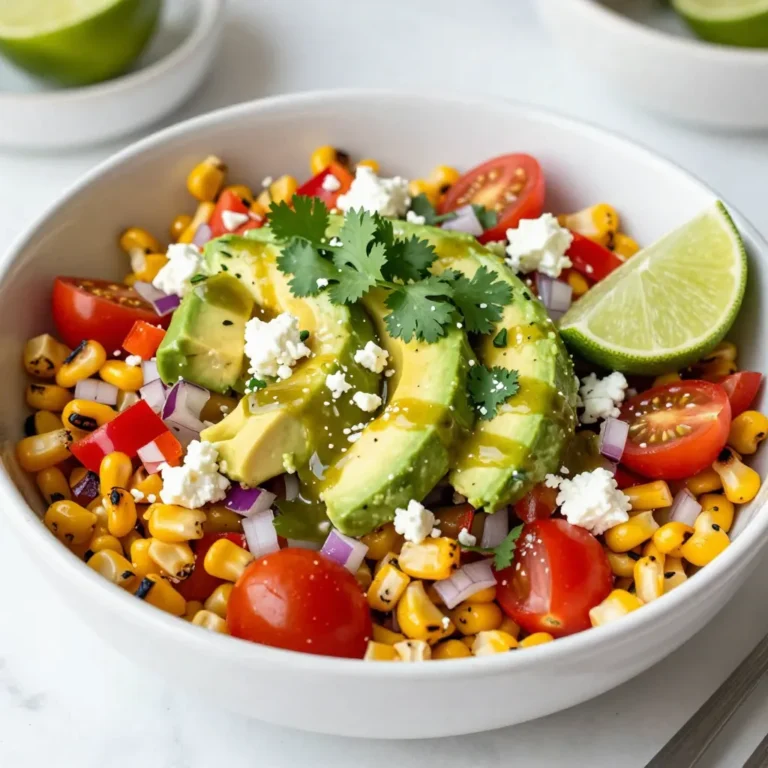 - 4 ears of fresh corn, husked - 1 vibrant red bell pepper, diced - 1/2 cup finely chopped red onion - 1 cup juicy cherry tomatoes, halved - 1 ripe avocado, diced - 1/2 cup crumbled creamy feta cheese - 1/4 cup fresh cilantro, roughly chopped - Juice of 2 zesty limes - 2 tablespoons extra virgin olive oil - 1 teaspoon smoky chili powder - Salt and freshly ground pepper to taste You may want to swap some ingredients. If you can’t find fresh corn, use frozen corn. It’s easy and still tasty. For the feta cheese, try goat cheese for a different flavor. If red onion is too strong for you, use green onions instead. You can also replace avocado with diced cucumber for a refreshing crunch. When you pick corn, look for husks that are bright green. The silk should be slightly sticky and brown. Gently peel back a part of the husk to check the kernels. They should be plump and yellow or white. Avoid corn with dry or dark spots. Fresh corn tastes the best in your salad! {{ingredient_image_2}} Start by husking the corn. Remove all the green leaves and silk. Rinse the ears under cold water to clean them. It is best to use fresh corn for the best flavor. You can find it at the store or local market. Fresh corn gives the salad a sweet crunch. Preheat your grill to medium-high heat. If you don’t have a grill, a grill pan works too. Place the corn directly onto the grill. Grill the corn for about 10 to 12 minutes. Turn the corn every few minutes. Look for nice char marks. When it feels tender, take it off the grill. Let it cool for a few minutes. Once cool, cut the kernels off the cob with a sharp knife. Make sure to get every last kernel! In a large bowl, add the grilled corn kernels. Next, add the diced red bell pepper, chopped red onion, halved cherry tomatoes, and diced avocado. Each adds flavor and color. In a small bowl, whisk lime juice, olive oil, and chili powder. Add a pinch of salt and pepper. Pour this dressing over the corn and veggies. Toss gently until everything is well mixed. Finally, fold in the crumbled feta cheese and chopped cilantro. This gives the salad a creamy and fresh finish. Enjoy your vibrant dish! To get great grill marks on your corn, start by preheating your grill. Aim for a medium-high heat. Place the husked corn directly on the grill. Rotate it every few minutes. This will help create those beautiful char marks. Grill for about 10-12 minutes. You want the corn to be tender and have nice browning. If you’re using a grill pan, the same rules apply. Just keep an eye on it to avoid burning. Chopping vegetables for your salad can be fun. Use a sharp knife for clean cuts. Start with the red bell pepper. Cut it in half, remove the seeds, and dice it. Next, take your red onion and cut off both ends. Slice it thinly for a great flavor. For cherry tomatoes, simply cut them in half. Lastly, dice your avocado gently to keep it intact. This adds creaminess to your salad. You can prepare your salad ahead of time. Grill the corn and chop the veggies a few hours before serving. Store the corn and veggies separately in the fridge. This keeps them fresh and crisp. Mix them together just before serving. Don’t forget to add the dressing and feta at the last moment. This will keep your salad vibrant and tasty. Enjoy the fresh flavors whenever you’re ready! Pro Tips Grilling Corn Perfectly: To achieve the best char and flavor, soak the corn in water for about 30 minutes before grilling. This helps to keep it moist and prevents burning. Choosing the Right Avocado: Look for avocados that yield slightly to pressure but are not overly soft. This ensures your avocado is ripe and creamy without being mushy. Enhancing Flavor with Lime: For an extra zing, consider adding lime zest to the dressing. This will intensify the citrus flavor and give your salad a refreshing kick. Fresh Herbs for More Flavor: If cilantro isn't your favorite, try substituting with fresh parsley or mint for a different herbaceous note that complements the salad beautifully. {{image_4}} To spice things up, add jalapeños or hot sauce. Diced jalapeños give heat and crunch. You can also use a spicy chili powder blend for depth. Mix in cayenne pepper to the dressing for a kick. Adjust the spice to your taste. This version adds excitement and flavor to every bite. If you want a vegetarian twist, skip the feta cheese. Replace it with a vegan cheese or creamy avocado. You can also add black beans for protein and texture. They boost the nutrition without losing flavor. Try adding corn chips for a crunchy surprise. These swaps keep the dish fresh and tasty. You can make this salad heartier by adding protein. Grilled chicken, shrimp, or tofu all work well. Just chop them into bite-sized pieces before mixing. For a quick option, use canned chickpeas or black beans. These add protein and fiber to the salad. This way, you can enjoy a filling meal that still tastes great. To keep your Mexican street corn salad fresh, place it in an airtight container. Make sure to remove any excess air to avoid spoilage. You can store it in the fridge for up to three days. If you want to keep it longer, consider freezing it. However, the texture of the avocado may change after freezing. Use glass or BPA-free plastic containers. Glass containers are great because they don’t stain and are easy to clean. If you choose plastic, ensure it is food-safe and airtight. This helps maintain the salad's freshness and flavor. When you are ready to eat the salad, it's best served cold or at room temperature. If you need to reheat it, do so gently. Place it in a pan on low heat for just a few minutes. Be careful not to overheat, especially if it has avocado, as it can become mushy. If you don't have feta cheese, try crumbled goat cheese. It offers a similar creaminess. You can also use queso fresco for a milder flavor. For a dairy-free option, try vegan feta made from nuts. This will keep the salad tasty and fresh! Yes, you can make this salad ahead of time! Prepare the corn and mix the veggies. Add the dressing and feta right before serving. This keeps the flavors bright and the ingredients crisp. If left too long, the salad may lose its zing. Mexican street corn salad lasts about 3 days in the fridge. Store it in an airtight container to keep it fresh. You may notice some ingredients soften over time, especially the avocado. Enjoy it within a few days for the best taste! This blog post covered all the steps to make a great corn salad. We discussed key ingredients, substitutes, and tips for selecting fresh corn. You learned how to prep corn and grill it to perfection. We shared tricks for perfect grill marks and how to chop veggies well. You saw ways to spice up the salad and options for storage. Remember, with a few easy steps, you can enjoy this tasty dish. Keep experimenting to find your favorite version!