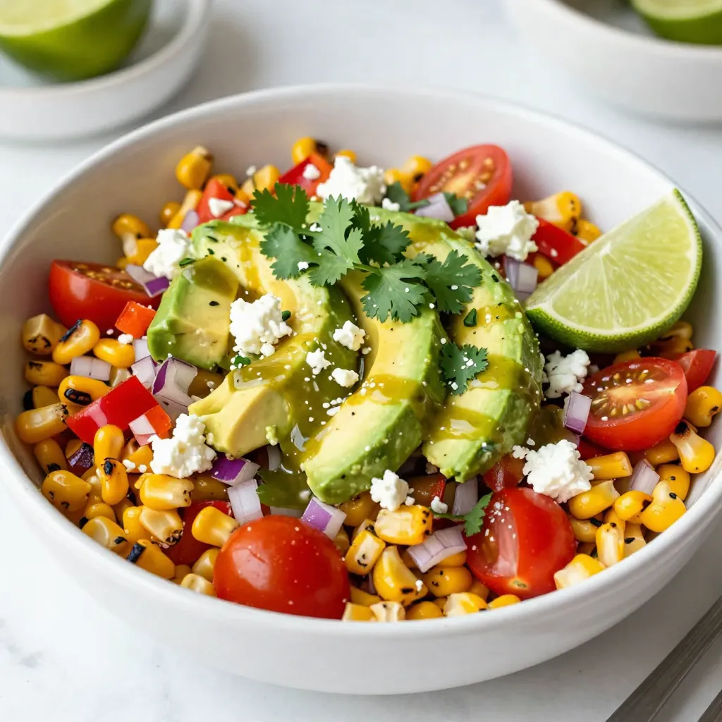 - 4 ears of fresh corn, husked - 1 vibrant red bell pepper, diced - 1/2 cup finely chopped red onion - 1 cup juicy cherry tomatoes, halved - 1 ripe avocado, diced - 1/2 cup crumbled creamy feta cheese - 1/4 cup fresh cilantro, roughly chopped - Juice of 2 zesty limes - 2 tablespoons extra virgin olive oil - 1 teaspoon smoky chili powder - Salt and freshly ground pepper to taste You may want to swap some ingredients. If you can’t find fresh corn, use frozen corn. It’s easy and still tasty. For the feta cheese, try goat cheese for a different flavor. If red onion is too strong for you, use green onions instead. You can also replace avocado with diced cucumber for a refreshing crunch. When you pick corn, look for husks that are bright green. The silk should be slightly sticky and brown. Gently peel back a part of the husk to check the kernels. They should be plump and yellow or white. Avoid corn with dry or dark spots. Fresh corn tastes the best in your salad! {{ingredient_image_2}} Start by husking the corn. Remove all the green leaves and silk. Rinse the ears under cold water to clean them. It is best to use fresh corn for the best flavor. You can find it at the store or local market. Fresh corn gives the salad a sweet crunch. Preheat your grill to medium-high heat. If you don’t have a grill, a grill pan works too. Place the corn directly onto the grill. Grill the corn for about 10 to 12 minutes. Turn the corn every few minutes. Look for nice char marks. When it feels tender, take it off the grill. Let it cool for a few minutes. Once cool, cut the kernels off the cob with a sharp knife. Make sure to get every last kernel! In a large bowl, add the grilled corn kernels. Next, add the diced red bell pepper, chopped red onion, halved cherry tomatoes, and diced avocado. Each adds flavor and color. In a small bowl, whisk lime juice, olive oil, and chili powder. Add a pinch of salt and pepper. Pour this dressing over the corn and veggies. Toss gently until everything is well mixed. Finally, fold in the crumbled feta cheese and chopped cilantro. This gives the salad a creamy and fresh finish. Enjoy your vibrant dish! To get great grill marks on your corn, start by preheating your grill. Aim for a medium-high heat. Place the husked corn directly on the grill. Rotate it every few minutes. This will help create those beautiful char marks. Grill for about 10-12 minutes. You want the corn to be tender and have nice browning. If you’re using a grill pan, the same rules apply. Just keep an eye on it to avoid burning. Chopping vegetables for your salad can be fun. Use a sharp knife for clean cuts. Start with the red bell pepper. Cut it in half, remove the seeds, and dice it. Next, take your red onion and cut off both ends. Slice it thinly for a great flavor. For cherry tomatoes, simply cut them in half. Lastly, dice your avocado gently to keep it intact. This adds creaminess to your salad. You can prepare your salad ahead of time. Grill the corn and chop the veggies a few hours before serving. Store the corn and veggies separately in the fridge. This keeps them fresh and crisp. Mix them together just before serving. Don’t forget to add the dressing and feta at the last moment. This will keep your salad vibrant and tasty. Enjoy the fresh flavors whenever you’re ready! Pro Tips Grilling Corn Perfectly: To achieve the best char and flavor, soak the corn in water for about 30 minutes before grilling. This helps to keep it moist and prevents burning. Choosing the Right Avocado: Look for avocados that yield slightly to pressure but are not overly soft. This ensures your avocado is ripe and creamy without being mushy. Enhancing Flavor with Lime: For an extra zing, consider adding lime zest to the dressing. This will intensify the citrus flavor and give your salad a refreshing kick. Fresh Herbs for More Flavor: If cilantro isn't your favorite, try substituting with fresh parsley or mint for a different herbaceous note that complements the salad beautifully. {{image_4}} To spice things up, add jalapeños or hot sauce. Diced jalapeños give heat and crunch. You can also use a spicy chili powder blend for depth. Mix in cayenne pepper to the dressing for a kick. Adjust the spice to your taste. This version adds excitement and flavor to every bite. If you want a vegetarian twist, skip the feta cheese. Replace it with a vegan cheese or creamy avocado. You can also add black beans for protein and texture. They boost the nutrition without losing flavor. Try adding corn chips for a crunchy surprise. These swaps keep the dish fresh and tasty. You can make this salad heartier by adding protein. Grilled chicken, shrimp, or tofu all work well. Just chop them into bite-sized pieces before mixing. For a quick option, use canned chickpeas or black beans. These add protein and fiber to the salad. This way, you can enjoy a filling meal that still tastes great. To keep your Mexican street corn salad fresh, place it in an airtight container. Make sure to remove any excess air to avoid spoilage. You can store it in the fridge for up to three days. If you want to keep it longer, consider freezing it. However, the texture of the avocado may change after freezing. Use glass or BPA-free plastic containers. Glass containers are great because they don’t stain and are easy to clean. If you choose plastic, ensure it is food-safe and airtight. This helps maintain the salad's freshness and flavor. When you are ready to eat the salad, it's best served cold or at room temperature. If you need to reheat it, do so gently. Place it in a pan on low heat for just a few minutes. Be careful not to overheat, especially if it has avocado, as it can become mushy. If you don't have feta cheese, try crumbled goat cheese. It offers a similar creaminess. You can also use queso fresco for a milder flavor. For a dairy-free option, try vegan feta made from nuts. This will keep the salad tasty and fresh! Yes, you can make this salad ahead of time! Prepare the corn and mix the veggies. Add the dressing and feta right before serving. This keeps the flavors bright and the ingredients crisp. If left too long, the salad may lose its zing. Mexican street corn salad lasts about 3 days in the fridge. Store it in an airtight container to keep it fresh. You may notice some ingredients soften over time, especially the avocado. Enjoy it within a few days for the best taste! This blog post covered all the steps to make a great corn salad. We discussed key ingredients, substitutes, and tips for selecting fresh corn. You learned how to prep corn and grill it to perfection. We shared tricks for perfect grill marks and how to chop veggies well. You saw ways to spice up the salad and options for storage. Remember, with a few easy steps, you can enjoy this tasty dish. Keep experimenting to find your favorite version!