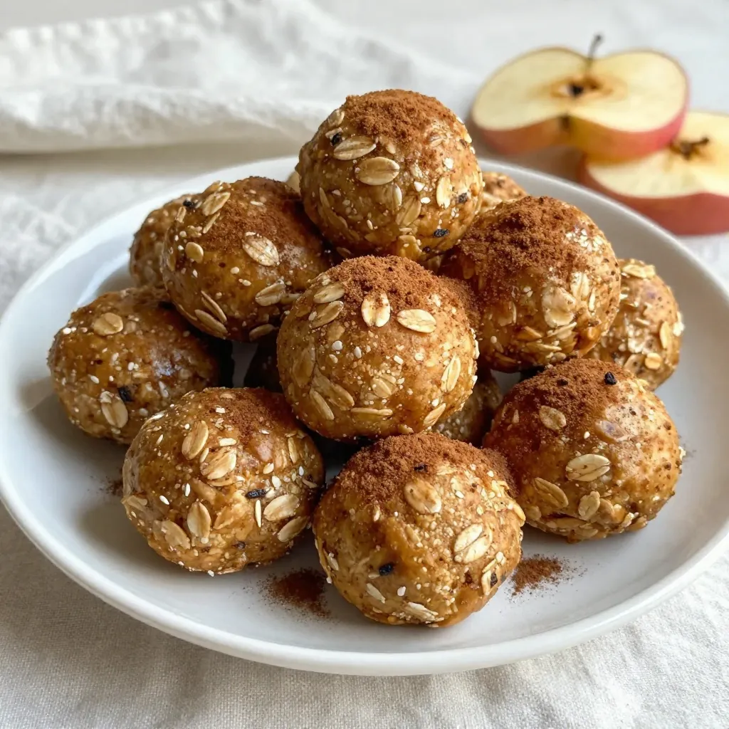 - 1 cup rolled oats - 1/2 cup almond butter (or peanut butter alternative) - 1/2 cup finely chopped dried apples - 1/4 cup honey or maple syrup - 1 teaspoon ground cinnamon - 1/2 teaspoon pure vanilla extract - 1/4 cup ground flaxseed (optional) - 1/4 cup mini chocolate chips or chopped nuts (optional) To make Apple Cinnamon Energy Bites, start by gathering all your ingredients. Each one plays a key role in flavor and nutrition. Rolled oats are the base of the bites. They offer fiber and help fill you up. Almond butter adds healthy fats and protein. You can swap it for peanut butter if you prefer. Dried apples give a sweet and fruity flavor. They also add natural sugars that boost energy. Honey or maple syrup acts as a natural sweetener and binds the ingredients. Ground cinnamon brings warmth and spice. It enhances the apple flavor and adds health benefits. Vanilla extract adds a sweet aroma, making the bites even more tasty. Ground flaxseed is optional but adds extra fiber and omega-3s for health. Lastly, mini chocolate chips or chopped nuts can add a fun crunch. They also give a sweet touch if you like a richer flavor. By using these ingredients, you create a snack that is not only fun to make but also packs a powerful punch of energy and nutrients. {{ingredient_image_2}} To start, gather your ingredients. In a large bowl, mix the rolled oats, almond butter, chopped dried apples, honey or maple syrup, ground cinnamon, vanilla extract, and ground flaxseed if you want. Stir well until all the ingredients blend smoothly. If the mix is too dry, add a splash of water or more almond butter. You want a sticky texture that can hold together. Next, take about one tablespoon of the mixture and roll it into a ball. Keep going until you shape all the mixture into bites. If you like, you can add mini chocolate chips or chopped nuts for more fun flavors and textures. Refrigeration is key. Place the rolled bites on a parchment-lined baking sheet. Make sure they are not too close together. Chill them in the fridge for at least 30 minutes. This helps them firm up, making them easier to handle. Once they are set, you can store them in an airtight container. They last up to a week in the fridge or can be frozen for later. To make these bites just right, you might want to adjust the sweetness. If you want a sweeter taste, add more honey or maple syrup. If you find them too sticky, add a little more oats to balance it out. Remember, almond butter can be swapped with peanut butter if you prefer a different flavor or if you have nut allergies. When it comes to serving, get creative! You can place the energy bites in a cute mason jar for a fun touch. Try sprinkling a bit of cinnamon on top or add fresh apple slices for color. These bites pair well with tea, coffee, or even yogurt. Enjoy them as a quick snack or a pre-workout boost. For storage, keep your energy bites in an airtight container in the fridge. They will stay fresh for about a week. Want to save some for later? You can freeze them! Just place them in a freezer-safe bag. When you want one, let it thaw in the fridge for a few hours. This way, you have a tasty snack ready whenever you need it! Pro Tips Use Fresh Ingredients: Always opt for fresh, high-quality dried apples to enhance the flavor and texture of your energy bites. Customization is Key: Feel free to experiment with different nut butters or add-ins like seeds, coconut flakes, or protein powder for a personalized touch. Sticky Hands Solution: If the mixture is sticky while rolling, dampen your hands slightly with water to make shaping the bites easier. Perfect Storage: Store the energy bites in small, portion-sized containers for on-the-go snacks that stay fresh and delicious. {{image_4}} You can easily mix up the flavor of your apple cinnamon energy bites. Here are some fun ideas: - Add spices: Try nutmeg or ginger for a warm touch. These spices blend well with cinnamon. - Use other dried fruits: Dried cranberries or apricots can give a sweet twist. Their chewy texture adds more joy to each bite. Want to make your energy bites even better? Here are some great options: - Add protein powder: This gives your bites a protein boost. It helps keep you full longer. - Try superfoods: Ingredients like chia seeds or spirulina can add nutrients. They raise the health value of your snack. - Choose vegan sweeteners: Maple syrup works great if you want a vegan option. It replaces honey well and tastes sweet. Texture can change your energy bites from good to great. Here’s how to make them more fun: - Incorporate seeds or grains: Add chia seeds or quinoa for crunch. These ingredients give a unique bite. - Switch nut butters: If you prefer, use peanut butter instead of almond butter. It changes the taste and can be creamier. These variations keep your energy bites exciting and nutritious. Try them out and find your favorite mix! Apple Cinnamon Energy Bites are packed with quick energy. They use rolled oats, almond butter, and honey. These natural ingredients give your body a swift lift. Oats provide complex carbs for steady energy. Almond butter offers healthy fats and protein to keep you full. Honey gives you natural sugar for that instant boost. This snack fuels your day, whether at work or play. These energy bites are not just tasty; they are healthy too. Oats are rich in fiber. They help with digestion and keep you full longer. Apples add vitamins and antioxidants, boosting your immune system. Almond butter has healthy fats, which are great for your heart. Flaxseed, if you add it, offers omega-3s, promoting brain health. Each bite is a mix of nutrition and flavor, making it a smart choice. These energy bites fit all kinds of lifestyles. Athletes can use them for pre-game fuel. Busy professionals can grab one for a quick snack. Families can enjoy them together at home. They are easy to make and store well. Just keep them in the fridge or freeze them. Whether you are on the go or relaxing, these bites are perfect for everyone. Yes, you can make these energy bites vegan! To do this, simply swap out the honey for maple syrup. This change keeps the sweetness without using animal products. You can also use peanut butter instead of almond butter if you prefer. Both options work well. These energy bites last about one week in the fridge. To keep them fresh, store them in an airtight container. If you want them to last longer, freezing is a great option. Absolutely! To freeze these bites, first shape them into balls and then place them on a baking sheet. Put the sheet in the freezer for about 30 minutes. Once they are firm, transfer them to a freezer bag or container. They can last up to three months in the freezer. To eat, just take out a few and let them thaw at room temperature for about 15 minutes. Enjoy! These apple cinnamon energy bites are simple, tasty, and healthy. You learned how to mix and shape the ingredients, plus tips for storage and serving. Remember, you can customize flavors and nutrition to fit your needs. Whether you are busy or active, these bites offer a great energy boost. Enjoy making them your way, and always explore new variations. Fuel your days with this easy snack that fits any lifestyle.