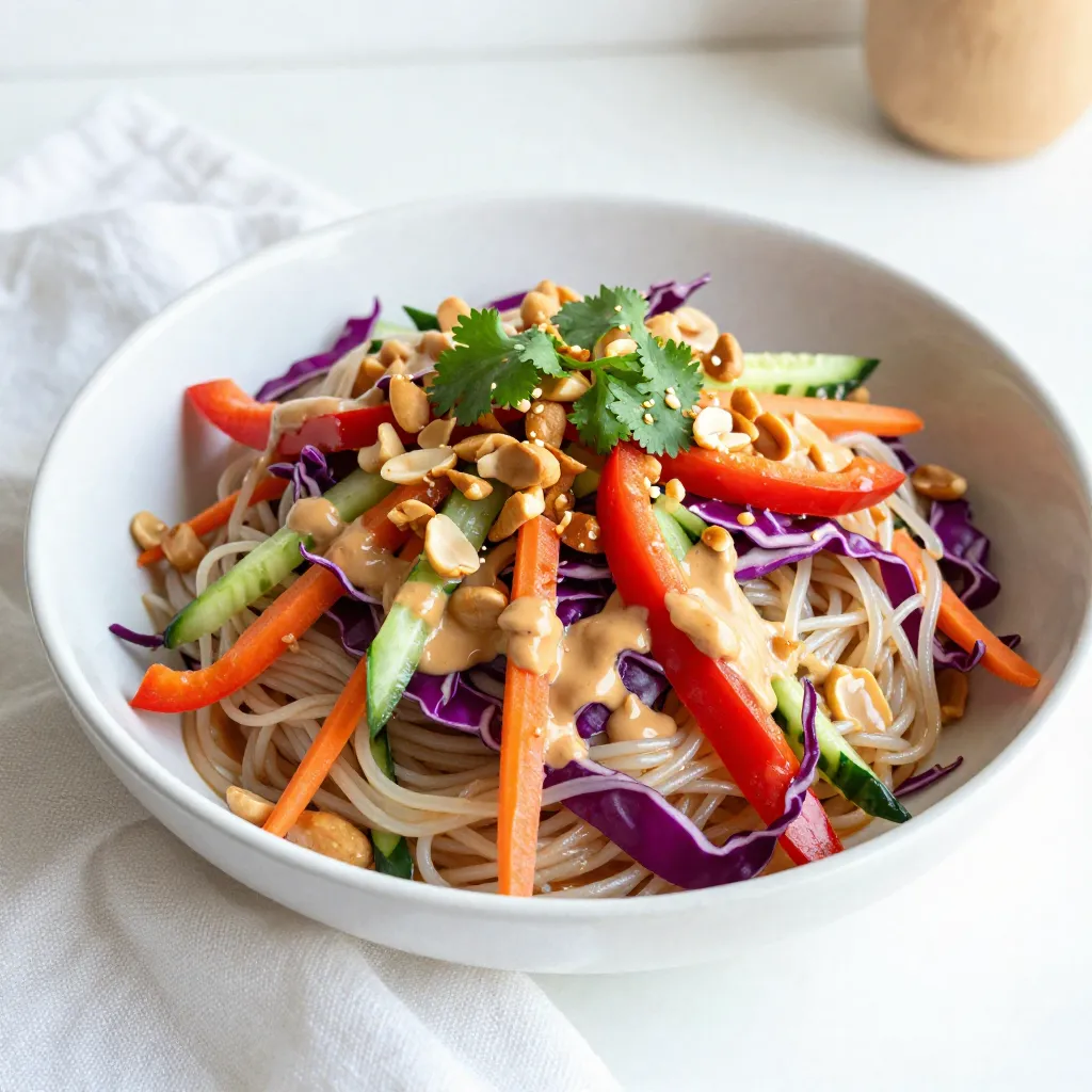 - 8 oz rice noodles - 1 cup red bell pepper, thinly sliced - 1 cup carrot, julienned - 1 cup cucumber, thinly sliced - 1 cup red cabbage, shredded - 1/4 cup green onions, chopped - 1/2 cup unsalted roasted peanuts, coarsely chopped - 1/4 cup fresh cilantro, finely chopped You will love the fresh taste of the main ingredients. Rice noodles are light and easy to cook. The colorful veggies add crunch and flavor. Red bell pepper gives sweetness. Carrots add a bright, crisp bite. Cucumbers keep it cool and refreshing. Red cabbage brings a nice crunch. Green onions add a mild onion flavor. Peanuts give a great texture, and cilantro adds a fresh note. - 1/3 cup peanut butter - 3 tablespoons soy sauce or tamari - 2 tablespoons pure maple syrup - 2 tablespoons fresh lime juice - 1 tablespoon sesame oil - 1 teaspoon sriracha - 1 clove garlic, minced - Salt, to taste The spicy peanut sauce is the star of this dish. Peanut butter makes it creamy and rich. Soy sauce or tamari adds depth. Maple syrup gives a hint of sweetness. Lime juice brings brightness. Sesame oil adds a nutty flavor. Sriracha gives it that kick. Fresh garlic adds a punch. Adjust salt to fit your taste. This sauce melds perfectly with the noodles and veggies, making every bite a delight! {{ingredient_image_2}} 1. Fill a large pot with water and bring it to a boil. 2. Once boiling, add 8 oz of rice noodles. 3. Cook the noodles for about 4-6 minutes. They should be tender but slightly firm. 4. Drain the noodles and rinse them with cold water. This stops the cooking. Set aside. 1. Wash your vegetables thoroughly. 2. Thinly slice 1 cup of red bell pepper and 1 cup of cucumber. 3. Julienne 1 cup of carrot and shred 1 cup of red cabbage. 4. Chop 1/4 cup of green onions. 5. Combine all the vegetables in a large mixing bowl. 1. In a medium bowl, add 1/3 cup of peanut butter. 2. Pour in 3 tablespoons of soy sauce, 2 tablespoons of maple syrup, and 2 tablespoons of fresh lime juice. 3. Add 1 tablespoon of sesame oil, 1 teaspoon of sriracha, and 1 clove of minced garlic. 4. Whisk the ingredients until smooth. 5. Taste the sauce and adjust the seasoning with salt as needed. 1. Gently add the cooled rice noodles to the bowl with the vegetables. 2. Drizzle the spicy peanut sauce over the noodles and vegetables. 3. Use two forks or tongs to toss everything together. Make sure all the ingredients are well-coated. 1. Present the salad in individual bowls or on a large platter. 2. Garnish with 1/2 cup of coarsely chopped peanuts and 1/4 cup of fresh cilantro. 3. For extra flair, serve with lime wedges and a sprinkle of sesame seeds. Adjust the sriracha based on your spice level! To get the best noodle texture, cook the rice noodles just until they are al dente. This means they should be soft but still have a bit of bite. - Boil a large pot of water. - Add the noodles and cook for about 4-6 minutes. - Drain them and rinse under cold water right away. Rinsing stops the cooking. This way, your noodles won’t get mushy. When chopping your vegetables, focus on uniform sizes for even cooking and a nice look. - Slice the bell pepper and cucumber thinly. - Julienne the carrots for great texture. - Shred the cabbage finely. Mix all veggies well in a big bowl to get an even distribution. You can customize the spice level to fit your taste. If you like it hotter, add more sriracha. - Start with 1 teaspoon for mild heat. - Add more until it’s spicy enough for you. If you need to change ingredients for dietary needs, swap soy sauce for tamari for gluten-free. - Use almond or sun butter instead of peanut butter for nut allergies. - Maple syrup can be replaced with agave for a vegan option. Garnishing makes your dish pop. Add chopped peanuts and fresh cilantro on top for color and crunch. - For a fresh look, sprinkle sesame seeds over the salad. - Consider lime wedges on the side for an extra zing. This not only looks great but also adds bright flavors! Pro Tips Choose Your Noodles Wisely: Opt for rice noodles that are labeled as "vermicelli" for a lighter texture, or go for thicker varieties for a more substantial bite. Both options work well with the spicy peanut sauce! Prep Ahead: Chop all your vegetables in advance and store them in airtight containers in the fridge. This way, you can quickly assemble the salad when you're ready to eat! Adjust the Spice: If you're serving this dish to a crowd, consider serving the sriracha on the side. This allows guests to customize their spice level according to their preference! Fresh Herbs Matter: Don't skip the fresh cilantro! It adds a burst of flavor that complements the richness of the peanut sauce. You can also experiment with other herbs like mint for a different twist! {{image_4}} You can easily adapt this salad for special diets. For gluten-free options, swap regular soy sauce with tamari. This keeps the same rich flavor while being safe for gluten-free eaters. For a vegan version, ensure your peanut butter does not contain honey. The rest of the ingredients are already plant-based, making this salad easy to enjoy by everyone. Want to add protein? Toss in grilled chicken or sautéed tofu. Both options give the salad a nice boost. You can also add more veggies like snap peas, broccoli, or spinach. This not only adds color but also more nutrients. Feel free to mix and match based on what you like or have on hand. If you crave something different, try other dressings. A tahini sauce can work well here. You can also make a spicy sesame dressing for a new twist. For a creative spin on the peanut sauce, mix in some coconut milk for creaminess. This makes the sauce rich and smooth while balancing the heat from the sriracha. To keep your Spicy Peanut Noodle Salad fresh, store it in an airtight container. This helps prevent moisture loss and keeps flavors intact. Place the salad in the fridge right after serving. You can enjoy it for up to three days. After that, the noodles may turn mushy and the veggies could wilt. If you want to save the salad for later, you can freeze it. First, separate the noodles and the veggies. Place them in freezer-safe bags. Squeeze out air before sealing. This method helps maintain their quality. When you’re ready to eat, let them thaw in the fridge overnight. This way, they’ll be ready for mixing. To reheat the noodles, use hot water. Just dip them in boiling water for a few seconds. This warms them without cooking further. You can also use a microwave. Heat in short bursts, stirring often. This keeps the texture smooth and the flavor strong. Enjoy your salad at the right temperature! Spicy Peanut Noodle Salad stays fresh for about 3 to 4 days in the fridge. To keep it tasty, store it in an airtight container. This helps to keep the flavors and textures intact. Avoid adding the dressing until you’re ready to eat. This way, the noodles and veggies stay crisp. Yes, you can make this salad ahead of time! Prepare the noodles and chop the veggies the day before. Store them separately from the sauce. Mixing them together just before serving keeps everything fresh. You can also store leftovers for a quick meal later in the week. If you need a nut-free option, use sunflower seed butter or tahini. Both provide a similar creamy texture. You can also try almond butter if you are okay with nuts. Each alternative brings its own unique flavor, so choose what you prefer. Absolutely! Spicy Peanut Noodle Salad is great for meal prep. You can make it in bulk and portion it out for the week. Just remember to keep the sauce and salad separate until you are ready to eat. This helps to maintain freshness and crunch. You can easily create a tasty Spicy Peanut Noodle Salad with fresh ingredients. We covered cooking rice noodles, preparing veggies, and making the spicy peanut sauce. I shared tips for storage and variations to fit your needs. Remember, you can change the spice level and add proteins for different flavors. This salad is not only delicious but also simple to prepare and store. Enjoy customizing it and sharing it with friends!