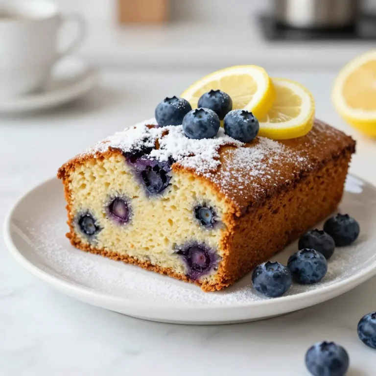 - 1½ cups all-purpose flour - ½ cup unsalted butter, softened - 1¼ cups fresh blueberries - 1 teaspoon baking powder - 1 cup sugar - 3 large eggs - Zest from 1 large lemon - 1 teaspoon pure vanilla extract - 2 tablespoons fresh lemon juice For this blueberry lemon pound cake, I focus on simple, fresh ingredients. The all-purpose flour gives structure, while the butter adds richness. Fresh blueberries burst with flavor, making each bite a delight. Baking powder helps the cake rise, ensuring a light texture. Sugar not only sweetens but also contributes to the cake's lovely crust. Eggs bind everything together, making a moist cake. To enhance flavor, I use lemon zest for a bright note. Pure vanilla extract adds warmth, while fresh lemon juice balances sweetness with a tangy kick. These ingredients work together to create a delightful dessert. When you gather these ingredients, you set the stage for a delicious baking adventure. So, let’s get ready to bake something special! {{ingredient_image_2}} Preheat your oven to 350°F (175°C). This step is crucial for even baking. Next, prepare your loaf pan. Grease it well with butter or cooking spray. Line the bottom with parchment paper. This makes it easy to remove the cake after baking. In a medium bowl, whisk together the following dry ingredients: - 1½ cups all-purpose flour - 1 teaspoon baking powder - ½ teaspoon baking soda - ¼ teaspoon fine sea salt Mix these well, so they are evenly combined. Set this mixture aside for later. In a large bowl, cream together the butter and sugar. Use an electric mixer on medium speed for about 3-4 minutes. You want the mixture to look light and fluffy. Next, add the eggs one by one. Beat well after each egg. This keeps the mixture smooth and creamy. Now, it's time to mix the wet and dry ingredients. Start by adding one-third of the dry mixture to the butter mix. Then, add half of the sour cream. Repeat this process. Finish with the remaining dry ingredients. Mix gently so you do not overmix. Some lumps are okay. Next, fold in the blueberries and fresh lemon juice using a spatula. Be gentle to avoid breaking the berries. Carefully pour the batter into the prepared loaf pan. Smooth the top with a spatula. Place the pan in the oven and bake for 55-60 minutes. To check for doneness, insert a toothpick into the center. It should come out clean or with a few moist crumbs attached. Once baked, let the cake cool in the pan for 10 minutes. Then, transfer it to a wire rack to cool completely before slicing. How to avoid overmixing the batter? To avoid overmixing the batter, mix until just combined. When adding dry ingredients, stop mixing as soon as you see no dry flour. Some lumps are okay! This keeps your cake light and fluffy. Ensuring an even bake To ensure an even bake, rotate your cake halfway through baking. Oven spots can be hot or cool. By turning the pan, you help the cake bake evenly. Always check for doneness with a toothpick. Options for substituting sour cream If you don’t have sour cream, you can use plain yogurt or buttermilk. Both give moisture and tang. This keeps the cake rich and soft. Adding spices or extracts for extra flavor You can spice things up! Try adding a pinch of cinnamon or nutmeg. A dash of almond extract can also add depth. These add subtle layers of flavor to your pound cake. Using powdered sugar for decoration After your cake cools, sift powdered sugar on top. This gives a lovely snowy look. It adds sweetness without being too heavy. How to arrange blueberries and lemon slices For a charming touch, arrange fresh blueberries and lemon slices on top. Spread them out nicely for a beautiful display. This makes your cake look as good as it tastes! Pro Tips Use Room Temperature Ingredients: Ensure that your butter, eggs, and sour cream are at room temperature. This helps create a smoother batter and better texture in your pound cake. Don’t Overmix: When combining the dry and wet ingredients, mix just until incorporated. Overmixing can lead to a dense cake, so it’s okay if there are a few lumps. Fresh Blueberries: For the best flavor and texture, use fresh blueberries. If using frozen, do not thaw them before adding to the batter, as this can make the cake soggy. Check for Doneness: Start checking the cake for doneness a few minutes before the suggested baking time. Ovens can vary, and you want to avoid overbaking. {{image_4}} You can easily adapt this recipe to fit your needs. For a gluten-free option, swap all-purpose flour for almond or coconut flour. Both of these flours add a nice nutty flavor. Make sure to adjust the liquid as needed, since these flours absorb moisture differently. If you want a vegan version, replace eggs with flaxseed meal or applesauce. Use vegan butter instead of regular butter. You can also use plant-based sour cream for a creamy texture. These swaps keep the cake moist and tasty. Want to change up the flavors? Raspberries or blackberries work well in this cake. They add a tart taste that pairs nicely with lemon. You can mix different berries too for a fun twist. For something unique, try adding herbs like thyme. Just a small amount can make a big difference in flavor. Thyme brings a fresh taste that contrasts well with the sweetness of the cake. If you want to serve smaller portions, make mini loaves or cupcakes. This way, everyone can enjoy their own little cake. Bake mini loaves for about 25 to 30 minutes. Cupcakes will need about 18 to 20 minutes. For serving suggestions, this cake is great for brunch or as a light dessert. Pair it with tea or coffee for a delightful afternoon treat. You can also serve it at parties, adding a sprinkle of powdered sugar and fresh blueberries for a fancy touch. To keep your leftover pound cake fresh, wrap it well. Use plastic wrap or an airtight container. This helps to keep moisture in and air out, which is key for great taste. Make sure to store it at room temperature. It will stay good for about three days. If you want it to last longer, freezing is a good option. To freeze your cake, let it cool completely first. Wrap it in plastic wrap, ensuring it's tight. Then, place it in a freezer-safe bag or container. This method helps prevent freezer burn. You can freeze the cake for up to three months without losing flavor. When you're ready to eat it, thaw the cake in the fridge overnight. This keeps it moist and tasty. Enjoy a slice of your cake any time! Can I use frozen blueberries instead of fresh? Yes, you can use frozen blueberries. They work well, but do not thaw them first. This keeps the batter from turning blue. Frozen berries may also add moisture to the cake. How can I tell when the cake is fully baked? To check if your cake is done, insert a toothpick into the center. If it comes out clean or with a few crumbs, the cake is ready. If the toothpick has wet batter, bake it a bit longer. What to do if the cake sinks in the middle? A sinking cake may mean the oven was too hot or the batter was overmixed. To fix this, avoid opening the oven door while baking. Make sure to mix the batter just until combined. Why did my pound cake turn out dense? A dense pound cake can happen if you added too much flour or did not cream the butter enough. Make sure to measure your flour correctly and cream the mixture until light and fluffy. What beverages pair well with this cake? This cake pairs nicely with tea or coffee. A glass of lemonade also complements the lemon flavor well. If you prefer something fruity, try a berry smoothie. Can I serve it with a sauce or glaze? Yes! A light lemon glaze or vanilla sauce adds extra flavor. You can simply mix powdered sugar with lemon juice to create a quick glaze. Drizzle it over the cooled cake for a tasty touch. This blog post shared how to make a delicious Blueberry Lemon Pound Cake. We explored key ingredients and precise measurements you need. I outlined the step-by-step baking process, tips for success, and variations for dietary needs. My final thought: This cake is easy and enjoyable to make. It’s perfect for any occasion. So, gather your ingredients and start baking your flavorful masterpiece! You will love the taste and aroma. Enjoy your baking!