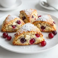 Let&rsquo;s look at the ingredients you need for these tasty scones. - 2 cups all-purpose flour - 1/3 cup granulated sugar - 1 tablespoon baking powder - 1/2 teaspoon salt - 1/2 cup cold unsalted butter, cubed - 2/3 cup heavy cream - 1 large egg - 1 cup fresh or dried cranberries (coarsely chopped if dried) - 1/2 cup white chocolate chips - 1 teaspoon vanilla extract - 1 egg wash (1 egg whisked with 1 tablespoon water) for brushing - Optional: coarse sugar for topping Measurement conversions for different regions: - For those in the UK, use 240g of flour for 2 cups. - For those in Canada, stick to the same measurements as the US. Optional ingredients for added flavor: - You can add nuts like pecans or walnuts for crunch. - A pinch of cinnamon can give a warm spice note. - Zest from an orange or lemon can brighten the flavor. These ingredients come together to create soft, sweet scones that burst with flavor. The tartness of cranberries and the sweetness of white chocolate make this treat special. Enjoy making them! {{ingredient_image_2}} 1. Start by preheating your oven to 400&deg;F (200&deg;C). Line a baking sheet with parchment paper to keep scones from sticking. 2. In a large bowl, mix together the dry ingredients. Combine 2 cups of flour, 1/3 cup of sugar, 1 tablespoon of baking powder, and 1/2 teaspoon of salt. Whisk them well until they are evenly blended. 3. Now, add 1/2 cup of cold, cubed unsalted butter to the flour mix. You can use a pastry cutter or your fingers. Work the butter into the flour until it resembles coarse crumbs. It should look like sand. This step gives the scones a soft texture. 4. In another bowl, whisk together 2/3 cup of heavy cream, 1 large egg, and 1 teaspoon of vanilla extract. Mix until smooth. 5. Gradually pour this wet mixture into the dry ingredients. Use a spatula to stir gently until just combined. Be careful not to overmix. Overmixing makes the scones tough. You want them tender and light. 6. Carefully fold in 1 cup of chopped cranberries and 1/2 cup of white chocolate chips. Make sure they are evenly spread throughout the dough. 7. Lightly flour your work surface. Turn the dough out and knead it gently about 5 to 6 times. Shape the dough into a circle about 1 inch thick. 8. Use a sharp knife or pastry cutter to slice the dough into 8 equal wedges. Transfer them to the lined baking sheet. Brush the tops with the egg wash made from 1 whisked egg and 1 tablespoon of water. Sprinkle coarse sugar on top if you want. 9. Bake in your preheated oven for 15 to 18 minutes. They should turn a lovely golden brown when done. 10. Once baked, remove the scones from the oven. Let them cool slightly on a wire rack before serving. Enjoy your delicious cranberry white chocolate scones for breakfast! Using cold ingredients is key for great scones. Cold butter makes the scones flaky. It keeps the butter solid, creating pockets of air. These pockets lead to a light and soft texture. Use heavy cream straight from the fridge, too. Avoid common mistakes like overmixing the dough. If you mix too much, scones become dense. Stir until just combined, then fold in cranberries and chocolate gently. Another tip is to knead the dough only a few times. This helps keep the scones tender and light. Serve your warm scones on a lovely platter. A decorative touch makes them stand out. You can garnish with fresh cranberries or a light dusting of powdered sugar. This adds color and charm. For a tasty accent, try serving them with clotted cream or your favorite jam. These spreads complement the sweet and tart flavors well. Enjoy your scones fresh from the oven for the best taste! Pro Tips Use Cold Butter: Ensure your butter is very cold before incorporating it into the flour mixture. This helps create flaky layers in your scones. Don&rsquo;t Overmix: When combining wet and dry ingredients, mix just until combined. Overmixing can lead to tough scones instead of tender ones. Chill the Dough: If you have time, chill the dough for about 30 minutes before shaping. This enhances the texture and makes the scones even more tender. Experiment with Add-ins: Feel free to substitute cranberries and white chocolate with other fruits or chocolates, such as blueberries or dark chocolate, for a personalized twist! {{image_4}} You can easily change the recipe for dietary needs. Use gluten-free flour instead of all-purpose flour. This swap keeps the texture without the gluten. If you want to cut sugar, try using a sugar substitute. For flavor, add nuts like walnuts or pecans. These add a nice crunch. You can also mix in spices like cinnamon or nutmeg for warmth. Both options enhance the scone&rsquo;s taste. Seasonal fruits can change the flavor of your scones. In summer, try adding blueberries or raspberries. In fall, diced apples work well. Each fruit brings its unique sweetness and tartness. You can also switch the chocolate. Dark chocolate adds a rich taste. For a fun twist, use peppermint chocolate during the holidays. It gives a festive feel to your scones. You can adjust the shapes for special occasions too. For parties, make smaller, bite-sized scones. They are perfect for sharing. Just remember to reduce the baking time slightly. To keep your cranberry white chocolate scones fresh, consider how you store them. For short-term storage, place your scones in an airtight container. This method helps them stay soft for up to two days at room temperature. If you want to store them for a longer time, use the freezer. Wrap each scone tightly in plastic wrap. Then, place them in a freezer bag. This way, they can last for up to three months. When you&rsquo;re ready to enjoy your scones again, reheating is key. For the best taste, preheat your oven to 350&deg;F (175&deg;C). Place the scones on a baking sheet. Warm them in the oven for about 10 minutes. This method keeps them soft and fresh. If you are in a hurry, you can use a microwave. Heat them for about 15 to 20 seconds. Just be careful not to overheat, as this can make them tough. Enjoy your warm scones with a cup of tea or coffee! To make gluten-free cranberry white chocolate scones, swap all-purpose flour for a gluten-free blend. Look for a brand that includes xanthan gum. This will help mimic the texture of regular flour. You can also use almond flour or oat flour. Just remember, these may change the taste and texture slightly. Yes, you can freeze these scones. Here&rsquo;s how: 1. Cool the baked scones completely. 2. Wrap each scone tightly in plastic wrap. This keeps them fresh. 3. Place the wrapped scones in a freezer bag. Squeeze out the air to avoid freezer burn. 4. Label the bag with the date. They last for about 2 months. 5. To thaw, leave them at room temperature. Or warm them in the oven for a few minutes. Serve cranberry white chocolate scones warm for the best taste. Pair them with: - Tea or coffee: The sweetness of scones goes well with these drinks. - Clotted cream: This adds a rich, creamy touch. - Jam or fruit spreads: Try raspberry or orange marmalade for a fruity contrast. These treats are perfect for breakfast or a cozy afternoon snack! We explored the key elements of making perfect scones, from ingredients to storage tips. You learned how to mix and shape the dough, ensuring a light texture. Remember to avoid overmixing and use cold ingredients for the best results. Feel free to experiment with flavors, and don&rsquo;t forget about presentation. Store them well to keep them fresh. I hope you enjoy making and sharing scones with friends and family. Happy baking!