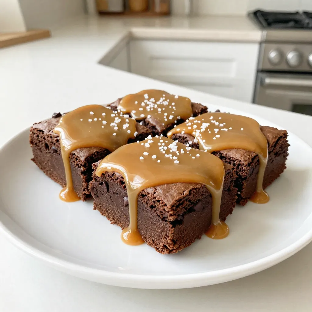 - 1 cup unsalted butter - 1 1/4 cups granulated sugar - 1 cup packed brown sugar - 4 large eggs - 1 teaspoon vanilla extract - 3/4 cup all-purpose flour - 1 cup cocoa powder - 1 teaspoon baking powder - 1/2 teaspoon salt - 1 tablespoon instant coffee granules - 1/2 cup semisweet chocolate chips - 1/2 cup salted caramel sauce - Sea salt flakes for garnish The unsalted butter gives the brownies a rich flavor and smooth texture. Using both granulated and brown sugar adds depth to the sweetness. The large eggs help bind the ingredients together while adding moisture. Vanilla extract enhances the overall taste, making it more inviting. Cocoa powder is the heart of brownies, providing that deep, chocolatey flavor. All-purpose flour helps create the structure. Baking powder ensures the brownies rise and remain soft. Salt balances the sweetness and enhances all flavors. Instant coffee granules give these brownies their mocha kick. They boost the chocolate flavor without making the brownies taste like coffee. Semisweet chocolate chips add extra chocolatey goodness, making each bite a delight. The salted caramel sauce is what makes these brownies truly special. It creates a sweet and salty experience that is hard to resist. For a dairy-free version, swap unsalted butter with coconut oil or a vegan butter substitute. Use a plant-based milk alternative in place of eggs, such as flaxseed meal or applesauce. If you want a gluten-free option, replace all-purpose flour with almond flour or a gluten-free flour blend. For a lower-sugar treat, try using a sugar substitute that measures cup-for-cup like erythritol or monk fruit sweetener. These substitutions allow everyone to enjoy these delicious brownies while meeting their dietary needs. {{ingredient_image_2}} Start by preheating your oven to 350°F (175°C). This step is key for even baking. Next, take a 9x13 inch baking pan. Lightly grease it or line it with parchment paper. This helps the brownies come out easily later. In a medium saucepan, melt 1 cup of unsalted butter over low heat. Once it’s melted, remove it from the heat. Stir in 1 1/4 cups of granulated sugar and 1 cup of packed brown sugar. Mix well until it’s smooth. Now, add 4 large eggs one at a time. Stir well after each egg. Add 1 teaspoon of vanilla extract next. In another bowl, whisk together 3/4 cup of all-purpose flour, 1 cup of cocoa powder, 1 teaspoon of baking powder, 1/2 teaspoon of salt, and 1 tablespoon of instant coffee granules. Gradually add this dry mix into the wet ingredients, stirring gently. Don’t overmix! Finally, fold in 1/2 cup of semisweet chocolate chips. Pour half of the brownie batter into the prepared pan. Spread it out evenly using a spatula. Drizzle half of the salted caramel sauce over this layer. Then, carefully pour the rest of the brownie batter on top. Use the spatula again to spread it evenly. With a knife, make swirls between the layers. This creates a lovely marbled effect. Finish by drizzling the remaining salted caramel sauce over the top. Sprinkle sea salt flakes generously on the surface for that perfect salty touch. Place the pan in the preheated oven and bake for 25-30 minutes. Check if it’s done by inserting a toothpick in the center. It should come out with a few moist crumbs, not wet batter. Once done, let the brownies cool in the pan for at least 15 minutes. This helps them set. After cooling, slice into squares and enjoy! To get brownies that are rich and fudgy, use less flour. Stick to 3/4 cup. This keeps the brownies moist. It helps to avoid overmixing too. Mix just until you see no flour. Bake them until a toothpick shows moist crumbs. This gives a gooey center. Remember, the brownies will continue to cook a bit after you take them out. If you want a strong coffee taste, use fresh coffee beans. Grind them right before use. You can also double the amount of instant coffee granules. If you love mocha, try adding a splash of brewed coffee. This makes the flavor pop. Pairing the coffee with chocolate brings out its richness. If your brownies turn out dry, you may have overbaked them. Keep a close eye on baking time. If they look set, take them out. For brownies that are too gooey, they might need more time in the oven. Use a toothpick to check. If it comes out too wet, bake a few more minutes. Lastly, if they stick to the pan, always grease or line it with parchment. This step is key for easy removal. Pro Tips Use High-Quality Ingredients: The flavor of your brownies greatly depends on the quality of your cocoa powder and chocolate chips. Opt for high-quality brands for the best results. Don't Overbake: Keep an eye on your brownies while baking. They should be taken out when a toothpick inserted comes out with a few moist crumbs. This ensures they remain fudgy and decadent. Let Them Cool: Allow the brownies to cool in the pan for at least 15 minutes before slicing. This helps them set and makes cutting easier without crumbling. Experiment with Flavors: Feel free to add nuts, or different types of chocolate, or even a hint of orange zest for a unique twist on classic brownie flavors. {{image_4}} To make gluten-free salted caramel mocha brownies, swap the all-purpose flour for gluten-free flour. Look for a blend that works well in baking. This change keeps the texture rich and fudgy while allowing those with gluten sensitivities to enjoy these treats. For a vegan version, replace the eggs with flax eggs. Mix one tablespoon of ground flaxseed with three tablespoons of water. Let it sit until it thickens. Use dairy-free butter and substitute the chocolate chips for a dairy-free kind. This way, you still get rich flavors without any animal products. You can enhance your brownies by adding nuts. Chopped walnuts or pecans add a nice crunch. If you want more flavor, try adding a teaspoon of almond extract or a pinch of cinnamon. These additions pair well with chocolate and caramel, creating a unique twist on the classic recipe. To keep your salted caramel mocha brownies fresh, store them in an airtight container. This helps prevent drying out. You can stack the brownies with layers of parchment paper between them. This keeps them from sticking together. Keep them at room temperature for up to three days. If you want to store them longer, consider freezing. Freezing brownies is easy and keeps them fresh for a long time. First, let the brownies cool completely. Then, cut them into squares. Wrap each square tightly in plastic wrap. Place the wrapped brownies into a freezer-safe bag. They can last up to three months in the freezer. When you're ready to enjoy them, simply thaw at room temperature. To reheat your brownies, use the microwave for a quick fix. Heat them for about 10-15 seconds. This warms them without drying them out. If you prefer the oven, preheat it to 350°F (175°C). Place the brownies on a baking sheet and warm them for about 5-10 minutes. The goal is to get them soft and gooey again, just like when they were fresh. If you don’t have instant coffee, use espresso powder. It gives a rich flavor. You could also use brewed coffee, but reduce the liquid in the recipe. A strong coffee will work best to keep the mocha taste. The brownies are done when a toothpick comes out with a few moist crumbs. Bake them for about 25-30 minutes. Keep an eye on them as ovens may vary. If the toothpick has wet batter, give them more time. Absolutely! Homemade salted caramel sauce adds a personal touch. Just make sure it is thick enough to swirl into the brownie batter. It should pour easily, but not be too runny. Leftover brownies last up to five days when stored in an airtight container. For longer storage, freeze them. They will keep well for about three months in the freezer. Just thaw and enjoy! In this blog post, we explored the key ingredients and steps for making delicious salted caramel mocha brownies. I shared tips for achieving a fudgy texture and variations for different diets. You can easily adapt the recipe to suit your tastes or needs. Remember, baking is all about practice. Don't be afraid to experiment. Enjoy your creations, and savor each bite of your homemade brownies. Happy baking!