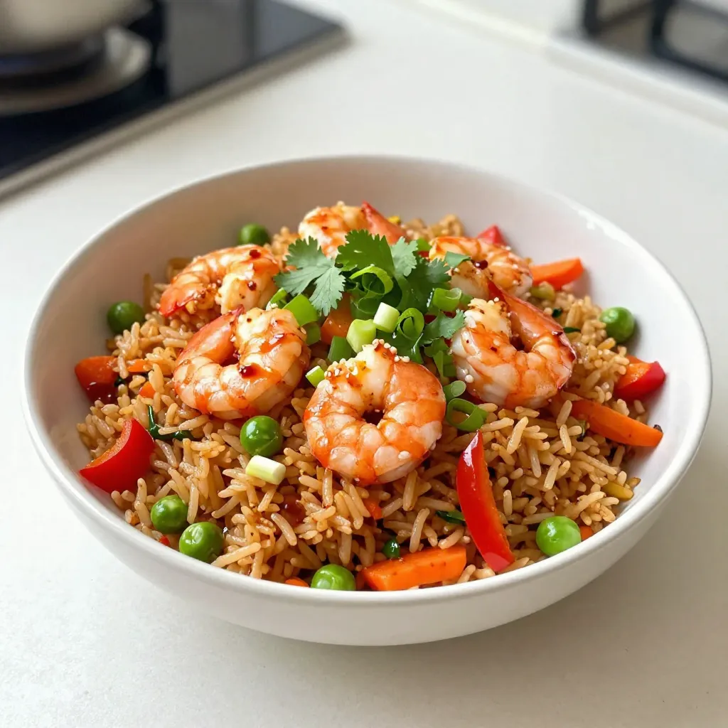 - 1 cup jasmine rice, cooked and cooled - 1 pound large shrimp, peeled and deveined - 2 tablespoons vegetable oil - 3 cloves garlic, minced - 1 small onion, finely chopped - 1 cup mixed bell peppers, diced (red, yellow, and green) - 1 cup frozen peas and carrots mix - 2 eggs, lightly beaten - 3 tablespoons soy sauce (preferably low sodium) - 2 tablespoons sriracha (adjust for heat preference) - Salt and black pepper, to taste - 2 green onions, chopped - Fresh cilantro, for garnish (optional) I love how simple yet flavorful this dish is. The jasmine rice adds a nice aroma and texture. Using large shrimp makes each bite satisfying. The garlic and onion create a great base flavor. I always add mixed bell peppers for color and crunch. The frozen peas and carrots bring sweetness and nutrition. For seasonings, soy sauce gives a savory touch. Sriracha adds a kick that you can adjust to your liking. Salt and black pepper enhance every bite. Don’t forget the garnishes! Chopped green onions add freshness. If you enjoy herbs, fresh cilantro is a great choice. It really brightens up the dish! {{ingredient_image_2}} To make spicy shrimp fried rice, start by cooking 1 cup of jasmine rice. Follow the package directions carefully. After cooking, spread the rice on a baking sheet. Let it cool completely. This is key to avoid sticky rice when frying. In a large skillet or wok, heat 1 tablespoon of vegetable oil over medium-high heat. Once the oil is hot, add 3 cloves of minced garlic and 1 small chopped onion. Sauté for 2-3 minutes. You want the garlic to smell great and the onion to turn clear. Next, raise the heat to high. Add 1 pound of peeled and deveined shrimp to the skillet. Season with salt and black pepper. Cook for about 2-3 minutes. Stir until the shrimp change to a pink color. Remove the shrimp from the skillet and set them aside. In the same skillet, add another tablespoon of vegetable oil. Toss in 1 cup of diced bell peppers and 1 cup of frozen peas and carrots. Stir-fry for about 3 minutes. Ensure the veggies are tender but still crisp and colorful. Push the vegetables to one side of the skillet. Pour in 2 lightly beaten eggs on the clear side. Scramble the eggs until they are fully cooked. Mix them with the vegetables after cooking. Lower the heat just a bit. Add the cooled jasmine rice into the skillet along with the cooked shrimp. Pour in 3 tablespoons of soy sauce and 2 tablespoons of sriracha. Stir-fry everything together for 3-4 minutes. Make sure the rice is hot and well mixed with the other flavors. Stir in 2 chopped green onions. Taste your fried rice. Adjust with more salt, pepper, or sriracha for extra heat if needed. Carefully transfer your spicy shrimp fried rice to a serving dish. For a nice finish, you can garnish with fresh cilantro if you like. Serve in bowls or on a platter. A wedge of lemon or lime on the side can make it look even better! To keep your fried rice from turning gummy, start with cooled jasmine rice. Cook the rice as the package says. After cooking, spread it on a baking sheet. Let it cool completely before using it in your dish. This helps each grain stay separate when frying. You can easily adjust the heat in your fried rice. Start with 2 tablespoons of sriracha. If you like it spicier, add more sriracha to taste. You can also serve extra sriracha on the side for anyone who wants more heat. To reduce spice, use less sriracha or add a bit more soy sauce. For the best shrimp, use large, fresh shrimp. Peel and devein them for a clean taste. When cooking, keep the heat high to cook them quickly. This keeps them juicy and tender. Avoid overcooking, as shrimp can become tough. Cook them just until they turn pink. Pro Tips Cooling the Rice: Allowing the jasmine rice to cool completely before frying helps to prevent it from becoming gummy and ensures a better texture in your fried rice. High Heat Cooking: Cooking on high heat when stir-frying is key. It helps to quickly sear the shrimp and vegetables, preserving their flavors and crispness. Adjusting Spice Levels: Feel free to adjust the amount of sriracha according to your heat preference. Start with less and add more as needed to find your perfect balance. Garnishing: Adding fresh cilantro and lime wedges not only enhances the presentation but also adds a refreshing flavor that complements the spiciness of the dish. {{image_4}} You can easily boost nutrition by adding extra vegetables. Try using: - Broccoli florets - Snap peas - Carrots - Zucchini These veggies add color and crunch to your fried rice. They also provide vitamins and minerals. Just make sure to chop them small, so they cook evenly. Stir-fry them with the bell peppers for the best results. If shrimp isn't your thing, you can swap it for other proteins. Chicken and tofu are great choices. - For chicken, use about 1 pound of diced breast. Cook it until golden brown. - For tofu, use firm or extra-firm tofu. Press it to remove water, then cube it. Sauté until crispy. Both options will pair well with the fried rice flavors. Adjust the cooking times to ensure everything is cooked perfectly. You can change the flavors by adding herbs and spices. Here are some ideas: - Fresh basil or cilantro will give a fresh taste. - Use ginger for a spicy kick. - Add lime juice for a zesty flavor. Feel free to experiment! Adjusting these ingredients can make this dish uniquely yours. Store your spicy shrimp fried rice in an airtight container. It stays fresh for up to three days in the fridge. Before sealing, let it cool to room temperature. This helps keep the rice from getting too mushy. When you’re ready to eat, just pull it out and let it warm up a bit. You can freeze this dish for longer storage. Use a freezer-safe container and pack it well. Make sure to leave some space for expansion. It can last for up to three months in the freezer. To thaw, place it in the fridge overnight before reheating. Reheat your fried rice in a skillet over medium heat. Add a splash of water or broth to keep it moist. Stir frequently to heat it evenly. You can also use the microwave. Heat in short bursts, stirring in between. This keeps the flavors bright and fresh. I recommend using jasmine rice. It has a nice aroma and a slightly sticky texture. This rice helps the dish taste great. Cook it ahead of time and let it cool. This step keeps the rice from getting mushy when frying. Yes, you can use frozen shrimp. Just make sure to thaw them first. You can place them in cold water for a quick thaw. Peeled and deveined shrimp work best. To reduce the heat, cut back on the sriracha. You can also skip it altogether. Instead, add a bit more soy sauce for flavor. Adding extra veggies can help balance the spice too. This dish pairs well with a light salad or steamed broccoli. You can also serve it with egg rolls or spring rolls. These sides will add a nice crunch and flavor. Absolutely! Spicy shrimp fried rice is perfect for meal prep. You can store it in airtight containers in the fridge. It stays fresh for up to 4 days. Reheat it in the microwave or on the stovetop. To sum up, we covered key steps to make spicy shrimp fried rice. You learned about essential ingredients, seasonings, and how to prepare the dish. I shared tips for cooking perfect rice and shrimp. You can explore variations with different proteins and veggies. Lastly, we discussed storage and reheating of leftovers. Now, you have all you need to make this tasty meal your own. Dive in and enjoy your cooking adventure!