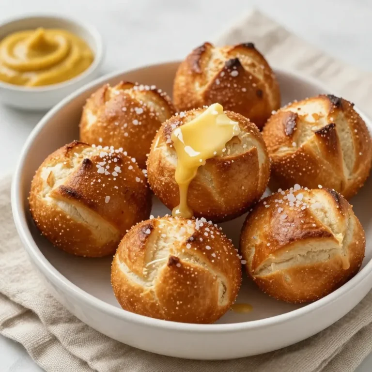 - 1 ½ cups warm water (110°F-115°F) - 2 teaspoons granulated sugar - 2 ¼ teaspoons active dry yeast (1 packet) - 4 cups all-purpose flour - 1 teaspoon fine sea salt - ½ teaspoon baking soda - 1 large egg, beaten (for egg wash) - Coarse sea salt (for topping) To make soft pretzel bites, you need a few key ingredients. Start with warm water, sugar, and yeast. These three work together to activate the yeast. The yeast helps the dough rise and gives the pretzels a fluffy texture. Next, you’ll need all-purpose flour and fine sea salt. The flour forms the dough, while the salt adds flavor. Lastly, use baking soda and an egg wash. The baking soda helps create that classic pretzel taste, and the egg wash gives the bites a beautiful golden color. - Melted butter - Garlic powder and Parmesan cheese - Coarse sea salt For extra flavor, consider adding toppings. Brush melted butter on the pretzel bites after baking. This makes them rich and tasty. You can also sprinkle garlic powder and Parmesan cheese for a savory twist. Coarse sea salt is a must for that signature crunch. These toppings enhance the bites and make them even more delicious. {{ingredient_image_2}} To start, grab a small mixing bowl. Combine 1 ½ cups of warm water, 2 teaspoons of sugar, and 2 ¼ teaspoons of active dry yeast. Stir gently. Let this mixture sit for about 5-10 minutes. You want to see froth forming on top. This froth shows that the yeast is active and ready to use. Next, take a large mixing bowl. Mix 4 cups of all-purpose flour with 1 teaspoon of fine sea salt. Make a well in the center of the flour. Pour the frothy yeast mixture into this well. Use a wooden spoon to stir until the dough starts to form. Now, transfer the dough to a floured surface. Knead it for about 5-7 minutes until it feels smooth and elastic. Place the kneaded dough in a greased bowl. Cover it with a damp cloth. Let it rise in a warm place for about 1 hour or until it doubles in size. Once the dough has risen, gently punch it down to release air. Turn it out onto a floured surface. Cut it into 8 equal pieces. Roll each piece into a long rope, about 1-inch thick. Cut each rope into 1-inch bites. In a large pot, bring about 8 cups of water to a boil. Carefully stir in ½ teaspoon of baking soda. The mixture will bubble up. Working in batches, drop the pretzel bites into the boiling water. Boil each batch for 30 seconds. Use a slotted spoon to remove them and place them on a baking sheet. Preheat your oven to 425°F (220°C). Brush the tops of the pretzel bites with a beaten egg. Sprinkle coarse sea salt on top for extra flavor. Bake the pretzel bites for about 12-15 minutes. They should be golden brown and puffed. Once baked, remove them from the oven. Let them cool slightly. If you like, brush them with melted butter and sprinkle with garlic powder or Parmesan cheese for extra taste. Enjoy your homemade soft pretzel bites warm! Kneading is key for soft pretzel bites. It helps develop the gluten. This gives the dough strength and chew. When you knead, aim for about 5-7 minutes. The dough should feel smooth and elastic. Don’t skip this step! The rising conditions matter too. Find a warm spot in your kitchen. Cover the dough with a damp cloth. Let it rise for about one hour. You want it to double in size. A good rise leads to fluffier bites. To get that perfect golden brown color, preheat your oven to 425°F. Brush the pretzel bites with the egg wash before baking. This helps them brown nicely. Bake for 12-15 minutes until puffy and golden. When serving, think about dips! Mustard is a classic choice. You can also offer a creamy cheese dip. Both add great flavor. Serve the bites warm in a basket lined with a cloth. This makes them look inviting and fun! Pro Tips Activate Your Yeast: Make sure your water is at the right temperature (110°F-115°F) to properly activate the yeast. Too hot can kill the yeast, while too cold will not activate it. Knead for the Right Texture: Don’t rush the kneading process; knead the dough for a full 5-7 minutes until it’s smooth and elastic for the best texture in your pretzel bites. Boil for the Perfect Finish: Boiling the pretzel bites in baking soda water before baking gives them that classic pretzel flavor and chewy texture. Don't skip this step! Season to Taste: Feel free to get creative with toppings! After brushing with melted butter, sprinkle on garlic powder, Parmesan cheese, or even cinnamon sugar for a sweet twist. {{image_4}} You can make your pretzel bites even tastier. Here are two fun ideas: - Cheesy pretzel bites: Add shredded cheese to your dough. Mix in about one cup of cheese, like cheddar, before you knead. This makes each bite gooey and rich. - Spicy jalapeño pretzel bites: Chop fresh jalapeños and mix them into your dough. Use about 1/4 cup for a nice kick. This adds heat and flavor that will wow your taste buds. Not everyone can enjoy wheat flour. Here are some great swaps: - Suggested flour alternatives: Use a gluten-free flour blend instead of all-purpose flour. Look for one that contains xanthan gum. This helps mimic the texture of regular dough. - Adjustments in recipe: The water amount may need to change. Start with the same amount, but add more if the dough feels too dry. Make sure to mix well until it comes together smoothly. You can store leftover pretzel bites in two ways: at room temperature or in the fridge. - Room temperature: Place the pretzel bites in a paper bag. This keeps them soft. They stay fresh for up to 2 days. - Refrigerator: If you want to keep them longer, store in an airtight container. They last up to a week, but may get a bit dry. If you need to freeze them, wrap each bite in plastic wrap. Then, put them in a freezer bag. They can stay good for up to 3 months. When ready to eat, let them thaw in the fridge overnight before reheating. You can reheat pretzel bites in a microwave or an oven. Each method has its perks. - Microwave: This method is quick. Place the bites on a plate. Cover with a damp paper towel. Heat for 20-30 seconds. This keeps them soft but may make them chewy. - Oven reheating: Preheat the oven to 350°F (175°C). Place the pretzel bites on a baking sheet. Heat for about 5-10 minutes. This keeps them soft and crisp. To retain softness, avoid overheating. Just warm enough to heat through is best. If you want extra flavor, brush them with melted butter before reheating. To check yeast activity, look for bubbles. Mix warm water, sugar, and yeast in a bowl. After 5-10 minutes, the mix should foam. If it does, your yeast is active. If there's no foam, try fresh yeast. Active yeast gives pretzel bites a great rise. Yes, you can prepare the dough ahead. After kneading, let it rise, then punch it down. Cover the dough tightly and store it in the fridge for up to 24 hours. When ready, let it warm up before shaping and boiling. This saves time on busy days. Soft pretzel bites pair well with many dips. Tangy mustard adds zest. Creamy cheese sauce gives a rich taste. You can also try warm marinara or spicy salsa for a twist. Serve with a variety to please everyone at your gathering. Enjoy these bites with your favorite dips! You now have all the tools to make perfect pretzel bites. We covered essential ingredients, step-by-step instructions, and helpful tips. You learned how to store and reheat your bites for the best taste. Enjoy experimenting with flavors and serving these with fun dips. Whether for a snack or a party, these pretzel bites are sure to impress. Have fun baking, and share your tasty creations with friends!