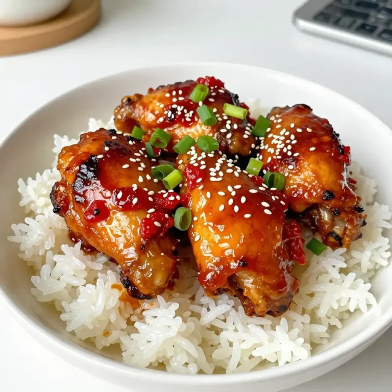 - 4 boneless, skinless chicken thighs - 1/4 cup Sriracha sauce - 1/4 cup honey - 2 tablespoons low-sodium soy sauce - 2 cloves garlic, minced - 1 teaspoon freshly grated ginger - 1 tablespoon sesame oil - Salt and black pepper, to taste - Chopped green onions, for garnish - Sesame seeds, for garnish To make Sriracha honey glazed chicken, you need fresh ingredients. Start with four boneless and skinless chicken thighs. They cook fast and stay juicy, making them perfect for this dish. Next, grab 1/4 cup each of Sriracha sauce and honey. The Sriracha gives heat, while honey adds sweet. Together, they create a perfect balance. You will also need low-sodium soy sauce. It adds depth without too much salt. Minced garlic and freshly grated ginger bring bold flavors. A tablespoon of sesame oil adds a nice nutty taste. Don’t forget salt and black pepper for seasoning. These are key to enhance all the flavors. Finally, for garnish, chop some green onions and sprinkle sesame seeds. These add color and crunch that makes the dish pop. With these simple ingredients, you can create a dish that bursts with flavor and satisfaction. {{ingredient_image_2}} To make the glaze, start by mixing the Sriracha sauce, honey, and soy sauce in a small bowl. This blend gives a nice sweet and spicy flavor. Next, add the minced garlic and grated ginger. These ingredients boost the taste and aroma. Finally, whisk everything together until it is smooth. You can adjust the Sriracha to make it more or less spicy, depending on your taste. Now, take your chicken thighs and season them well. Use salt and black pepper on both sides. Make sure to cover every inch evenly. This even seasoning is key to a tasty dish. It ensures the chicken is flavorful from the outside to the inside. Next, heat a large skillet over medium-high heat. Add a drizzle of cooking oil, such as olive or avocado oil. Wait until the oil is hot and shimmering. Carefully place the seasoned chicken thighs in the skillet. Do not overcrowd the pan. Let them cook for about 4-5 minutes without moving them. This allows a nice sear to form on the bottom. After that, flip the chicken over. Pour half of the Sriracha honey glaze over the top. Cook for another 4-6 minutes, drizzling more glaze as it cooks. The chicken is done when it reaches 165°F (75°C) inside. Once cooked, take the chicken out and let it rest for a few minutes. This resting helps keep the juices in. After resting, slice the chicken and arrange it on plates. Drizzle any leftover glaze over the slices. For a nice finish, garnish with chopped green onions and sesame seeds. To change the spice level, you can modify the Sriracha amount. If you want less heat, use less Sriracha. Start with a tablespoon and taste as you go. If you like it spicy, add more Sriracha in small amounts. This helps to balance sweetness and heat. Honey adds sweetness and can tone down the spice. The goal is to find the right mix for your taste buds. Cooking temperature is key for juicy chicken. Use medium-high heat to get a good sear. This locks in flavor and moisture. To check for doneness, use a meat thermometer. The chicken should reach 165°F (75°C) inside. This ensures it is safe to eat. Let the chicken rest for a few minutes after cooking. This allows juices to settle, making it tender and tasty. For sides, serve the chicken with steamed rice or fluffy quinoa. These grains soak up the glaze and add texture. Colorful sautéed veggies also work well. They provide a nice contrast to the sweet and spicy chicken. For presentation, slice the chicken and arrange it nicely on the plate. Drizzle extra glaze over the top. Finally, garnish with green onions and sesame seeds for a pop of color and crunch. Pro Tips Adjust the Spice Level: Feel free to modify the amount of Sriracha in the glaze based on your taste preference. Start with less for a milder flavor and add more for extra heat. Let It Rest: Allowing the chicken to rest after cooking is crucial for keeping it juicy. This step gives the juices time to redistribute throughout the meat. Use Fresh Ingredients: Fresh garlic and ginger will enhance the flavor of your glaze significantly. Always opt for fresh over pre-packaged for the best taste. Perfect Sear: Make sure your skillet is hot before adding the chicken. A good sear locks in moisture and gives the chicken a delicious crust. {{image_4}} You can change some ingredients for fun twists. Instead of Sriracha, try a different hot sauce like gochujang or harissa. For sweetness, maple syrup or agave nectar works well. If you prefer a different cut of chicken, use drumsticks or breasts. Just adjust cooking times to ensure they cook through. For an exciting twist, add Asian-inspired veggies. Think bell peppers, snap peas, or bok choy. Stir-fry these in the skillet before adding the chicken. Fresh herbs like cilantro or basil can brighten the dish. Just sprinkle them on top before serving. Want more heat? Add extra Sriracha or some chili flakes to your glaze. If you like it sweeter, increase the honey. You can even mix in brown sugar for a richer flavor. Taste your glaze before cooking. This way, you can find the perfect balance of spicy and sweet for your meal. To store your Sriracha honey glazed chicken, place it in an airtight container. This keeps the chicken fresh and prevents odors. Refrigerate the chicken within two hours of cooking. It tastes best when eaten within three to four days. When reheating, use a microwave or an oven. For the oven, heat at 350°F (175°C) until warm. This method helps keep the chicken juicy. To freeze cooked chicken, let it cool to room temperature first. Then, wrap the chicken tightly in plastic wrap or foil. Place it in a freezer-safe bag. Remove as much air as possible to prevent freezer burn. The chicken can last up to three months in the freezer. When you are ready to eat, thaw the chicken in the fridge overnight. This keeps it safe and helps maintain texture. You can keep leftovers for three to four days in the fridge. Always check for signs of spoilage. If the chicken smells off, feels slimy, or has changed color, it’s best to throw it away. Safe food practices help you enjoy your dish without worry. Yes, you can use chicken breast. Chicken thighs are juicier and more flavorful. They stay tender and moist when cooked. Chicken breasts can dry out faster. If you use breasts, watch the cooking time closely. Absolutely! The Sriracha honey glaze works well for meal prep. You can make the glaze in advance and store it in the fridge. Just marinate the chicken in the glaze for a few hours or overnight. It saves time on busy days. You can also cook extra chicken and reheat it later. The glaze keeps the chicken tasty and moist. This dish pairs well with many sides. Here are some ideas: - Steamed rice for a classic combo - Fluffy quinoa for a healthy twist - Sautéed colorful vegetables for added crunch - A fresh salad to balance the heat These sides enhance the meal while adding nutrition and flavor. This blog post guides you through making Sriracha honey glazed chicken. We covered the key ingredients, step-by-step cooking methods, and tips for success. You learned about adjusting spice levels and serving suggestions that enhance your meal. Remember, feel free to experiment with variations and ingredients to suit your taste. With proper storage practices, you can keep leftovers tasty for days. Try this dish for a flavorful option at dinner. You'll impress your family and friends while enjoying a delicious meal together.