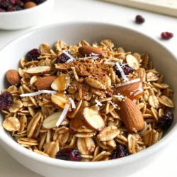 To make Vanilla Almond Granola, you need simple and tasty ingredients. Each one adds flavor and nutrition. Here&rsquo;s what you&rsquo;ll need: - 3 cups rolled oats - 1 cup sliced almonds - 1/2 cup unsweetened shredded coconut - 1/2 cup pure maple syrup - 1/4 cup coconut oil, melted - 2 teaspoons pure vanilla extract - 1/2 teaspoon ground cinnamon - 1/4 teaspoon salt - 1/2 cup dried cranberries or raisins (optional) What do these ingredients do? Rolled oats form the base. They give the granola its crunch. Sliced almonds add a nutty taste and healthy fats. Unsweetened shredded coconut gives a hint of sweetness and chewiness. Pure maple syrup acts as a natural sweetener. It binds everything together and brings depth to the flavor. Coconut oil adds richness and helps with baking. Pure vanilla extract gives a warm aroma that makes your kitchen smell great. Ground cinnamon adds a cozy spice. Salt enhances all the flavors, making them pop. Finally, if you want extra sweetness, add dried cranberries or raisins. They give your granola a fruity twist. Why choose these ingredients? They are nutritious and delicious. Together, they create a healthy and satisfying snack. You can enjoy this granola on yogurt, milk, or by the handful. It's a good way to start your day or satisfy your snack cravings. {{ingredient_image_2}} Start by preheating your oven to 350&deg;F (175&deg;C). This helps the granola bake evenly. Line a large baking sheet with parchment paper. This makes cleanup easy and prevents sticking. In a big mixing bowl, mix the rolled oats, sliced almonds, shredded coconut, ground cinnamon, and salt. Use a wooden spoon or spatula to combine everything well. This step is key for flavor. In a separate bowl, whisk together the melted coconut oil, pure maple syrup, and vanilla extract. Make sure the mixture is smooth. This blend gives your granola sweetness and rich taste. Pour the wet mixture over the dry ingredients. Stir thoroughly so that the oats and almonds get coated. This helps form clumps while baking, making your granola crunchy. Transfer the granola mixture to the prepared baking sheet. Use a spatula to spread it out evenly. Press it down gently to help it stick together. Place the baking sheet into the preheated oven. Bake for 25-30 minutes. Stir the granola every 10 minutes. Look for a golden-brown color to know it&rsquo;s crispy and ready. Once baked, remove the sheet from the oven. Let the granola cool completely on the baking sheet. This cooling step makes it extra crunchy. If you want to add dried cranberries or raisins, do it now. Gently fold them into the cooled granola. This adds sweetness and chewy texture. Store your granola in an airtight container. Keep it at room temperature. It will stay fresh for up to two weeks. Enjoy it for snacks or breakfast! To achieve the ideal crunch in your granola, focus on ingredient ratios. The oats and almonds should be in perfect balance. I use three cups of rolled oats and one cup of sliced almonds. This mix gives you a great base. The coconut adds flavor and texture, so include half a cup of shredded coconut. Baking granola can be tricky. To get an even bake, spread the mixture in a thin layer on your baking sheet. Use a spatula to press it down gently. This helps form clumps. Stir the granola every ten minutes while baking. This step ensures that all parts bake evenly. Look for a golden-brown color. This shows that your granola is ready. Each ingredient in granola brings health benefits. Rolled oats are full of fiber, which helps digestion. Almonds provide healthy fats and protein. Shredded coconut adds healthy medium-chain fats. Maple syrup gives natural sweetness without refined sugars. Cinnamon can help control blood sugar levels. Adding dried fruits like cranberries gives you antioxidants. This makes your granola both tasty and nutritious! Pro Tips Use Fresh Ingredients: Ensuring your oats, nuts, and spices are fresh will enhance the flavor of your granola significantly. Customize Your Sweetness: Adjust the amount of maple syrup according to your taste preference; you can also substitute with agave or honey. Mix In Extras: Feel free to add other nuts, seeds, or even chocolate chips for a personalized touch to your granola. Store Properly: Keep your granola in an airtight container in a cool, dry place to maintain its crunch and freshness longer. {{image_4}} If you want to skip nuts, you can still enjoy this granola. Use seeds like pumpkin seeds or sunflower seeds instead. They add crunch and healthy fats. You can also increase the coconut to give more texture and flavor. Just make sure to keep the same ratios. This way, your granola will still be tasty and satisfying. To make this granola gluten-free, use certified gluten-free oats. Many brands offer gluten-free oats that are safe for those with gluten sensitivities. This small change allows everyone to enjoy this crunchy treat. You can also check the labels of your other ingredients to ensure they are gluten-free. You can easily add more flavor to your granola. Try mixing in spices like nutmeg or ginger for warmth. You can also use almond extract if you want a stronger almond taste. Another fun idea is to add a pinch of cocoa powder for a hint of chocolate. These tweaks will keep your granola exciting and full of surprises. To keep your granola fresh, use an airtight container. This helps maintain its crunchiness. Glass jars or plastic containers work well. Place the container in a cool, dry area, away from sunlight. Avoid storing it near heat sources, which can make it stale. Homemade granola lasts about two weeks at room temperature. If stored correctly, it stays fresh and tasty. You can also check for signs of spoilage, like an off smell or changes in texture. If it feels soft or chewy, it may need to be tossed. You can freeze granola to extend its life. Place it in a freezer-safe bag or container. Make sure to remove as much air as possible. Frozen granola can last up to three months. When you're ready to eat it, just thaw it at room temperature. It will taste great, just like fresh! You can use honey as a sweet swap. It gives a nice flavor. Agave syrup is another option if you want a vegan choice. You can also try brown sugar mixed with water for a simple syrup. Homemade granola lasts up to two weeks in an airtight container. Keep it at room temperature. It stays fresh and tasty for breakfast or snacks during that time. Yes, you can customize your granola! Add your favorite nuts, seeds, or dried fruits. If you like chocolate, toss in some dark chocolate chips. This way, you can create a mix that fits your taste perfectly. Granola can be gluten-free if you use certified gluten-free oats. Always check labels to ensure all ingredients are safe for a gluten-free diet. With the right oats, you can enjoy granola without worry. To keep your granola crunchy, let it cool completely after baking. Store it in an airtight container. Avoid adding wet fruits until you are ready to eat. This way, it stays crisp and delicious. This blog post covered everything you need to know to make tasty granola. We talked about the key ingredients like oats and almonds, plus helpful steps to mix and bake your batch. You learned tips for the best texture and health perks of each ingredient. I shared fun ways to change up the recipe and details on how to keep granola fresh. Now, you can enjoy homemade granola anytime. Get creative and make it yours!