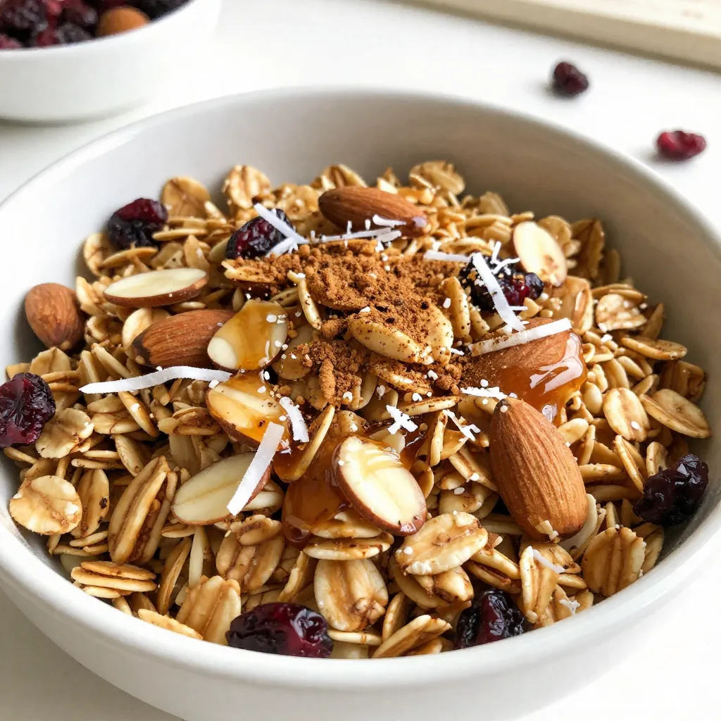 To make Vanilla Almond Granola, you need simple and tasty ingredients. Each one adds flavor and nutrition. Here’s what you’ll need: - 3 cups rolled oats - 1 cup sliced almonds - 1/2 cup unsweetened shredded coconut - 1/2 cup pure maple syrup - 1/4 cup coconut oil, melted - 2 teaspoons pure vanilla extract - 1/2 teaspoon ground cinnamon - 1/4 teaspoon salt - 1/2 cup dried cranberries or raisins (optional) What do these ingredients do? Rolled oats form the base. They give the granola its crunch. Sliced almonds add a nutty taste and healthy fats. Unsweetened shredded coconut gives a hint of sweetness and chewiness. Pure maple syrup acts as a natural sweetener. It binds everything together and brings depth to the flavor. Coconut oil adds richness and helps with baking. Pure vanilla extract gives a warm aroma that makes your kitchen smell great. Ground cinnamon adds a cozy spice. Salt enhances all the flavors, making them pop. Finally, if you want extra sweetness, add dried cranberries or raisins. They give your granola a fruity twist. Why choose these ingredients? They are nutritious and delicious. Together, they create a healthy and satisfying snack. You can enjoy this granola on yogurt, milk, or by the handful. It's a good way to start your day or satisfy your snack cravings. {{ingredient_image_2}} Start by preheating your oven to 350°F (175°C). This helps the granola bake evenly. Line a large baking sheet with parchment paper. This makes cleanup easy and prevents sticking. In a big mixing bowl, mix the rolled oats, sliced almonds, shredded coconut, ground cinnamon, and salt. Use a wooden spoon or spatula to combine everything well. This step is key for flavor. In a separate bowl, whisk together the melted coconut oil, pure maple syrup, and vanilla extract. Make sure the mixture is smooth. This blend gives your granola sweetness and rich taste. Pour the wet mixture over the dry ingredients. Stir thoroughly so that the oats and almonds get coated. This helps form clumps while baking, making your granola crunchy. Transfer the granola mixture to the prepared baking sheet. Use a spatula to spread it out evenly. Press it down gently to help it stick together. Place the baking sheet into the preheated oven. Bake for 25-30 minutes. Stir the granola every 10 minutes. Look for a golden-brown color to know it’s crispy and ready. Once baked, remove the sheet from the oven. Let the granola cool completely on the baking sheet. This cooling step makes it extra crunchy. If you want to add dried cranberries or raisins, do it now. Gently fold them into the cooled granola. This adds sweetness and chewy texture. Store your granola in an airtight container. Keep it at room temperature. It will stay fresh for up to two weeks. Enjoy it for snacks or breakfast! To achieve the ideal crunch in your granola, focus on ingredient ratios. The oats and almonds should be in perfect balance. I use three cups of rolled oats and one cup of sliced almonds. This mix gives you a great base. The coconut adds flavor and texture, so include half a cup of shredded coconut. Baking granola can be tricky. To get an even bake, spread the mixture in a thin layer on your baking sheet. Use a spatula to press it down gently. This helps form clumps. Stir the granola every ten minutes while baking. This step ensures that all parts bake evenly. Look for a golden-brown color. This shows that your granola is ready. Each ingredient in granola brings health benefits. Rolled oats are full of fiber, which helps digestion. Almonds provide healthy fats and protein. Shredded coconut adds healthy medium-chain fats. Maple syrup gives natural sweetness without refined sugars. Cinnamon can help control blood sugar levels. Adding dried fruits like cranberries gives you antioxidants. This makes your granola both tasty and nutritious! Pro Tips Use Fresh Ingredients: Ensuring your oats, nuts, and spices are fresh will enhance the flavor of your granola significantly. Customize Your Sweetness: Adjust the amount of maple syrup according to your taste preference; you can also substitute with agave or honey. Mix In Extras: Feel free to add other nuts, seeds, or even chocolate chips for a personalized touch to your granola. Store Properly: Keep your granola in an airtight container in a cool, dry place to maintain its crunch and freshness longer. {{image_4}} If you want to skip nuts, you can still enjoy this granola. Use seeds like pumpkin seeds or sunflower seeds instead. They add crunch and healthy fats. You can also increase the coconut to give more texture and flavor. Just make sure to keep the same ratios. This way, your granola will still be tasty and satisfying. To make this granola gluten-free, use certified gluten-free oats. Many brands offer gluten-free oats that are safe for those with gluten sensitivities. This small change allows everyone to enjoy this crunchy treat. You can also check the labels of your other ingredients to ensure they are gluten-free. You can easily add more flavor to your granola. Try mixing in spices like nutmeg or ginger for warmth. You can also use almond extract if you want a stronger almond taste. Another fun idea is to add a pinch of cocoa powder for a hint of chocolate. These tweaks will keep your granola exciting and full of surprises. To keep your granola fresh, use an airtight container. This helps maintain its crunchiness. Glass jars or plastic containers work well. Place the container in a cool, dry area, away from sunlight. Avoid storing it near heat sources, which can make it stale. Homemade granola lasts about two weeks at room temperature. If stored correctly, it stays fresh and tasty. You can also check for signs of spoilage, like an off smell or changes in texture. If it feels soft or chewy, it may need to be tossed. You can freeze granola to extend its life. Place it in a freezer-safe bag or container. Make sure to remove as much air as possible. Frozen granola can last up to three months. When you're ready to eat it, just thaw it at room temperature. It will taste great, just like fresh! You can use honey as a sweet swap. It gives a nice flavor. Agave syrup is another option if you want a vegan choice. You can also try brown sugar mixed with water for a simple syrup. Homemade granola lasts up to two weeks in an airtight container. Keep it at room temperature. It stays fresh and tasty for breakfast or snacks during that time. Yes, you can customize your granola! Add your favorite nuts, seeds, or dried fruits. If you like chocolate, toss in some dark chocolate chips. This way, you can create a mix that fits your taste perfectly. Granola can be gluten-free if you use certified gluten-free oats. Always check labels to ensure all ingredients are safe for a gluten-free diet. With the right oats, you can enjoy granola without worry. To keep your granola crunchy, let it cool completely after baking. Store it in an airtight container. Avoid adding wet fruits until you are ready to eat. This way, it stays crisp and delicious. This blog post covered everything you need to know to make tasty granola. We talked about the key ingredients like oats and almonds, plus helpful steps to mix and bake your batch. You learned tips for the best texture and health perks of each ingredient. I shared fun ways to change up the recipe and details on how to keep granola fresh. Now, you can enjoy homemade granola anytime. Get creative and make it yours!