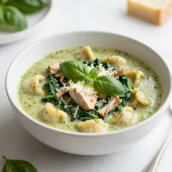 Here&rsquo;s what you need for your creamy pesto chicken gnocchi soup: - 1 tablespoon extra virgin olive oil - 1 medium yellow onion, diced - 3 cloves garlic, minced - 1 pound boneless, skinless chicken breast, cut into bite-sized cubes - 4 cups chicken broth (low-sodium recommended) - 1 cup heavy cream - 1 cup basil pesto (store-bought or homemade) - 1 pound gnocchi (store-bought or homemade) - 2 cups fresh spinach, roughly chopped - Salt and freshly ground black pepper, to taste - Grated Parmesan cheese, for garnish - Fresh basil leaves, for garnish These ingredients work together to create a rich and flavorful soup. The olive oil adds depth, while the onion and garlic bring a nice aromatic base. Chicken breast provides protein and heartiness. Chicken broth gives the soup its liquid gold, and heavy cream makes it creamy and smooth. Basil pesto adds that fresh, herby taste we all love. Gnocchi are little pillows of goodness, making the soup filling and comforting. Fresh spinach not only brightens the dish but also packs in nutrients. Finally, Parmesan cheese and basil leaves are perfect for garnishing, adding extra flavor and flair to your bowl. Gather these ingredients, and you are on your way to a delightful meal! {{ingredient_image_2}} - Saut&eacute;ing the onion: Heat 1 tablespoon of extra virgin olive oil in a large pot over medium heat. Add 1 diced medium yellow onion. Cook for 3-4 minutes. Stir occasionally until the onion turns soft and clear. - Cooking the garlic: Add 3 minced cloves of garlic to the pot. Cook for 30 seconds until the garlic smells great. Be careful not to burn it; burnt garlic can ruin the flavor. - Adding chicken and seasoning: Put 1 pound of cubed boneless, skinless chicken breast into the pot. Sprinkle with salt and freshly ground black pepper. - Ensuring it&rsquo;s fully cooked: Stir the chicken often for about 5-7 minutes. Cook until the chicken is nicely browned and no pink shows. - Adding chicken broth: Pour in 4 cups of low-sodium chicken broth. Bring the mix to a boil. - Incorporating heavy cream and pesto: Once it boils, reduce the heat and let it simmer. Stir in 1 cup of heavy cream and 1 cup of basil pesto. Mix well and let it thicken for about 3-5 minutes. - Timing for adding gnocchi: Gently add 1 pound of gnocchi to the soup. Follow the package instructions. - Identifying doneness: Cook until the gnocchi floats to the top, usually around 2-3 minutes. This shows they are ready. - Adding spinach: Fold in 2 cups of roughly chopped fresh spinach. Let it wilt in the hot soup for about 2 minutes. This adds color and nutrients. - Adjusting seasoning: Taste your soup. Add more salt and pepper if needed to enhance the flavor. - To make your soup creamier, add more heavy cream. Start with an extra half cup. - You can also add more chicken broth to balance the richness. This keeps the flavor strong. - Serve your soup in warm bowls; it makes each bite more enjoyable. - Top each bowl with grated Parmesan cheese and fresh basil. This adds color and flavor. - Be careful not to overcook the garlic. It can turn bitter and ruin your soup. - Always season your soup well. Taste it as you go to ensure it&rsquo;s just right. Pro Tips Use Homemade Pesto for Extra Flavor: If you have the time, making your own basil pesto can elevate the flavor of this soup significantly. Fresh ingredients make a noticeable difference! Adjust the Creaminess: For a lighter soup, you can substitute half of the heavy cream with a lower-fat option like milk or half-and-half, while still maintaining a creamy texture. Fresh Spinach Substitute: If spinach isn&rsquo;t available, kale or Swiss chard can be used as a substitute. Just make sure to chop them into smaller pieces for easier cooking. Gnocchi Cooking Tip: Remember that gnocchi is done when it floats to the top. Avoid overcooking them to maintain their delicate texture. {{image_4}} You can switch up proteins in this soup. Instead of chicken, try shrimp or turkey. They add unique flavors and still blend well with the creamy base. If you want to change the gnocchi, opt for small pasta like orzo or even rice. These options will keep the soup hearty and comforting. For a vegetarian take, skip the chicken. Use hearty veggies like mushrooms, zucchini, and bell peppers instead. They bring great texture and taste. Also, swap chicken broth for vegetable broth. This keeps the soup rich while making it meat-free. To boost flavors, add extra herbs like thyme or rosemary. Fresh herbs can make your soup pop with freshness. You can also try different types of pesto. Sun-dried tomato or arugula pesto can offer a fun twist. Each variety gives the soup a unique taste. To keep your creamy pesto chicken gnocchi soup fresh, store it in the fridge. - Use airtight containers to prevent air from getting in. - Allow the soup to cool to room temperature before sealing. - Label the container with the date to track freshness. If you want to save the soup for later, freezing is a great option. - Pour the cooled soup into freezer-safe bags or containers. - Leave some space at the top for expansion. - To reheat, thaw in the fridge overnight, then warm on the stove. You can enjoy your soup for several days. - In the fridge, it can last up to 4 days. - If frozen, it stays good for about 2-3 months. - Check for signs of spoilage, like strange smells or changes in color. - If it looks or smells off, it&rsquo;s best to discard it. Yes, you can use homemade pesto. Homemade pesto has a fresher taste than store-bought. You can control the flavor and ingredients. Plus, it can be more vibrant in color. Store-bought pesto is often easier and quicker. It can save time, especially when you are busy. Both options work well in this creamy pesto chicken gnocchi soup. If the soup is too thick, add more chicken broth or cream. Start by adding a little at a time. Stir well to mix it in. You can also add water for a lighter flavor. Always taste as you go. Adjust until you reach your desired consistency. This soup should be creamy but not too heavy. Yes, you can make this soup dairy-free. Use coconut milk or almond milk instead of heavy cream. For the cheese, try a dairy-free Parmesan or omit it altogether. For the pesto, check for dairy in the ingredients. Many store-bought pestos contain cheese. Homemade pesto can be made without cheese easily. This way, you keep the great flavor without dairy. To check if the chicken is done, cut a piece in half. It should be white throughout with no pink inside. The juices should run clear. For safety, the chicken needs to reach an internal temperature of 165&deg;F (75&deg;C). Using a meat thermometer can help ensure it's fully cooked. This keeps the dish safe and tasty. Yes, you can make this soup ahead of time. Prepare it fully and cool it down quickly. Store it in an airtight container in the fridge. It will stay fresh for up to three days. When reheating, do it slowly over low heat. Add a splash of broth or cream if it thickens too much. This way, you can enjoy it later without losing flavor. This blog post covers a delicious creamy chicken gnocchi soup. We explored key ingredients, like chicken breast, gnocchi, and basil pesto. I provided clear steps on how to prepare the soup and avoid common mistakes. You can also find variations, storage tips, and answers to frequently asked questions. In conclusion, this soup is simple to make and packs great flavor. Try it out and enjoy a comforting meal anytime!