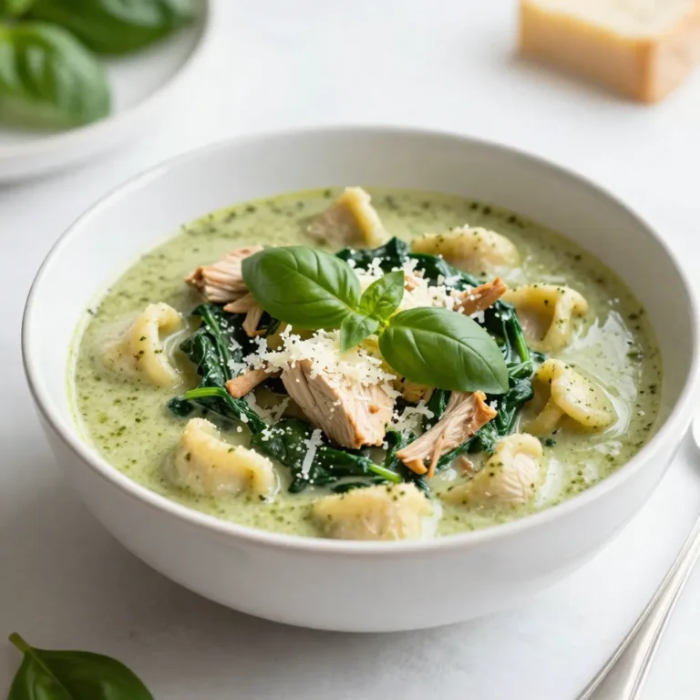 Here’s what you need for your creamy pesto chicken gnocchi soup: - 1 tablespoon extra virgin olive oil - 1 medium yellow onion, diced - 3 cloves garlic, minced - 1 pound boneless, skinless chicken breast, cut into bite-sized cubes - 4 cups chicken broth (low-sodium recommended) - 1 cup heavy cream - 1 cup basil pesto (store-bought or homemade) - 1 pound gnocchi (store-bought or homemade) - 2 cups fresh spinach, roughly chopped - Salt and freshly ground black pepper, to taste - Grated Parmesan cheese, for garnish - Fresh basil leaves, for garnish These ingredients work together to create a rich and flavorful soup. The olive oil adds depth, while the onion and garlic bring a nice aromatic base. Chicken breast provides protein and heartiness. Chicken broth gives the soup its liquid gold, and heavy cream makes it creamy and smooth. Basil pesto adds that fresh, herby taste we all love. Gnocchi are little pillows of goodness, making the soup filling and comforting. Fresh spinach not only brightens the dish but also packs in nutrients. Finally, Parmesan cheese and basil leaves are perfect for garnishing, adding extra flavor and flair to your bowl. Gather these ingredients, and you are on your way to a delightful meal! {{ingredient_image_2}} - Sautéing the onion: Heat 1 tablespoon of extra virgin olive oil in a large pot over medium heat. Add 1 diced medium yellow onion. Cook for 3-4 minutes. Stir occasionally until the onion turns soft and clear. - Cooking the garlic: Add 3 minced cloves of garlic to the pot. Cook for 30 seconds until the garlic smells great. Be careful not to burn it; burnt garlic can ruin the flavor. - Adding chicken and seasoning: Put 1 pound of cubed boneless, skinless chicken breast into the pot. Sprinkle with salt and freshly ground black pepper. - Ensuring it’s fully cooked: Stir the chicken often for about 5-7 minutes. Cook until the chicken is nicely browned and no pink shows. - Adding chicken broth: Pour in 4 cups of low-sodium chicken broth. Bring the mix to a boil. - Incorporating heavy cream and pesto: Once it boils, reduce the heat and let it simmer. Stir in 1 cup of heavy cream and 1 cup of basil pesto. Mix well and let it thicken for about 3-5 minutes. - Timing for adding gnocchi: Gently add 1 pound of gnocchi to the soup. Follow the package instructions. - Identifying doneness: Cook until the gnocchi floats to the top, usually around 2-3 minutes. This shows they are ready. - Adding spinach: Fold in 2 cups of roughly chopped fresh spinach. Let it wilt in the hot soup for about 2 minutes. This adds color and nutrients. - Adjusting seasoning: Taste your soup. Add more salt and pepper if needed to enhance the flavor. - To make your soup creamier, add more heavy cream. Start with an extra half cup. - You can also add more chicken broth to balance the richness. This keeps the flavor strong. - Serve your soup in warm bowls; it makes each bite more enjoyable. - Top each bowl with grated Parmesan cheese and fresh basil. This adds color and flavor. - Be careful not to overcook the garlic. It can turn bitter and ruin your soup. - Always season your soup well. Taste it as you go to ensure it’s just right. Pro Tips Use Homemade Pesto for Extra Flavor: If you have the time, making your own basil pesto can elevate the flavor of this soup significantly. Fresh ingredients make a noticeable difference! Adjust the Creaminess: For a lighter soup, you can substitute half of the heavy cream with a lower-fat option like milk or half-and-half, while still maintaining a creamy texture. Fresh Spinach Substitute: If spinach isn’t available, kale or Swiss chard can be used as a substitute. Just make sure to chop them into smaller pieces for easier cooking. Gnocchi Cooking Tip: Remember that gnocchi is done when it floats to the top. Avoid overcooking them to maintain their delicate texture. {{image_4}} You can switch up proteins in this soup. Instead of chicken, try shrimp or turkey. They add unique flavors and still blend well with the creamy base. If you want to change the gnocchi, opt for small pasta like orzo or even rice. These options will keep the soup hearty and comforting. For a vegetarian take, skip the chicken. Use hearty veggies like mushrooms, zucchini, and bell peppers instead. They bring great texture and taste. Also, swap chicken broth for vegetable broth. This keeps the soup rich while making it meat-free. To boost flavors, add extra herbs like thyme or rosemary. Fresh herbs can make your soup pop with freshness. You can also try different types of pesto. Sun-dried tomato or arugula pesto can offer a fun twist. Each variety gives the soup a unique taste. To keep your creamy pesto chicken gnocchi soup fresh, store it in the fridge. - Use airtight containers to prevent air from getting in. - Allow the soup to cool to room temperature before sealing. - Label the container with the date to track freshness. If you want to save the soup for later, freezing is a great option. - Pour the cooled soup into freezer-safe bags or containers. - Leave some space at the top for expansion. - To reheat, thaw in the fridge overnight, then warm on the stove. You can enjoy your soup for several days. - In the fridge, it can last up to 4 days. - If frozen, it stays good for about 2-3 months. - Check for signs of spoilage, like strange smells or changes in color. - If it looks or smells off, it’s best to discard it. Yes, you can use homemade pesto. Homemade pesto has a fresher taste than store-bought. You can control the flavor and ingredients. Plus, it can be more vibrant in color. Store-bought pesto is often easier and quicker. It can save time, especially when you are busy. Both options work well in this creamy pesto chicken gnocchi soup. If the soup is too thick, add more chicken broth or cream. Start by adding a little at a time. Stir well to mix it in. You can also add water for a lighter flavor. Always taste as you go. Adjust until you reach your desired consistency. This soup should be creamy but not too heavy. Yes, you can make this soup dairy-free. Use coconut milk or almond milk instead of heavy cream. For the cheese, try a dairy-free Parmesan or omit it altogether. For the pesto, check for dairy in the ingredients. Many store-bought pestos contain cheese. Homemade pesto can be made without cheese easily. This way, you keep the great flavor without dairy. To check if the chicken is done, cut a piece in half. It should be white throughout with no pink inside. The juices should run clear. For safety, the chicken needs to reach an internal temperature of 165°F (75°C). Using a meat thermometer can help ensure it's fully cooked. This keeps the dish safe and tasty. Yes, you can make this soup ahead of time. Prepare it fully and cool it down quickly. Store it in an airtight container in the fridge. It will stay fresh for up to three days. When reheating, do it slowly over low heat. Add a splash of broth or cream if it thickens too much. This way, you can enjoy it later without losing flavor. This blog post covers a delicious creamy chicken gnocchi soup. We explored key ingredients, like chicken breast, gnocchi, and basil pesto. I provided clear steps on how to prepare the soup and avoid common mistakes. You can also find variations, storage tips, and answers to frequently asked questions. In conclusion, this soup is simple to make and packs great flavor. Try it out and enjoy a comforting meal anytime!
