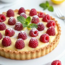 - 1 &frac12; cups all-purpose flour - &frac12; cup powdered sugar - &frac12; cup unsalted butter, chilled and cut into small cubes - 1 large egg yolk - 2 tablespoons ice water - 1 cup fresh raspberries, rinsed and patted dry - 1 cup granulated sugar - 3 large eggs, at room temperature - &frac12; cup freshly squeezed lemon juice (about 3-4 lemons) - Zest of 2 lemons - &frac14; cup heavy cream - 1 tablespoon cornstarch - A pinch of salt If you need to make changes, here are some options: - Use almond flour instead of all-purpose flour for a gluten-free crust. - Swap powdered sugar with granulated sugar if you prefer a crunchier topping. - Coconut oil can replace unsalted butter for a dairy-free version. - You can use frozen raspberries if fresh ones aren't available. Just thaw them first. - For a lighter tart, use Greek yogurt instead of heavy cream. When selecting raspberries: - Look for bright color and firm texture. Avoid any that are mushy or discolored. - Check for mold; fresh berries should be clean and dry. - If you can, smell them. Ripe raspberries have a sweet scent. For lemons: - Choose lemons that feel heavy for their size; these are juicier. - Look for smooth skin; avoid any with blemishes or soft spots. - If possible, pick organic lemons to get the best flavor and nutrients. Now that you know the ingredients, you can dive into making a delightful raspberry lemon tart! {{ingredient_image_2}} To make the tart crust, start by mixing the flour and powdered sugar in a food processor. Next, add the cold butter cubes. Pulse until the mix looks like coarse sand. Then, add the egg yolk and ice water. Pulse again until the dough comes together. Now, shape the dough into a flat disc. Wrap it in plastic wrap. Chill it in the fridge for at least 30 minutes. This helps the butter firm up. Once the dough is chilled, preheat your oven to 350&deg;F (175&deg;C). On a floured surface, roll out the dough. Aim for about ⅛ inch thick. Place it into a 9-inch tart pan. Trim any excess dough and use a fork to poke holes in the bottom. Next, cover the crust with parchment paper. Fill it with pie weights or dried beans. Bake for 15 minutes, then remove the weights and parchment. Bake for another 10 minutes until light golden brown. Let it cool completely in the pan. Now, let's make the filling. In a mixing bowl, whisk together the granulated sugar, cornstarch, and a pinch of salt. Add the eggs one at a time, whisking well after each. Stir in the lemon juice, heavy cream, and lemon zest. Mix until it&rsquo;s smooth. Now, gently fold in the fresh raspberries. Be careful not to crush them. You want them to stay whole for a nice look and texture. Pour the raspberry lemon filling into the cooled tart shell. Spread it evenly. Bake the tart for 25 to 30 minutes. Look for the edges to be set, with a slight jiggle in the center. After baking, let the tart cool to room temperature. Then, place it in the fridge for at least 2 hours. This helps the filling firm up for easy slicing. - Skipping the Chilling Step: Always chill your dough. This helps the crust hold its shape. - Overmixing the Dough: Don&rsquo;t overmix when adding the butter. Aim for a crumbly texture. - Not Pricking the Crust: Always prick the bottom of the crust. This prevents air bubbles. - Rushing the Cooling Process: Let the tart cool fully before slicing. This helps the filling set properly. - Use Cold Ingredients: Keep your butter and egg yolk cold. This leads to a flaky texture. - Don&rsquo;t Overwork the Dough: Mix just until combined. Overworking makes the crust tough. - Flour the Surface: Lightly flour your work surface and rolling pin. This prevents sticking. - Trim Excess Dough: After shaping, trim any excess dough. This gives a neat finish. - Dust with Powdered Sugar: Just before serving, add a light dusting of sugar. This makes it look fancy. - Garnish with Fresh Raspberries: Place a few whole raspberries on top. They add color and freshness. - Add a Mint Sprig: A small sprig of mint adds a pop of green. It also gives a nice aroma. - Serve on a Pretty Plate: A nice plate can elevate your tart's overall look. Choose one that contrasts with the tart's colors. Pro Tips Chill Your Ingredients: Keeping your butter and mixing bowl cold helps achieve a flaky tart crust. Use Fresh Lemons: Freshly squeezed lemon juice provides a bright flavor that bottled juice cannot match. Don't Overmix: When incorporating raspberries, fold gently to avoid breaking them and losing their shape. Cool Before Serving: Allowing the tart to cool completely ensures the filling sets properly and enhances the flavor. {{image_4}} You can swap raspberries for other fruits! Consider using blueberries, blackberries, or strawberries. Each fruit adds a unique taste. Blueberries give a sweet flavor, while blackberries add a bit of tartness. Strawberries offer a classic touch. You can even mix fruits for a colorful look. Try different combinations to find your favorite. If you need a gluten-free crust, there are great options. Use almond flour or gluten-free all-purpose flour. Both work well to create a tasty base. Combine the flour with cold butter and sugar just like in the original recipe. Make sure to follow the same steps for mixing and baking. You&rsquo;ll still enjoy a delicious tart! Want to add more flavor? Try adding herbs or spices. Fresh mint or basil can give a refreshing twist. You can also add a touch of vanilla extract to the filling. For a richer taste, try adding a bit of cream cheese. Mix it in with the lemon and eggs for a creamy texture. These small changes can make a big difference! Store the leftover raspberry lemon tart in the fridge. Use an airtight container or cover it with plastic wrap. This keeps it fresh for up to three days. Make sure to avoid any strong-smelling foods in the fridge, as they can affect the tart's flavor. You can freeze the tart for longer storage. First, let it cool completely. Wrap the tart tightly in plastic wrap, then in aluminum foil. This prevents freezer burn. It can last for about two months. When ready to eat, thaw it in the fridge overnight. To reheat the tart, preheat your oven to 350&deg;F (175&deg;C). Place the tart on a baking sheet. Heat for about 10-15 minutes. This warms it through without making it soggy. You can also serve it cold, as it tastes great chilled! You can tell the tart is done when the filling looks set at the edges. The center should still jiggle a bit. This slight movement means it will firm up as it cools. If the edges puff up, that&rsquo;s normal. Just keep an eye on the color. The top should be light and golden, not dark or burnt. Yes, you can make the tart ahead of time. I often prepare it a day early. Just bake and cool it fully. Then, cover it well and store it in the fridge. This allows the flavors to blend nicely. You can serve it cold or at room temperature. Just remember to dust the top with powdered sugar before serving. This tart pairs well with several tasty options. Here are some ideas: - A dollop of whipped cream adds creaminess. - A scoop of vanilla ice cream gives a sweet touch. - Fresh berries on the side enhance the tart's flavor. - Mint leaves add a refreshing note. - A cup of tea or coffee balances the sweetness. Feel free to mix and match these ideas! This article covered how to make a delicious raspberry lemon tart. You learned about the best ingredients and some helpful substitutions. I shared tips for picking fresh fruit and step-by-step instructions for the crust and filling. We also explored ways to avoid common mistakes, make variations, and store your tart. For a tasty dessert, this tart is a win. Enjoy making it and impressing everyone!