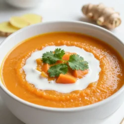 To make roasted carrot ginger soup, you need the following ingredients: - 1 lb (450g) carrots, peeled and roughly chopped into chunks - 1 medium onion, diced - 2 tablespoons olive oil - 2 teaspoons freshly grated ginger - 3 cups (720ml) vegetable broth - 1 can (14 oz/400ml) coconut milk - 1 teaspoon ground cumin - Salt and freshly ground black pepper to taste - Fresh cilantro leaves, for garnishing - Optional: 1 tablespoon fresh lemon juice Using the best ingredients makes a big difference. Fresh carrots give the soup a sweet taste. Choose bright orange carrots with firm skin. A good onion will add depth to the flavor. Fresh ginger brings warmth and zest. Look for ginger that feels smooth and firm. Quality vegetable broth adds a rich base. Select low-sodium broth to control the salt level. Coconut milk adds creaminess, so aim for full-fat for the best taste. You can change a few ingredients if needed. If you don't have carrots, sweet potatoes work well. Use yellow onion or shallots instead of a regular onion. For a lighter option, you can skip the coconut milk and use almond milk. If you want a spicy kick, try adding a pinch of cayenne pepper. Fresh cilantro can be replaced with parsley if you prefer. Be creative and enjoy the process! {{ingredient_image_2}} Start by gathering all your ingredients. You will need: - 1 lb (450g) carrots, peeled and roughly chopped into chunks - 1 medium onion, diced - 2 tablespoons olive oil - 2 teaspoons freshly grated ginger - 3 cups (720ml) vegetable broth - 1 can (14 oz/400ml) coconut milk - 1 teaspoon ground cumin - Salt and freshly ground black pepper to taste - Fresh cilantro leaves, for garnishing - Optional: 1 tablespoon fresh lemon juice for an extra touch of brightness Once you have everything, wash and peel the carrots. Chop them into big pieces. Dice the onion to get it ready for roasting. This prep is key for even cooking. Now, preheat your oven to 400&deg;F (200&deg;C). Take a large baking sheet and add the carrot chunks and diced onion. Pour in the olive oil. Sprinkle salt and pepper over the veggies. Toss them well to coat every piece. Spread the veggies out in a single layer. Put the baking sheet in the oven and roast for about 25-30 minutes. They should turn tender and caramelized. Make sure to toss them halfway through. This helps to brown them evenly and brings out sweet flavors. When the vegetables are done roasting, take them out of the oven. In a large pot, add the roasted carrots and onions. Pour in the vegetable broth and add the freshly grated ginger. Heat this mix on medium-high until it starts to gently boil. Then, lower the heat and let it simmer for about 10 minutes. This allows the flavors to mix well. Next, use an immersion blender to blend the soup until smooth. If you don&rsquo;t have one, you can transfer the soup to a blender in batches. Just be careful as it&rsquo;s hot! After blending, return the soup to the pot. Stir in the coconut milk and ground cumin. Heat it gently until it's warmed through. Taste it and adjust salt, pepper, and lemon juice if you like. Remove the pot from the heat and let it cool a bit before serving. Ladle the soup into warm bowls and enjoy this rich and flavorful blend! To make your soup shine, spices are key. Ground cumin adds warmth and depth. I love using freshly grated ginger. It gives a nice zing. You can also try a pinch of nutmeg for a cozy touch. If you want heat, add a dash of cayenne pepper. Mix and match to find your perfect flavor blend. A smooth soup is a must. After roasting, blend the carrots and onions well. Use an immersion blender for ease. If you want it thicker, reduce the broth a bit. For a lighter soup, add more broth or coconut milk. Always check the texture before serving. A perfect consistency makes the soup feel rich and hearty. How you serve the soup matters. Ladle it into warm bowls for a cozy vibe. A drizzle of extra coconut milk on top looks great. Add fresh cilantro for color and flavor. You can also squeeze a bit of lemon juice on top. This adds a bright touch that elevates the dish. Enjoy the warm and inviting look of your soup! Pro Tips Roasting for Flavor: Roasting the carrots and onions enhances their natural sweetness and adds depth to the soup. Make sure to spread them out in a single layer for optimal caramelization. Adjusting Consistency: If you prefer a thinner soup, simply add more vegetable broth or water until you reach your desired consistency. Blend to incorporate fully. Infuse with Spice: For an extra kick, consider adding a pinch of red pepper flakes or a dash of cayenne pepper while simmering the soup. Garnish Creatively: Enhance presentation by adding a dollop of yogurt or sour cream on top along with the cilantro. You can also sprinkle some toasted pumpkin seeds for a crunchy texture. {{image_4}} You can make this soup even better by adding more veggies. Try sweet potatoes or butternut squash. Both add sweetness and creaminess. You can also use bell peppers for a different taste. Just chop them up and roast along with the carrots and onions. This gives the soup more flavor and nutrients. If you want a dairy-free soup, coconut milk is a great choice. It adds creaminess without dairy. You can also use almond milk or oat milk for a lighter option. Both keep the soup rich while adding a unique flavor. Just make sure to adjust the seasoning, as these milks can be less sweet than coconut milk. If you enjoy some spice, add a kick to your soup. You can stir in red pepper flakes or cayenne pepper. Start with a small amount, then taste as you go. If you want fresh heat, try adding jalape&ntilde;os or serrano peppers while roasting the veggies. This gives your soup a nice warmth without overpowering the other flavors. After making roasted carrot ginger soup, let it cool down. Pour the soup into an airtight container. It will stay fresh for about 3 to 5 days in the fridge. Make sure to label the container with the date. This helps you keep track of its freshness. For longer storage, you can freeze the soup. Use freezer-safe bags or containers. Leave some space at the top for expansion. The soup can last up to 3 months in the freezer. When you're ready to eat, thaw it overnight in the fridge for best results. To reheat, pour the soup into a pot. Heat it gently over medium-low heat. Stir often to avoid burning. If the soup seems thick, add a splash of vegetable broth or water. Taste and adjust the seasoning if needed. This helps bring back the flavors of the soup. Enjoy it warm with a drizzle of coconut milk and fresh cilantro on top! To make Roasted Carrot Ginger Soup vegan, simply swap the coconut milk for a plant-based milk. Almond or oat milk work well. You can also ensure that your vegetable broth is vegan. This keeps all the flavors while making it suitable for a vegan diet. Yes, you can use frozen carrots for this soup. Just remember to thaw them first. Frozen carrots may not roast as nicely, but they will still taste good. You can skip the roasting step and cook them directly in the broth. Carrot ginger soup offers many health benefits. Carrots are rich in beta-carotene, which helps with vision and skin health. Ginger adds anti-inflammatory properties and aids digestion. Together, they create a nutritious and comforting dish that can boost your immune system. Roasted Carrot Ginger Soup lasts about 4 to 5 days in the fridge. Store it in an airtight container to keep it fresh. Reheating it gently on the stove will bring back its lovely flavors. Yes, you can prepare this soup in advance. Make the soup and let it cool before storing it in the fridge. You can also freeze it for longer storage. This makes it easy to enjoy a warm bowl whenever you want! This blog post covered how to make a tasty roasted carrot ginger soup. We looked at key ingredients, cooking steps, and useful tips. You learned about quality ingredients and easy substitutions. Plus, I shared ways to enhance the flavor with spices and how to adjust the soup's thickness. Don't forget to try out the variations. Use different veggies or dairy-free options. This soup is healthy and easy to store for later. Enjoy making this delicious dish!