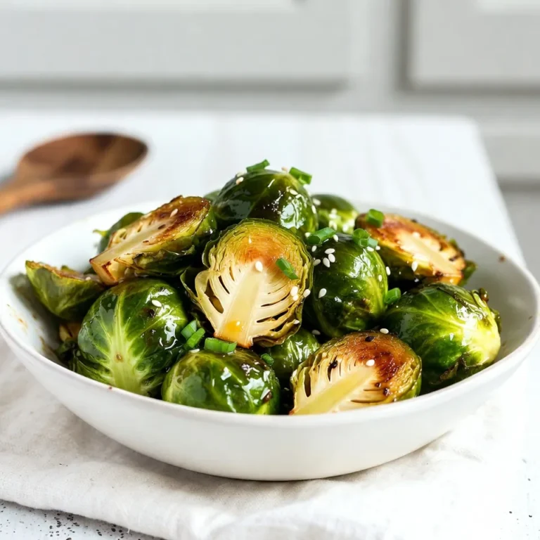 - 1 lb (450g) Brussels sprouts, halved - 3 tablespoons extra virgin olive oil - 2 tablespoons pure honey - 1-2 tablespoons Sriracha sauce (adjust to taste) - 1 teaspoon garlic powder - 1/2 teaspoon fine sea salt - 1/4 teaspoon freshly ground black pepper - 2 tablespoons sesame seeds (optional) - 2 green onions, finely chopped (for garnish) Sriracha honey glazed Brussels sprouts offer a tasty balance of flavors. The Brussels sprouts provide fiber and vitamins C and K. Olive oil adds healthy fats. Honey gives energy from natural sugars. Sriracha adds a spicy kick, while garlic powder contributes flavor. Each serving is packed with nutrients. If you want to switch things up, try these swaps: - Use maple syrup instead of honey for a vegan option. - Replace Sriracha with chili paste for a different heat. - Use coconut oil in place of olive oil for a tropical taste. - Add in other veggies like cauliflower or carrots for more color and nutrition. These swaps keep the dish fresh and exciting. Enjoy experimenting! {{ingredient_image_2}} Start by preheating your oven to 400°F (200°C). This step helps the Brussels sprouts caramelize well. A hot oven makes them crispy on the outside and tender inside. In a large mixing bowl, combine the halved Brussels sprouts with: - 3 tablespoons extra virgin olive oil - 2 tablespoons pure honey - 1-2 tablespoons Sriracha sauce - 1 teaspoon garlic powder - 1/2 teaspoon fine sea salt - 1/4 teaspoon freshly ground black pepper Use a spatula to toss everything together. Make sure every sprout gets coated in that delicious mix. The sweet and spicy blend is what makes this dish special. Prepare a baking sheet by lining it with parchment paper. This helps with easy cleanup later. Spread the coated Brussels sprouts on the sheet in a single layer. Leave space between each sprout for even roasting. Now, place the baking sheet in the oven. Roast for 20-25 minutes. Halfway through, take a spatula and toss the sprouts again. They should turn golden brown and be tender when done. If you want extra flavor, add sesame seeds during the last 5 minutes of roasting. This gives a nice crunch. Once they are done, take them out of the oven. Before you serve, sprinkle finely chopped green onions on top. This adds a fresh touch and bright color. You can also drizzle extra honey for a sweet finish. Enjoy this flavor explosion! Choose Brussels sprouts that feel firm and heavy. Look for bright green leaves. Avoid any with yellow or brown spots. Fresh sprouts are tight and compact. If you can, buy them on the stalk. They last longer and taste better. Sriracha can be spicy, but you control the heat. Start with one tablespoon if you prefer mild heat. Taste the mixture before adding more. Remember, the honey balances the heat. If you love spicy food, add two tablespoons or more. You can also try different hot sauces if you want to mix it up. You will need a few basic tools: - A mixing bowl to combine ingredients - A spatula to toss the sprouts - A baking sheet lined with parchment paper - An oven to roast the sprouts Having these tools ready will make cooking fun and easy. Enjoy your time in the kitchen! Pro Tips Choose Fresh Brussels Sprouts: Look for sprouts that are firm and compact, with vibrant green color. Avoid any that are yellowing or have blemishes for the best flavor. Adjusting Spice Level: If you're unsure about the heat, start with 1 tablespoon of Sriracha, then taste and add more if desired. You can always increase the spice, but it's hard to tone it down! Use High-Quality Honey: Opt for a high-quality, pure honey for the best flavor. It will enhance the sweetness and overall taste of the dish. Experiment with Add-Ins: Consider adding ingredients like bacon bits or nuts for additional flavor and texture. These can elevate your Brussels sprouts to the next level! {{image_4}} You can boost flavors by adding other veggies. Carrots, bell peppers, or broccoli work well. Simply chop them to a similar size as the Brussels sprouts. Toss them in the same mix of olive oil, honey, and Sriracha. Roast everything together for a colorful and tasty dish. If Sriracha is too spicy, try different sauces. Sweet chili sauce gives a mild heat with sweetness. For less spice, use barbecue sauce. Adjust the amounts based on your taste. You can even mix sauces for a unique twist. To make this dish vegan, swap honey for maple syrup or agave nectar. Both options keep the sweet flavor. This change keeps the dish plant-based while still being delicious. If you want a richer taste, add a splash of soy sauce. This adds depth without losing the essence of the dish. To keep your Sriracha honey glazed Brussels sprouts fresh, let them cool first. Once cool, place them in an airtight container. Store them in the fridge. They’ll last up to 3 days, but they’re best eaten sooner. When you’re ready to enjoy leftovers, preheat your oven to 350°F (175°C). Spread the Brussels sprouts on a baking sheet. Heat them for about 10-15 minutes until warm. This helps restore their crispy texture. You can also microwave them, but they may lose some crunch. If you want to freeze these sprouts, do it before cooking. Blanch them in boiling water for 2 minutes. Then cool them in ice water. Drain and place them in a freezer-safe bag. They’ll keep well for up to 3 months. To use, thaw in the fridge overnight before cooking. Yes, you can make these Brussels sprouts in an air fryer. Set your air fryer to 375°F (190°C). Toss the halved sprouts in the same mix of honey, Sriracha, and spices. Cook for about 15-20 minutes, shaking the basket halfway through. This method gives you crispy, caramelized sprouts without using the oven. Leftovers can last about 3 to 5 days in the fridge. Place the cooled Brussels sprouts in an airtight container. To enjoy them later, reheat them in the oven or air fryer for the best texture. You can also use a microwave, but they may become softer. These Brussels sprouts pair well with many dishes. Serve them alongside grilled chicken, roasted pork, or even tofu for a tasty vegetarian option. They also complement rice dishes or quinoa bowls. Add them to a salad for extra crunch and flavor. Yes, Brussels sprouts are quite healthy. They are high in fiber, vitamins C and K, and antioxidants. Eating them can support digestion and boost your immune system. Plus, they are low in calories, making them a great choice for any meal. This post shows you how to make Sriracha Honey Glazed Brussels Sprouts. You learned what ingredients to use and how to prepare them. We covered nutritional facts and some swaps for ingredients. You now know handy tips for fresh sprouts and cooking tools. Try adding other veggies or using different sauces for fun twists. Enjoy your delicious sprouts and share them with friends!