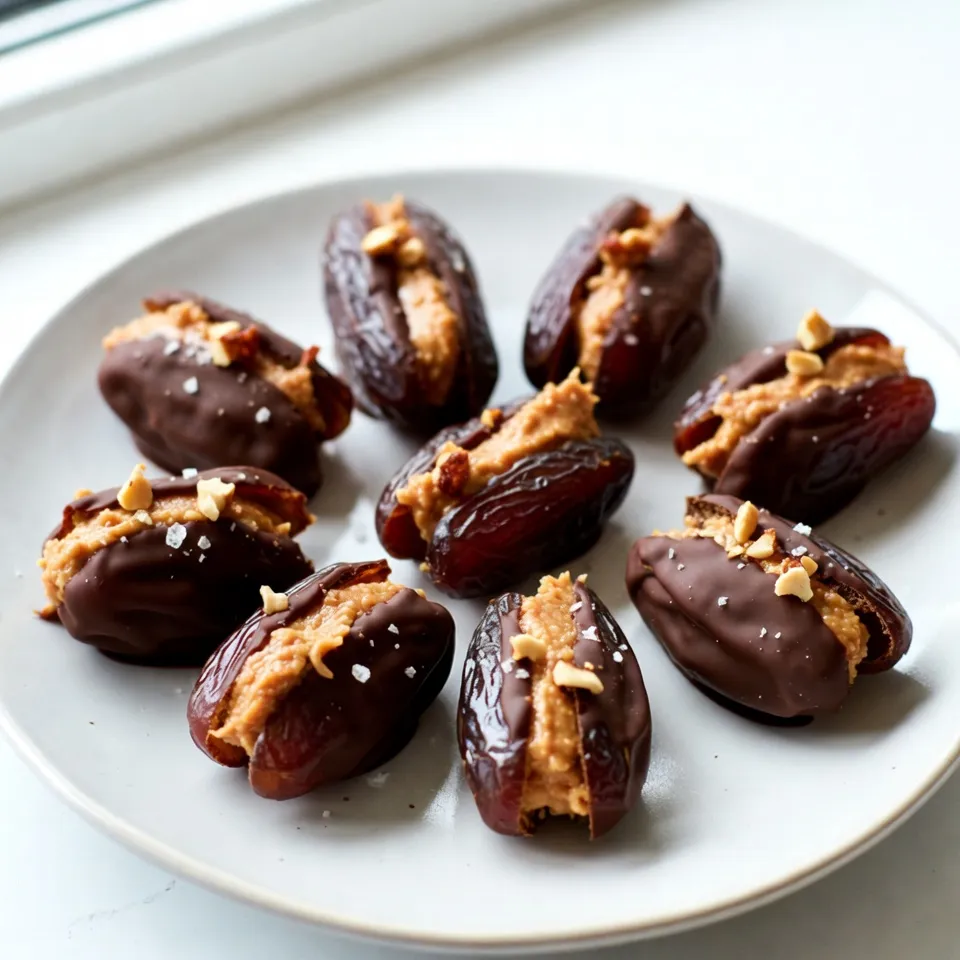 - 12 Medjool dates, pitted - 1/2 cup creamy or crunchy peanut butter - 1/4 cup dark chocolate chips (optional, for a decadent finish) - 1/4 cup chopped nuts (choose from almonds, walnuts, or pecans) - A sprinkle of sea salt, for enhancement - Additional garnishes (e.g., drizzle of chocolate) Medjool dates are sweet and chewy. They add a lovely base for this snack. You can choose between creamy or crunchy peanut butter, depending on your taste. Creamy gives a smooth texture, while crunchy adds fun bits. Dark chocolate is optional, but it makes this treat more indulgent. For toppings, chopped nuts add a delightful crunch. You can use almonds, walnuts, or pecans. A sprinkle of sea salt brings out the flavors, making the sweet and salty combo perfect. Finally, a drizzle of chocolate makes it look fancy and adds more chocolatey goodness! {{ingredient_image_2}} 1. Preheat your oven to 350°F (175°C). This heat helps the chocolate melt nicely. 2. Take each Medjool date and slice it lengthwise on one side. Make sure not to cut all the way through. You want to create a pocket. This pocket will hold the peanut butter. 1. Grab a small spoon or a piping bag. Use it to fill each date with about 1 tablespoon of peanut butter. 2. You can adjust the peanut butter amount. If you love peanut butter, add more! If you prefer less, use a smaller amount. 1. To melt the dark chocolate chips, place them in a microwave-safe bowl. 2. Heat them in 20-second bursts. Stir after each burst until smooth and melted. 3. Once melted, dip each stuffed date into the chocolate. Make sure they are fully coated. 4. Place the coated dates on a parchment-lined baking sheet. This helps them not stick. 1. Put the baking sheet in the oven. Bake for 5 to 7 minutes. This will help the chocolate set. 2. After baking, let the dates cool to room temperature. For a firmer texture, refrigerate them for about 30 minutes. To make the best peanut butter stuffed dates, balance is key. Use creamy peanut butter for a smooth texture. If you like crunch, then choose crunchy peanut butter. The rich taste of peanut butter pairs well with sweet dates. This gives a tasty mix of flavors. Timing is also important. Bake the stuffed dates for just 5 to 7 minutes. This helps the chocolate set but keeps it soft. After baking, let them cool at room temperature. For a firmer bite, chill them in the fridge for 30 minutes. For a nice presentation, arrange the stuffed dates on a pretty platter. Drizzle any leftover melted chocolate on top for flair. You can also add a small bowl of chopped nuts nearby. This lets guests enjoy extra crunch with each bite. Pair these dates with fresh fruits like strawberries or apples. A cold glass of almond milk or herbal tea can enhance the snack, too. If you want to cut down on sugar, use dark chocolate with a lower sugar content. You can also skip the chocolate altogether for a lighter treat. For nut butter swaps, try almond butter or cashew butter. Each has its own unique flavor and can make a fun change. These options still give a creamy texture while adding new tastes. Pro Tips Perfect Peanut Butter Ratio: Adjust the amount of peanut butter based on your preference. More peanut butter means a richer flavor, while less keeps it light and sweet. Chocolate Coating Secrets: For a smoother chocolate coating, temper the chocolate before dipping. This will give you a shiny finish and a better snap. Nutty Variations: Experiment with different nuts according to your taste. Each nut brings a unique flavor and texture, enhancing the overall experience. Serving Suggestions: Serve these dates at room temperature to maximize flavor. Pair them with a cup of tea or coffee for a delightful afternoon treat. {{image_4}} You can mix things up with different nut butters. Almond butter adds a nice twist. Cashew butter gives a creamy texture that's hard to beat. You can also add spices. A sprinkle of cinnamon brings warmth. A drop of vanilla can lift the flavor. Just remember to adjust the amount based on your taste. If you're looking for vegan options, use plant-based chocolate. Most nut butters are already vegan, so you’re good there. For gluten-free needs, this snack is naturally gluten-free. Just check the labels on your nut butters and chocolate to be sure they are safe. Feel free to get creative with your fillings. Try adding dried fruits like raisins or cranberries for extra sweetness. If you want some crunch, toss in seeds like chia or flax. For toppings, coconut flakes can add a tropical touch. Granola offers a fun crunch and extra fiber. The options are endless, so have fun with it! To keep your peanut butter stuffed dates fresh, store them in the fridge. Place them in an airtight container. This will help prevent them from drying out. Make sure to separate layers with parchment paper. If you want to freeze them, wrap each date in plastic wrap. Then, place them in a freezer-safe bag. This way, you can enjoy these treats later. In the fridge, stuffed dates last about one week. After that, they may start to lose flavor and texture. Look for signs of spoilage, such as a sticky surface or an off smell. If the dates feel hard or dry, it’s best to toss them. Before serving leftover dates, let them sit at room temperature. This will help restore their soft texture. If you prefer warm dates, gently heat them in the microwave. Use a low setting and check every 10 seconds. This will warm them without melting the chocolate. Enjoy them fresh and tasty! When selecting Medjool dates, look for these traits: - Color: They should be deep brown. - Texture: Fresh dates feel soft and plump. - Surface: Choose dates without cracks or dry spots. Fresh dates are moist and chewy. Dried dates are hard and less sweet. For the best taste, always pick fresh Medjool dates. Yes, you can prepare these dates ahead of time. Here are some tips: - Stuffing: Fill the dates with peanut butter a day before serving. - Storage: Keep them in an airtight container in the fridge. - Serving: For best taste, serve them chilled or at room temp. This makes snacking easy and quick on busy days! If you need a nut-free option, consider these: - Sunflower seed butter: Great for kids with nut allergies. - Soy nut butter: Another nut-free choice. - Coconut butter: For a sweet, tropical twist. These alternatives still give you that creamy texture and taste. Yes, they are quite healthy! Here are some key points: - Natural sugars: Dates provide energy without refined sugar. - Protein: Peanut butter adds protein, good for muscle health. - Fiber: Dates are high in fiber, aiding digestion. - Healthy fats: Peanut butter has beneficial fats for heart health. Enjoy these as a snack or dessert, knowing they are good for you! Stuffed dates are a delicious treat, perfect for snacks or desserts. We discussed the main ingredients like Medjool dates, peanut butter, and optional toppings. I provided step-by-step instructions to help you create them. You learned tips for perfecting the recipe, ways to add your style, and how to store leftovers. These treats are easy to make and can fit different diets. Try mixing flavors and toppings. Enjoy your stuffed dates, and share them with friends or family! They will love these tasty bites.