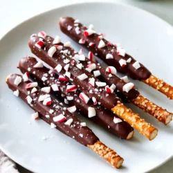 To make my Chocolate Dipped Peppermint Pretzels, you will need a few simple items. Each ingredient adds a special touch to this treat. Here&rsquo;s what you will need: - 2 cups pretzel rods - 1 cup semi-sweet chocolate chips - 1 tablespoon coconut oil - &frac12; cup crushed peppermint candies - Sea salt for sprinkling - Optional: &frac12; teaspoon peppermint extract These ingredients blend together to create a sweet and salty snack that is perfect for any occasion. The pretzel rods give a nice crunch, while the chocolate and peppermint create a holiday flavor. The coconut oil helps the chocolate melt smoothly, making it easy to dip the pretzels. Adding a sprinkle of sea salt on top brings out the sweet taste even more. If you want a stronger mint flavor, the peppermint extract is a great option. Gather these ingredients, and get ready for a fun cooking adventure! {{ingredient_image_2}} Start by lining a baking sheet with parchment paper. This helps the pretzels not stick. It also makes clean-up easy. You want this area ready for dipping. In a microwave-safe bowl, combine 1 cup of semi-sweet chocolate chips and 1 tablespoon of coconut oil. Heat this mixture in the microwave. Do it in 30-second bursts. Stir after each time until the chocolate is smooth. If you want a minty flavor, add &frac12; teaspoon of peppermint extract too. This gives the chocolate a nice touch. Grab a pretzel rod by one end. Dip it into the melted chocolate, covering about two-thirds of the rod. Let any extra chocolate drip back into the bowl. This step keeps the coating even and avoids clumps. While the chocolate is still wet, sprinkle crushed peppermint candies over the coated pretzel. Use &frac12; cup of crushed peppermint candies for this. Be generous! The more you add, the more minty flavor you get. Carefully place each dipped pretzel on the parchment-lined baking sheet. Repeat this until all pretzels are coated. Make sure they are spaced out. This helps them cool evenly. Put the baking sheet in the fridge for about 30 minutes. This allows the chocolate to harden fully. Just before the chocolate sets, sprinkle a little sea salt over the pretzels. This adds a nice flavor contrast and makes them even tastier. Using coconut oil is key for great chocolate. It helps the chocolate melt smoothly. This oil keeps the chocolate from being too thick. It gives a nice shine, making your pretzels look fancy. Mix one tablespoon of coconut oil with your chocolate chips. This simple step makes a big difference in your treat. Get creative with toppings! You can add sprinkles, mini chocolate chips, or extra crushed peppermint. Drizzling melted chocolate on top adds flair and taste. Choose bright colors for a fun look. The more toppings, the merrier! Let your imagination run wild when decorating your pretzels. These treats shine at parties and gatherings. Serve them on a nice platter for a festive touch. You can also package them in clear bags as gifts. They are perfect for sharing with friends and family. Enjoy them during holidays, movie nights, or whenever you crave a sweet snack! Pro Tips Use High-Quality Chocolate: Opt for good quality chocolate chips for a richer taste. The better the chocolate, the more delicious your pretzels will be! Crush Peppermint Candies Properly: Ensure your peppermint candies are crushed finely, as larger pieces can fall off the pretzels and create a mess. Experiment with Toppings: Feel free to add other toppings like sprinkles, nuts, or even a drizzle of white chocolate for added flavor and presentation. Store for Freshness: Keep the pretzels in an airtight container at room temperature for up to two weeks to maintain their crunchiness. {{image_4}} You can use different pretzel shapes for your treats. Pretzel rods are great for dipping. They hold chocolate well and look nice on a plate. You can also use pretzel twists. Twists add fun shapes and texture. Just make sure to coat them evenly with chocolate. Both options will taste amazing! If you want to change the flavor, there are other options besides peppermint extract. Try using vanilla extract for a warm taste. Almond extract can add a nice nutty note. You can even add a splash of orange zest for a fresh twist. These flavors blend well with chocolate. Experiment to find your favorite! Make your pretzels fit the season with some fun decorations. During the holidays, use festive colors. You can drizzle white chocolate on top for a snowy effect. Add sprinkles in red and green for a cheerful look. For Halloween, use orange and black sprinkles. You can even package them in themed bags for gifts. The options are endless! To keep your chocolate dipped peppermint pretzels fresh, use airtight containers. Glass or plastic containers work well. Place parchment paper between layers if stacking them. This prevents sticking. Always ensure the container is sealed tight. It keeps the pretzels crispy and the chocolate intact. At room temperature, these treats last about five days. Keep them in a cool, dry place. If you refrigerate them, they can last up to two weeks. The cold helps the chocolate stay firm. However, the pretzels may lose some crunchiness in the fridge. Freezing is a great option if you want to save some for later. Wrap each pretzel in plastic wrap or foil. Place them in a freezer-safe bag or container. This keeps them fresh. When ready to enjoy, take them out and let them thaw at room temperature. Avoid microwaving, as this can melt the chocolate. Enjoy your sweet treats whenever you like! Chocolate dipped peppermint pretzels can last about two weeks at room temperature. To keep them fresh, place them in an airtight container. If you want to store them longer, you can refrigerate them for about a month. Just remember, the cool air may change their texture slightly. Yes, you can use white chocolate! It will change the flavor, making it sweeter and creamier. If you like white chocolate, try it with peppermint. Just melt it like you would semi-sweet chocolate. The fun part is mixing and matching flavors, so feel free to experiment. To balance the sweetness, you can add a pinch of salt. Salt enhances the flavor and cuts down on sweetness. You might also try using dark chocolate instead of semi-sweet. Dark chocolate has a richer taste and is less sweet. Adding more crushed peppermint will also give a refreshing kick that distracts from the sweetness. You can create delightful chocolate-dipped peppermint pretzels by following this simple guide. We covered the key ingredients, like chocolate, peppermint, and coconut oil. Each step helps you achieve the perfect snack, from melting chocolate to adding festive touches. Remember, there are many ways to make these treats unique. Store them properly for the best taste later. Enjoy your crunchy, sweet creations and feel free to share them with friends!