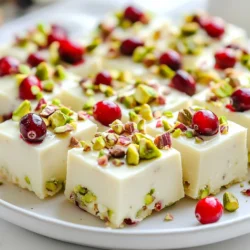 To make delicious cranberry pistachio fudge, gather these key ingredients: - 2 cups white chocolate chips - 1 can (14 oz) sweetened condensed milk - 1 cup dried cranberries, finely chopped - 1 cup unsalted pistachios, coarsely chopped - 1 teaspoon pure vanilla extract - 1/2 teaspoon flaky sea salt These ingredients work together to create a rich and creamy treat. The white chocolate brings sweetness, while the cranberries and pistachios add great texture and flavor. You can enhance the look and taste with these optional toppings: - Additional pistachios - Extra dried cranberries Sprinkling these on top makes the fudge even more festive. It adds a nice crunch and bright color. If you need alternatives, consider these options: - White chocolate chips: Use carob chips or vanilla-flavored chocolate. - Sweetened condensed milk: Try coconut milk or a homemade version with milk and sugar. - Dried cranberries: Use raisins or chopped dried cherries for a new twist. - Unsalted pistachios: Almonds or walnuts can also work well. These swaps can help you customize the fudge to suit your taste. {{ingredient_image_2}} First, grab an 8x8 inch baking pan. Line it with parchment paper. Make sure you leave some paper hanging over the edges. This helps you lift the fudge out later. It makes the whole process easier. Your fudge will slide out smoothly when it&rsquo;s set. Next, take a medium saucepan. Add the white chocolate chips and sweetened condensed milk. Heat this mixture on low. Stir it gently and keep an eye on it. You want the chocolate to melt completely. Keep stirring until it turns nice and smooth. This step is crucial, as a good melt makes the fudge creamy. Once your chocolate mixture is smooth, take it off the heat. Now, add the pure vanilla extract. This will boost the flavor. Sprinkle in the flaky sea salt for a taste twist. Then, fold in the finely chopped dried cranberries and coarsely chopped pistachios. Mix them well into the creamy fudge. This adds great texture and flavor. Finally, pour the mixture into your prepared pan. Use a spatula to smooth the top. If you like, sprinkle more pistachios and cranberries on top. Press them down gently into the fudge for a pretty finish. To get a smooth and creamy fudge, melt the white chocolate slowly. Heat it gently with the sweetened condensed milk. Stir constantly to avoid burning. Once melted, the mix should look glossy and silky. If it feels too thick, add a tiny bit more milk. Store your fudge in an airtight container. Keep it in the fridge to stay fresh. It should last up to two weeks this way. You can also freeze the fudge. Wrap it well in plastic wrap, then place it in a freezer bag. It will last about three months in the freezer. For serving, cut the fudge into small squares. Place them on a pretty serving platter. You can drizzle some melted chocolate on top for a fancy touch. For extra flair, sprinkle edible gold dust around the edges. This will make your fudge shine and impress your guests! Pro Tips Chop Ingredients Finely: Ensure the dried cranberries and pistachios are chopped to the desired size for even distribution throughout the fudge, enhancing both texture and flavor. Use High-Quality Chocolate: Selecting premium white chocolate chips can significantly impact the taste and smoothness of your fudge, making it more indulgent. Mind the Temperature: Melting the chocolate over low heat prevents scorching and allows for a perfectly creamy consistency, so stir gently and be patient. Let It Set Properly: For the best texture, be sure to chill the fudge for the full 2-3 hours until firm; this step is crucial for easy slicing and a delightful bite. {{image_4}} You can easily change the flavors in this fudge. For a nutty twist, swap pistachios for almonds or walnuts. Both add a rich taste. You can also use different dried fruits. Try dried cherries or apricots for a fun flavor change. Each option brings its unique touch to the fudge. If you want a vegan version, use dairy-free chocolate chips instead of white chocolate. Swap the sweetened condensed milk for coconut milk. This keeps the fudge creamy and delicious. You can also check for vegan-friendly brands of the other ingredients. Always read labels to ensure they meet your needs. This fudge is perfect for the holidays. To make it festive, add orange zest for a bright flavor. You can also sprinkle crushed candy canes on top for a winter touch. Another idea is to use seasonal spices like cinnamon or nutmeg in the mix. These small changes can make your fudge a holiday delight. To keep your cranberry pistachio fudge fresh, store it in an airtight container. Line the container with parchment paper to avoid sticking. If you stack the fudge, separate layers with more parchment paper. This will help keep the fudge intact and tasty. When stored properly, your fudge can last up to two weeks at room temperature. For longer storage, you can freeze it. Wrap the fudge tightly in plastic wrap and then in aluminum foil. It will stay fresh in the freezer for up to three months. To thaw, place it in the fridge overnight before serving. Look for a few signs to tell if your fudge is no longer good. If you see mold or an off smell, it&rsquo;s best to throw it away. The texture might also change, becoming dry or crumbly. If you notice these signs, do not eat the fudge. Always trust your senses when it comes to food safety. Yes, you can use semi-sweet chocolate. This will give your fudge a richer taste. The sweetness will be less than with white chocolate. Adjust the sugar in the recipe if you want it sweeter. The fudge needs to chill for at least 2-3 hours. If you want it firmer, leave it longer. Check if it feels solid before slicing. The longer it chills, the better it holds its shape. Yes, but the fudge will change in texture and taste. You can use heavy cream with sugar as a substitute. This will keep the fudge creamy but may need more stirring. In this blog, we explored everything about making fudge. We covered key ingredients, optional toppings, and substitutes you can use. You learned step-by-step instructions and tips to achieve the perfect fudge texture. We also looked at fun variations, storage tips, and FAQ answers. Making fudge is fun and rewarding. With this guide, you can create delicious fudge that impresses everyone. Enjoy the process and be creative as you make sweet treats!