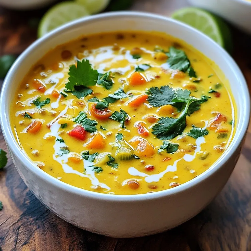 To make Coconut Curry Lentil Soup, gather these ingredients: - 1 cup red lentils, thoroughly rinsed - 1 can (13.5 oz) full-fat coconut milk - 4 cups vegetable broth - 1 medium onion, finely diced - 3 garlic cloves, minced - 1 tablespoon fresh ginger, finely minced - 2 tablespoons curry powder - 1 teaspoon ground turmeric - 1 teaspoon ground cumin - 1 medium carrot, diced into small cubes - 1 red bell pepper, diced - 1 cup fresh baby spinach - 2 tablespoons extra virgin olive oil - Salt and freshly cracked pepper to taste - Fresh cilantro leaves for garnish (optional) - Lime wedges for serving (optional) You can adjust this soup to fit your taste. Some optional ingredients include: - Chopped tomatoes for added sweetness - Coconut flakes for extra texture - Green peas for a pop of color - A dash of chili flakes for heat This soup is not only tasty but also healthy. Each serving has: - Approximately 300 calories - 15 grams of protein - 10 grams of fiber - Rich in vitamins A and C - Healthy fats from coconut milk These ingredients come together to make a warm and comforting soup that you will love! {{ingredient_image_2}} 1. Heat 2 tablespoons of extra virgin olive oil in a large pot over medium heat. 2. Add 1 medium onion, finely diced. Sauté for about 5 minutes. Stir until it softens. 3. Mix in 3 minced garlic cloves and 1 tablespoon of minced fresh ginger. Sauté for 2 more minutes. 4. Add 2 tablespoons of curry powder, 1 teaspoon of ground turmeric, and 1 teaspoon of ground cumin. Stir well for 1-2 minutes. 5. Toss in 1 medium diced carrot and 1 diced red bell pepper. Cook for another 3-4 minutes. 6. Pour in 1 cup of rinsed red lentils, 4 cups of vegetable broth, and 1 can of coconut milk. Stir to combine. 7. Bring the mixture to a boil. Once boiling, reduce the heat to low. Cover and let it simmer for 25-30 minutes. 8. Add 1 cup of fresh baby spinach near the end. Stir until it wilts, about 1-2 minutes. 9. Taste the soup. Adjust with salt and freshly cracked pepper if needed. 10. Serve hot in bowls. Garnish with fresh cilantro leaves and lime wedges if desired. - Preparation Time: 10 minutes - Cooking Time: 30 minutes - Total Time: 40 minutes - Large pot - Wooden spoon or spatula - Knife and cutting board - Measuring cups and spoons - Ladle for serving To make your coconut curry lentil soup shine, follow these tips: - Use fresh ingredients: Fresh veggies and spices give the best flavor. - Rinse lentils well: This removes any dust or grit. - Sauté spices: Cooking spices with onion boosts their flavor. - Adjust texture: For a creamier soup, blend a portion of it before serving. Here are some common pitfalls: - Skipping the sauté step: Don't rush. Sautéing builds flavor. - Overcooking the spinach: Add it last to keep its bright color and nutrients. - Not tasting before serving: Always check for salt and spice levels. - Ignoring the garnishes: Fresh cilantro and lime add zest and color. Pair your soup for a full meal: - Rice or quinoa: Serve it over or alongside grains for extra texture. - Crusty bread: Great for dipping and soaking up the soup. - Salad: A fresh green salad balances the creamy soup. - Light wine: A crisp white wine enhances the meal's flavors. Pro Tips Rinse Lentils Well: Make sure to rinse the red lentils thoroughly before cooking to remove any dust or impurities, ensuring a cleaner flavor in your soup. Adjust Spice Levels: Feel free to adjust the amount of curry powder and spices to suit your taste. If you enjoy heat, consider adding a pinch of cayenne pepper. Fresh Herbs Matter: Using fresh cilantro as a garnish adds a burst of flavor that elevates the dish. Don’t skip this step for the best taste! Store Leftovers Properly: If you have leftovers, store them in an airtight container in the fridge. The flavors deepen as it sits, making it even tastier the next day! {{image_4}} You can easily make this soup vegan and gluten-free. The base of this soup is already vegan since it uses vegetable broth and coconut milk. Just check your curry powder to ensure it is gluten-free. Most brands are, but it's good to confirm. If you want more protein, try adding chickpeas or tofu. Both options blend well with the soup’s flavors. For more veggies, think about adding sweet potatoes, zucchini, or peas. These will add color and nutrients, making the soup even better. For spice lovers, add more curry powder or a dash of cayenne pepper. If you prefer milder flavors, skip the extra spices. You can also try adding lime juice or fresh herbs like basil for a twist. These small changes can really brighten the dish and make it your own! To keep your Coconut Curry Lentil Soup fresh, let it cool first. Once cool, transfer it to an airtight container. Store it in the fridge for up to four days. This keeps flavors intact and prevents spoilage. If you want to save some for later, freezing is a great option. Use a freezer-safe container or freezer bags. Leave some space at the top to allow for expansion. The soup can stay good in the freezer for up to three months. Just label each bag with the date for easy tracking. When you're ready to enjoy the soup again, take it out of the fridge or freezer. If frozen, let it thaw in the fridge overnight. To reheat, pour the soup into a pot over medium heat. Stir often until it's hot. If it seems too thick, add a splash of vegetable broth or water. Enjoy it warm! Coconut curry lentil soup stays fresh in the fridge for about 4 to 5 days. Store it in a sealed container to keep out air and moisture. If you notice any change in smell or color, it's best to throw it away. Always reheat soup to a safe temperature before eating. Yes, you can use other lentils in this soup. Green or brown lentils can work, but they may require a longer cooking time. Red lentils cook faster and break down, giving a creamy texture. If you use green or brown lentils, adjust the cooking time to ensure they're tender. Lentils are high in protein, fiber, and essential nutrients. They help keep you full and support digestion. Coconut milk adds healthy fats and a rich flavor. It contains vitamins C and E, which are good for skin and heart health. Together, they make this soup both tasty and nutritious. Coconut Curry Lentil Soup is simple yet tasty. We covered each ingredient, how to cook it, and tips for perfection. You learned how to customize this dish with options for your taste and dietary needs. Store leftovers right for future meals, and remember to check our FAQs for quick answers. Enjoy your cooking journey and share this delicious treat with friends!