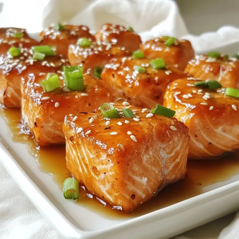 - 1 lb fresh salmon fillet, skin removed and cut into bite-sized pieces - 1/4 cup pure maple syrup - 2 tablespoons soy sauce (use tamari for a gluten-free option) - 1 tablespoon Dijon mustard - 1 tablespoon extra virgin olive oil - 1 teaspoon garlic powder - 1 teaspoon fresh ginger, finely grated - Salt and pepper to taste - 1 tablespoon toasted sesame seeds (for garnish) - Chopped green onions (for garnish) You can swap fresh salmon for other fish, like trout or tilapia. For a vegan option, use tofu cubes instead of salmon. If you want less sweetness, reduce the maple syrup by half. You can also use honey or agave syrup as alternatives. For a different flavor, try orange juice in place of soy sauce. Each serving provides roughly: - Calories: 250 - Protein: 22g - Fat: 15g - Carbohydrates: 10g - Fiber: 0g - Sugar: 7g This recipe gives a good mix of protein and healthy fats, making it a balanced choice for any meal. {{ingredient_image_2}} Start by gathering a medium mixing bowl. Add 1/4 cup of pure maple syrup. Pour in 2 tablespoons of soy sauce. Next, add 1 tablespoon of Dijon mustard and 1 tablespoon of extra virgin olive oil. Then, sprinkle in 1 teaspoon of garlic powder and 1 teaspoon of finely grated fresh ginger. Don’t forget a pinch of salt and pepper. Whisk everything together until it’s well mixed. This is your tasty maple glaze. Now, take your salmon fillet. Cut it into bite-sized pieces, about one inch each. Put the salmon pieces in the bowl with the glaze. Use a spatula or your hands to gently toss them. Make sure each piece is covered well with the glaze. Cover the bowl with plastic wrap. Place it in the fridge for about 30 minutes. This marinating time boosts the flavor greatly. While the salmon marinates, preheat your oven to 400°F (200°C). Line a baking sheet with parchment paper. This helps with cleanup later. After 30 minutes, take the salmon out of the fridge. Arrange the salmon bites on the lined sheet. Leave a little space between each piece for even cooking. Drizzle any leftover marinade over the salmon for extra taste. Bake the salmon for 12-15 minutes. It is done when it turns opaque and flakes easily with a fork. For a special touch, switch your oven to broil for the last 2 minutes. Keep an eye on it to avoid burning. Once done, let the salmon cool for a few minutes. Transfer the bites to a platter, then sprinkle with toasted sesame seeds and chopped green onions. Enjoy your delicious maple glazed salmon bites! To make a great marinade, use fresh ingredients. Always choose pure maple syrup, as it gives the best flavor. Mix the maple syrup with soy sauce, Dijon mustard, and olive oil. This mix adds depth. Don't forget garlic powder and fresh ginger! These spices enhance the taste. I recommend letting the salmon marinate for at least 30 minutes. This step allows the flavors to soak in. If you have time, marinate it longer, even up to a few hours. Just keep it in the fridge! Cooking time can vary based on your oven. I suggest baking the salmon bites for 12 to 15 minutes at 400°F (200°C). Check the doneness by seeing if it flakes easily with a fork. If you like a crispy top, switch to broil for the last 2 minutes. Just watch closely to avoid burning. If your salmon bites are thicker, you may need a few extra minutes. Always keep an eye on them while they cook. These salmon bites taste great with many sides. Try serving them with a fresh salad. A mix of greens with a tangy dressing works well. You can also pair them with rice or quinoa for a hearty meal. If you want to add a dip, try a yogurt-based sauce with herbs. This adds a cool touch. For drinks, a light white wine or sparkling water with lemon is refreshing. Enjoy experimenting with different flavors! Pro Tips Choose Quality Salmon: Opt for fresh, wild-caught salmon when possible for the best flavor and texture. Farmed salmon may be less flavorful and has a different fat content. Marinate Longer: For even more depth of flavor, consider marinating the salmon for 1-2 hours instead of just 30 minutes. Just be careful not to over-marinate, as the acidity can affect the texture. Use a Meat Thermometer: To ensure perfectly cooked salmon, use a meat thermometer. The internal temperature should reach 145°F (63°C) for safe consumption. Experiment with Garnishes: Feel free to add other garnishes such as sliced cucumbers or avocado for added freshness and texture. A squeeze of fresh lemon juice can also enhance the dish. {{image_4}} To make this dish gluten-free, simply swap soy sauce for tamari. Tamari has a similar taste but lacks gluten. This small change keeps the flavor intact. You can still enjoy all the deliciousness without worry. You can add many ingredients to enhance the flavor. Try mixing in red pepper flakes for heat or lemon juice for brightness. Fresh herbs like cilantro or dill can add a nice twist. You could even use honey instead of maple syrup for a different sweetness. These salmon bites work well as both an appetizer and a main dish. Serve them on toothpicks for a fun appetizer at parties. For a main dish, pair them with rice or veggies. You can also create a salmon salad, mixing the bites with greens for a light meal. To keep your maple glazed salmon bites fresh, store them in an airtight container. Place a piece of parchment paper between layers to avoid sticking. You can keep them in the fridge for up to three days. If you want to keep them longer, consider freezing them. To reheat your salmon bites, use an oven for the best results. Preheat your oven to 350°F (175°C). Place the bites on a baking sheet lined with parchment paper. Cover them with foil to keep moisture in. Heat for about 10 minutes. You can also use a microwave, but the oven keeps them crispy. If you want to freeze your salmon bites, let them cool completely. Arrange them in a single layer on a baking sheet and freeze for about an hour. Once frozen, transfer them to a freezer bag. Label the bag with the date. They can stay in the freezer for up to three months. To cook from frozen, add a few extra minutes to your baking time. Yes, you can use frozen salmon. Thaw it completely before cooking. This helps keep the texture smooth and tasty. It’s best to thaw in the fridge overnight. Avoid thawing in warm water, as it can change the taste. To keep the salmon juicy, don’t overcook it. Bake until it turns opaque and flakes easily. The marinade helps a lot too. Make sure to coat each piece well. Drizzle leftover marinade over the bites before baking to add moisture. You can use honey or agave syrup instead of maple syrup. Both add sweetness and flavor. If you want a different taste, try brown sugar mixed with water. Each option gives a nice twist to the salmon bites, so feel free to experiment. This blog post covered the key steps to make delicious salmon bites. We explored ingredients and their nutritional value. You learned how to mix the maple glaze, marinate the salmon, and bake it perfectly. Tips on adjustments and serving suggestions helped enhance your dish. Finally, I shared storage tips and answered common questions. Using these insights, you can create a tasty dish fit for any meal. Enjoy experimenting and making this recipe your own!