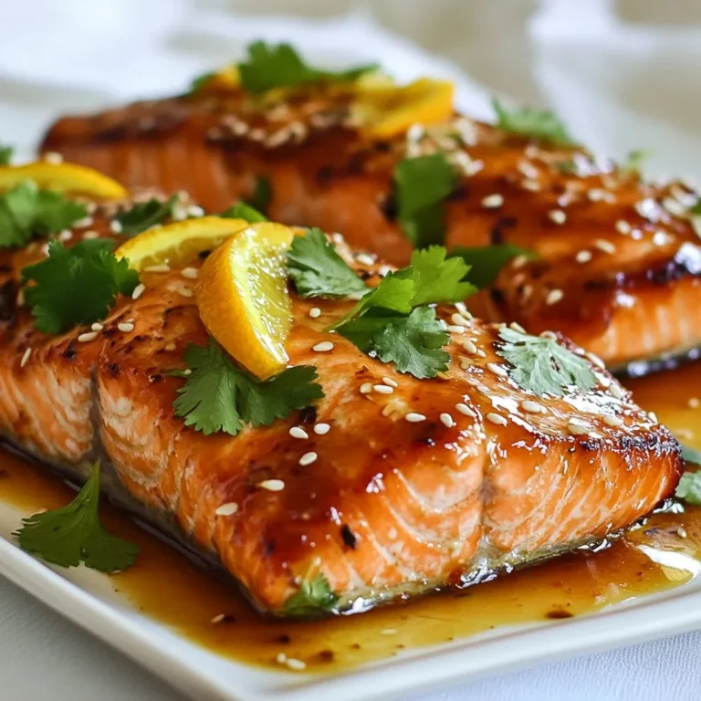 - 4 salmon fillets (approximately 6 oz each) - 1/2 cup fresh orange juice - Zest of 1 large orange - 2 tablespoons honey - 2 tablespoons soy sauce - 1 tablespoon extra-virgin olive oil - 1 teaspoon fresh ginger - 2 cloves garlic - Salt and black pepper to taste - Fresh cilantro or parsley for garnish - Sesame seeds for garnish (optional) The ingredients for orange glazed salmon are simple yet full of flavor. Freshness is key, especially with the salmon and orange juice. I always choose wild-caught salmon; it tastes best and is healthier for you. Sourcing organic oranges adds vibrant flavor to the glaze. You need a mix of sweet and savory flavors to create a balanced dish. Honey gives a nice sweetness, while soy sauce adds depth. Fresh ginger and garlic bring a spicy kick that brightens the whole dish. Having fresh herbs on hand, like cilantro or parsley, makes your plate look great. The sesame seeds add a nice crunch if you choose to include them. This blend of ingredients makes a flaky and flavorful delight that is hard to resist! {{ingredient_image_2}} To start, gather your ingredients for the glaze. In a small saucepan, combine: - 1/2 cup fresh orange juice - Zest of 1 large orange - 2 tablespoons honey - 2 tablespoons soy sauce - 1 tablespoon extra-virgin olive oil - 1 teaspoon fresh ginger, finely grated - 2 cloves garlic, minced Place the saucepan over medium heat. Stir the mixture well and bring it to a gentle simmer. This step helps blend the flavors. Next, reduce the heat to low. Let the glaze simmer for about 5-10 minutes. Stir occasionally until it thickens slightly. Once it has thickened, remove the saucepan from the heat and set the glaze aside to cool. Now, it’s time to prepare the salmon. Preheat your grill or oven to 400°F (200°C). If using the oven, line a baking sheet with parchment paper for easy cleanup. While the grill or oven heats, season both sides of the salmon fillets with salt and freshly ground black pepper. This adds great flavor to the fish. Make sure to cover the fillets evenly. You have two great options for cooking the salmon: grilling or baking. Grilling Method: If you choose to grill, brush half of the prepared orange glaze over the salmon fillets. Place the fillets on the grill with the skin side down. Grill the salmon for about 5-6 minutes on each side. It’s done when the fish flakes easily with a fork. Oven Method: If you prefer baking, arrange the seasoned fillets on the prepared baking sheet. Brush the tops with half of the orange glaze. Bake in the preheated oven for 12-15 minutes. Be sure to baste the fillets with the glaze halfway through the cooking time. Once cooked, remove the salmon from the grill or oven. Let it rest for a couple of minutes. To serve, drizzle the salmon fillets with the remaining orange glaze. Garnish with finely chopped fresh cilantro or parsley and, if you like, sprinkle sesame seeds on top. Enjoy your delicious orange glazed salmon! Cooking salmon just right is key. Here are some tips for different methods: - Grilling: Grill for 5-6 minutes on each side. - Baking: Bake for 12-15 minutes in a preheated oven at 400°F (200°C). You can add more taste with extra spices. Here are a few ideas: - Cilantro: Fresh herb adds bright notes. - Chili Flakes: For heat, sprinkle some on top. - Lemon Zest: Use it to brighten the orange flavor. - Thyme: This herb pairs well with fish. Check when your salmon is done. Here’s how: - Use a fork to gently flake the thickest part. - If it flakes easily, it's ready. - The fish should be opaque and slightly firm to touch. Pro Tips Fresh Ingredients Matter: Use fresh, high-quality salmon and freshly squeezed orange juice for the best flavor and texture. Perfect Glaze Consistency: Keep an eye on the glaze as it simmers; it should coat the back of a spoon without being too thick. Resting Time is Key: Allow the salmon to rest for a couple of minutes after cooking to let the juices redistribute for maximum tenderness. Experiment with Garnishes: Feel free to add other garnishes like chopped green onions or a squeeze of lime for an extra burst of flavor. {{image_4}} You can easily switch up the flavors in this dish. Instead of orange juice, try using lemon or lime juice. Each gives a bright taste that works well with salmon. Lemon juice adds a sharp, fresh zing. Lime juice offers a more tropical twist. Both options create a unique flavor that is still delicious. If you need a gluten-free version, simply use tamari instead of soy sauce. Tamari has a similar taste but is made without wheat. This small change keeps the dish tasty and safe for those with gluten issues. Pair your orange glazed salmon with tasty sides. Steamed broccoli or green beans add a nice crunch. Serve it with fluffy rice or quinoa for a filling meal. A fresh salad can also brighten the plate. These sides complement the salmon’s flavor well and make for a beautiful dinner. Store leftover salmon in an airtight container. Place it in the fridge. Consume it within 2-3 days for the best taste. It’s important to let it cool before sealing. This keeps the fish fresh and prevents sogginess. You can freeze salmon for longer storage. Wrap each fillet tightly in plastic wrap. Then place the wrapped fillets in a freezer bag. This helps prevent freezer burn. Salmon can last in the freezer for up to 3 months. When ready, thaw it in the fridge overnight. Reheat salmon gently to keep it moist. The best methods are oven or stovetop. For oven reheating, set it to 275°F (135°C). Place the salmon in a baking dish, cover it with foil, and heat for about 15 minutes. On the stovetop, use low heat in a skillet with a splash of water. Cover with a lid and heat for 5-7 minutes. This keeps the fish from drying out. Enjoy your flavorful salmon again! Cooking orange glazed salmon takes about 10 to 15 minutes. If you grill, it takes around 5 to 6 minutes per side. Baking takes a bit longer, about 12 to 15 minutes. Always check that the salmon flakes easily with a fork. This means it is done. The key is to not overcook it, as this can make it dry. Yes, you can use frozen salmon! Just remember to thaw it first. The best way is to put it in the fridge overnight. If you are in a hurry, you can run cold water over the sealed salmon for about 30 minutes. After thawing, make sure to pat it dry. This helps the glaze stick better during cooking. If you need a honey substitute, try maple syrup or agave nectar. Both work well in the glaze. You can also use brown sugar, but remember to mix it well. It helps dissolve better in the orange juice. Each option adds a unique taste, so feel free to experiment! This recipe for orange glazed salmon is both simple and rewarding. You learned about the key ingredients, cooking methods, and tips for great results. With various ways to adapt the dish and advice on storage, you can enjoy delicious salmon anytime. Remember, the right glaze makes all the difference in flavor. Try different spices or herbs to make it your own. With these steps, your salmon will impress everyone at your table. Happy cooking and enjoy your tasty meal!