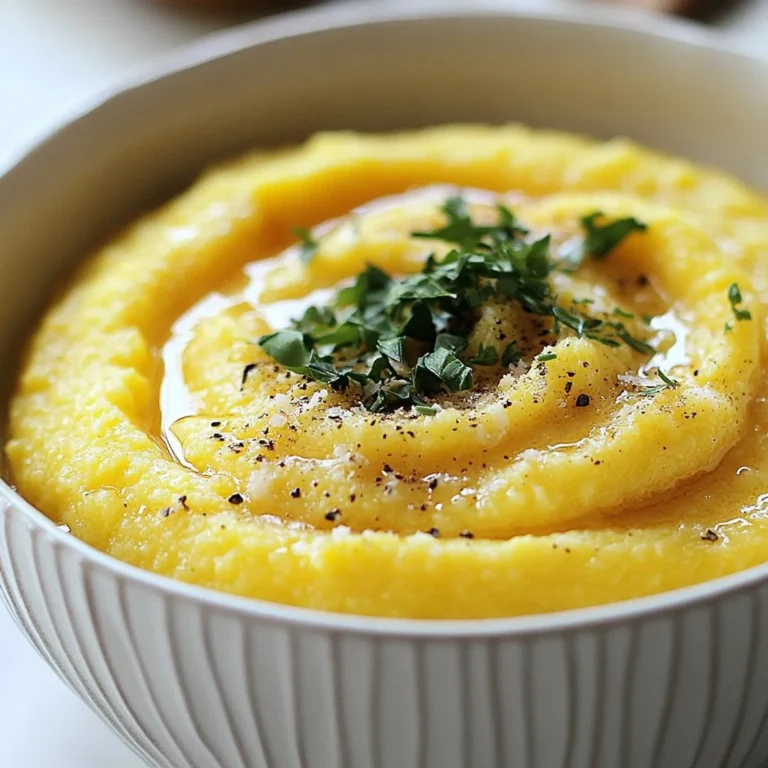 - 1 cup polenta (coarse cornmeal) - 4 cups vegetable broth (low-sodium recommended) - 1 cup finely grated Parmesan cheese - 1/2 cup heavy cream - 2 tablespoons unsalted butter - Salt, to taste - Freshly ground black pepper, to taste - Chopped fresh herbs for garnish (such as parsley or chives) Using high-quality ingredients makes a big difference. For polenta, look for coarse cornmeal. It gives you the best texture. Choose a low-sodium vegetable broth for a balanced flavor. A nice, aged Parmesan cheese adds depth and creaminess. Heavy cream should be fresh for the richest taste. Don’t skip on butter; it adds smoothness and richness. When choosing polenta, look for packages labeled as "coarse" or "medium." These types create a better consistency. Avoid instant polenta, as it cooks too fast and lacks the creamy texture we want. Always check the expiration date to ensure freshness. If you can, buy organic cornmeal for a more robust flavor. {{ingredient_image_2}} To start, pour 4 cups of vegetable broth into a large saucepan. Set it over medium-high heat. Watch it closely as it heats up. You want it to reach a rolling boil without spilling over. This broth adds a lot of flavor to the polenta. Once the broth boils, slowly sprinkle in 1 cup of polenta. Whisk it in as you add it. This step is key to avoid clumps. After adding all the polenta, lower the heat to low. Let it simmer for 20 to 25 minutes. Stir it often with a wooden spoon. The polenta will thicken and become soft. When the polenta is thick enough, it's time to mix in the good stuff. Stir in 1/2 cup of heavy cream first. Then, add 2 tablespoons of unsalted butter and 1 cup of finely grated Parmesan cheese. Mix well until everything blends and becomes creamy. Taste it and add salt and black pepper as needed. This is where you can adjust the flavor to your liking. Let the polenta rest off heat for a few minutes. This helps it thicken even more. Before serving, add some chopped fresh herbs on top for a nice touch. To make creamy polenta, start with a good broth. Use low-sodium vegetable broth for the best flavor. Always whisk the polenta into boiling broth slowly. This helps avoid clumps. Stir it often while it simmers. A wooden spoon works best for this. The polenta needs about 20-25 minutes to thicken. It should feel soft and smooth. If it seems too thick, you can add a little extra broth or cream. Let it rest after cooking to enhance the texture. Seasoning is key to a tasty polenta. Add salt and black pepper to enhance the flavors. Don’t forget to taste as you go! For a kick, try adding garlic powder or crushed red pepper. You can also mix in fresh herbs like parsley or chives. These not only add flavor but look great too. Incorporating different cheeses can also change the taste. Cheddar or goat cheese can offer a unique twist. Using the right tools makes cooking easier. A large saucepan is essential for cooking the polenta. A whisk helps to mix the polenta into the broth smoothly. A wooden spoon is perfect for stirring during cooking. For serving, shallow bowls or plates give it an elegant look. A cheese grater is handy for the Parmesan. Having these tools ready will make your cooking process smooth and enjoyable. Pro Tips Use Fresh Ingredients: Whenever possible, opt for fresh vegetable broth and high-quality Parmesan cheese to enhance the flavor profile of your polenta. Gradual Mixing: When adding the polenta to the boiling broth, sprinkle it in slowly while whisking continuously to prevent clumping and achieve a smooth texture. Adjust Consistency: If your polenta becomes too thick, simply stir in a bit more vegetable broth or cream until you reach your desired creaminess. Garnish Creatively: Experiment with different fresh herbs or even a drizzle of truffle oil for a gourmet touch when garnishing your creamy polenta. {{image_4}} You can change the flavor of creamy Parmesan polenta by using different cheeses. Try using Pecorino Romano for a sharper taste. If you want something creamier, use mascarpone or cream cheese. Goat cheese can add tanginess, making it unique. Mix and match cheeses for a fun twist. Adding vegetables boosts flavor and nutrition. You can stir in sautéed mushrooms, spinach, or roasted red peppers. Sweet corn adds a nice sweetness. For a kick, try jalapeños or sun-dried tomatoes. These veggies not only taste great but also add color to your dish. Creamy Parmesan polenta pairs well with many dishes. Serve it alongside grilled meats or fish. It also works great with a hearty stew or sauce. For a light meal, top it with a fresh salad. Don’t forget to drizzle some olive oil for extra richness. Enjoy your polenta with friends and family! To store creamy Parmesan polenta, let it cool down. Place it in an airtight container. This helps keep it fresh. It stays good in the fridge for about three to five days. When storing, avoid adding herbs or cheese on top. You can add those when you reheat. You can freeze creamy Parmesan polenta. First, let it cool completely. Then, portion it into freezer-safe bags or containers. Label the bags with the date. It will keep well for up to three months. Thaw it overnight in the fridge before reheating. Reheating polenta is easy. You can use a pot or microwave. If using a pot, add a splash of broth or cream for moisture. Heat over low until warm, stirring often. In the microwave, use a medium setting and stir every minute. This helps it heat evenly. Always taste and adjust the seasoning before serving. The best way to cook polenta is to use broth for flavor. Start by boiling the broth in a large pot. Then, slowly whisk in the polenta. This helps prevent clumps. Cook it on low heat, stirring often. Let it simmer for about 20-25 minutes. The polenta should become soft and thick. Stir in cream and cheese for a rich taste. Yes, you can use water instead of broth. However, using broth adds more flavor. If you choose water, consider adding extra salt or herbs. This will help enhance the taste. You can also add garlic or onion to the water while it heats. These small changes can make your polenta better. To make polenta ahead of time, cook it as usual and let it cool. Once cool, pour it into a greased dish. Smooth the top and cover it. You can keep it in the fridge for up to three days. When ready to serve, cut it into pieces and reheat. You can pan-fry or bake it for a crispy texture. This blog post covered how to make creamy Parmesan polenta. We went over the right ingredients, cooking steps, and helpful tips. You learned about variations to enhance flavor and tips for storage. Now, you’re ready to create a delicious dish that impresses everyone. With practice, you’ll master polenta and enjoy its rich taste. Cooking can be fun and easy! Get ready to share this tasty dish with others.