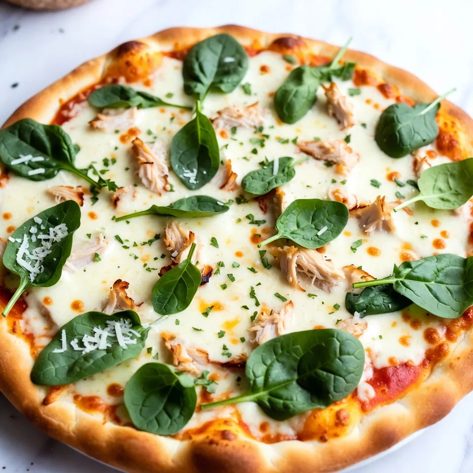 To make Chicken Alfredo Pizza, gather these key ingredients: - 1 pizza dough (store-bought or homemade) - 1 cup cooked chicken breast, shredded - 1 cup alfredo sauce (store-bought or homemade) - 1 ½ cups shredded mozzarella cheese - ½ cup grated Parmesan cheese - 1 cup fresh baby spinach - 1 tablespoon extra-virgin olive oil - 1 teaspoon garlic powder - ½ teaspoon Italian seasoning - Salt and pepper to taste - Fresh parsley, finely chopped (for garnish) You can swap some items if needed. For the pizza dough, use whole wheat or cauliflower crust. If you don’t have chicken, try using cooked shrimp or even mushrooms for a vegetarian option. Instead of alfredo sauce, you can use pesto or a white sauce. For cheeses, feel free to mix in provolone or cheddar. Choosing fresh ingredients makes your pizza tastier. Look for chicken that’s moist with no strange smells. For the spinach, choose vibrant green leaves that are crisp. When selecting cheeses, pick ones that are firm and smell fresh. Fresh parsley should be bright green and not wilted. Always check the expiration dates on sauces and dough. Using fresh, high-quality ingredients will elevate your Chicken Alfredo Pizza! {{ingredient_image_2}} First, preheat your oven to 475°F (245°C). If you have a pizza stone, put it in the oven to warm up. Next, take your pizza dough and place it on a floured surface. Roll it out into a circle about 12 inches wide. This gives you a nice base for your pizza. After rolling, move the dough to a baking sheet or pizza peel. Dust it lightly with flour or cornmeal to stop it from sticking. Now it’s time to build your pizza! Brush the top of the dough with olive oil. This helps keep the crust crispy. Spread the alfredo sauce evenly on the dough, leaving a small edge for the crust. Then, sprinkle the mozzarella cheese all over the sauce. Make sure to cover every bit for that cheesy goodness. Next, add your shredded chicken on top of the cheese. Season it with garlic powder, Italian seasoning, salt, and pepper. Don’t hold back! Place the fresh spinach leaves on next, and finish with a sprinkle of grated Parmesan cheese. Carefully slide your pizza into the hot oven or onto the pizza stone. Bake it for about 12 to 15 minutes. You want the crust to turn golden brown and the cheese to melt and bubble. When it’s ready, take it out and let it cool for a minute. This step makes cutting easier and keeps your fingers safe from burns. Before you serve, sprinkle fresh parsley on top for color and flavor. Enjoy your Chicken Alfredo Pizza! To make a great crust, start with the right dough. You can use store-bought or homemade dough. Roll it out evenly on a floured surface. Aim for about 12 inches wide. This size fits well in most ovens. Preheat your oven to 475°F (245°C). If you have a pizza stone, heat it too. Brush olive oil on the dough. This keeps the crust crisp and helps it brown nicely. You can change the taste of your Chicken Alfredo Pizza with seasonings. Garlic powder adds a nice kick. Italian seasoning brings warmth and depth. Feel free to add your favorites. Want a little heat? A pinch of red pepper flakes works great. Adjust salt and pepper to fit your taste. The more you experiment, the more unique your pizza will be! To get gooey, melty cheese, use fresh mozzarella and Parmesan. Grate them just before using. This helps them melt better. Spread the mozzarella evenly on the alfredo sauce. Make sure to cover every inch. A hint of olive oil on top can help the cheese brown. Bake until the cheese bubbles and the crust is golden. This way, you'll enjoy a cheesy delight with every slice! Pro Tips Use a Pizza Stone: If you have one, using a pizza stone can help achieve a crispier crust by evenly distributing heat during baking. Keep Ingredients Room Temperature: Let the shredded chicken and cheese come to room temperature before using them. This helps them melt evenly and enhances the overall texture. Experiment with Toppings: Don’t hesitate to add your favorite toppings, such as mushrooms or sun-dried tomatoes, to customize your pizza and make it even more delicious. Cool Before Slicing: Allow the pizza to cool for a few minutes after baking. This helps the cheese set slightly, making it easier to slice and serve without making a mess. {{image_4}} You can change the sauce to fit your taste. Try using a ranch dressing for a creamy twist. A pesto sauce adds a fresh, herby flavor. You could also use a barbecue sauce for a smoky kick. Each sauce brings a unique taste to your pizza. Add toppings to make your pizza even better. Sliced mushrooms give an earthy taste. Red onions add a sweet crunch. You might enjoy adding sun-dried tomatoes for a tangy bite. For heat, sprinkle some crushed red pepper flakes on top. The right toppings can make each slice exciting. Cheese is key to a great pizza. While mozzarella is classic, you can mix it up. Try using gouda for a rich, smoky flavor. Feta cheese brings a salty tang. You can even use a vegan cheese for a dairy-free option. Each cheese offers its own special taste and texture. To keep your Chicken Alfredo Pizza fresh, wrap it well. Use plastic wrap or aluminum foil. Place it in an airtight container or a zip-top bag. Store it in the fridge for up to three days. This helps keep the flavors intact. When you want to enjoy your pizza again, preheat your oven to 350°F (175°C). Place the pizza on a baking sheet. Heat it for about 10-15 minutes. This warms the pizza evenly. You can also use a skillet on low heat. Cover it with a lid for a few minutes. This method keeps the crust crispy. If you want to store the pizza for longer, freezing works great. Allow the pizza to cool completely. Cut it into slices for easy serving. Wrap each slice in plastic wrap and then in foil. Place the wrapped slices in a freezer bag. Label it with the date. You can freeze it for up to three months. When ready to eat, thaw it in the fridge overnight before reheating. Yes, you can use store-bought Alfredo sauce. It saves time and still tastes good. Many brands offer rich and creamy sauces. Just check the label for quality ingredients. If you prefer homemade, it’s simple to make. Cook butter, cream, and Parmesan cheese together. You can add many toppings to enhance your Chicken Alfredo pizza. Here are some great ideas: - Mushrooms: They add earthiness and texture. - Red onions: Their sweet flavor balances the creaminess. - Broccoli: This veggie adds color and crunch. - Bacon bits: They give a salty, savory kick. - Artichoke hearts: These add a unique taste and texture. Experiment with your favorites to find the best mix! To spice up your pizza, try these tips: - Add red pepper flakes: Sprinkle them on top before baking. - Use spicy chicken: Marinate your chicken in hot sauce. - Jalapeños: Slice fresh jalapeños and add them before baking. - Hot sauce drizzle: Drizzle hot sauce on top after baking. Adjust the spice level to your taste for a fun kick! Making Chicken Alfredo Pizza is fun and easy. We covered key ingredients, their swaps, and how to choose fresh ones. You learned how to prepare dough, build your pizza, and bake it to perfection. We shared tips for a great crust and ways to customize flavors. You can explore sauces, toppings, and cheese variations. Lastly, we discussed storage and reheating for the best taste. With this guide, you can create a delicious pizza that suits your taste and impresses your friends. Enjoy your cooking!
