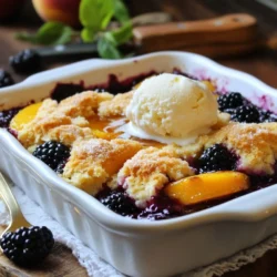 For this cobbler, you need fresh fruit. I use: - 2 cups fresh blackberries - 2 cups fresh peaches, peeled and sliced thinly Using ripe peaches and juicy blackberries gives the best flavor. The sweetness of the peaches pairs well with the tartness of the blackberries. You can also mix in other fruits if you like. Sugar helps sweeten the fruit. You will need: - 1 cup granulated sugar, divided - 2 tablespoons cornstarch Divide the sugar into two parts. Add half to the fruit mix for sweetness. Use cornstarch to thicken the juice from the fruit. This helps keep the filling from being too runny. These items are key for the batter. Gather: - 1 cup all-purpose flour - 1 tablespoon baking powder - ½ teaspoon salt - ½ cup unsalted butter, melted - 1 cup milk, at room temperature - 1 teaspoon ground cinnamon The flour and baking powder give the cobbler its height. Salt adds flavor, while melted butter and milk create a nice batter. Cinnamon adds warmth to the dish, making it smell and taste wonderful. {{ingredient_image_2}} Start by setting your oven to 350°F (175°C). This is the perfect temperature for baking. While the oven heats, grab a 9x13 inch baking dish. Coat it well with butter or cooking spray. This helps the cobbler come out easily later. Next, take out a medium bowl. Add 2 cups of fresh blackberries and 2 cups of thinly sliced peaches. Sprinkle in half a cup of granulated sugar. This sugar helps bring out the fruit's sweetness. Then, mix in 2 tablespoons of cornstarch, 1 teaspoon of vanilla extract, and 1 teaspoon of fresh lemon juice. Gently toss everything together with a spatula until the fruit is coated. Spread this fruit mixture evenly into the prepared baking dish. In a large mixing bowl, combine 1 cup of all-purpose flour, 1 tablespoon of baking powder, ½ teaspoon of salt, and the remaining ½ cup of sugar. Adding 1 teaspoon of ground cinnamon gives it a warm flavor. Mix these dry ingredients well. Make a well in the center and pour in ½ cup of melted butter and 1 cup of milk. Stir with a wooden spoon until just mixed. The batter should be slightly lumpy, which is fine. Now, it's time to put everything together. Use a spoon or spatula to dollop the batter evenly over the fruit. It's important to keep the layers separate. Do not stir the batter into the fruit. This way, you keep the lovely layers intact. Place your baking dish in the oven and bake for 45-50 minutes. You'll know it's done when the top turns golden brown. To test, insert a toothpick into the center. If it comes out clean, your cobbler is ready. Once baked, let it cool for 5-10 minutes before serving. When you pick fruits for your cobbler, go for the best. Choose ripe blackberries that are dark and plump. Look for peaches that are soft but not mushy. They should smell sweet and fragrant. Fresh fruits make a big difference in taste. A common mistake is overmixing the batter. This can make your cobbler tough. Mix just until the dry and wet ingredients come together. Also, don’t stir the batter into the fruit. This keeps the layers nice and separate. Another mistake is not letting it cool before serving. A few minutes help the flavors set. Serve your cobbler warm for the best experience. Add a scoop of vanilla ice cream on top. The cold ice cream melts into the warm cobbler, creating a nice contrast. Drizzle some syrup from the cobbler around the plate for a pretty touch. Garnish with fresh blackberries or peach slices for color. Enjoy every bite! Pro Tips Use Ripe Fruits: Ensure that your peaches are ripe for maximum sweetness and flavor in the cobbler. Underripe peaches may not provide the best taste experience. Mix Gently: When combining the batter ingredients, mix just until combined to keep your cobbler light and fluffy. Overmixing can result in a dense texture. Check for Doneness: Use a toothpick to test the center of the cobbler; it should come out clean when fully baked. A golden brown top is also a good indicator that it’s ready. Serve Warm: For the best flavor and texture, serve the cobbler warm with a scoop of vanilla ice cream. The heat from the cobbler will slightly melt the ice cream, creating a delightful contrast. {{image_4}} You can mix and match fruits for your cobbler. Try using blueberries, strawberries, or raspberries. Each fruit brings a unique flavor. If you love tartness, add some cranberries. For a sweeter dish, use ripe mangoes or pears. This way, you can create your own twist on the classic recipe. For gluten-free lovers, swap the all-purpose flour with a gluten-free blend. Ensure the blend has xanthan gum for good texture. Another option is to use almond flour or coconut flour. Both will change the taste but still offer a delicious result. Adjust the baking time if needed, as gluten-free flours can behave differently. Add a touch of spice for a flavor boost. Ground nutmeg or cardamom can elevate the taste. A splash of almond extract can add richness. For a citrusy kick, try orange zest or lemon zest. You can even mix in a bit of bourbon or rum for depth. These small changes can make your cobbler truly special. After you enjoy your blackberry peach cobbler, you may have some left. To store it, let it cool completely. Then, cover the dish with plastic wrap or foil. You can also transfer it to an airtight container. It will stay fresh for up to 3 days in the fridge. When you're ready to eat leftovers, it's easy to reheat. Preheat your oven to 350°F (175°C). Place the cobbler in a baking dish. Heat it for about 15-20 minutes. You want it warm throughout. If you prefer, you can microwave individual servings. Just heat for 30 seconds to 1 minute. Want to save the cobbler for a later day? You can freeze it! First, let it cool completely. Cut it into portions and wrap each piece in plastic wrap. Place the wrapped pieces in a freezer bag. It can last up to 3 months in the freezer. To enjoy, thaw it overnight in the fridge and reheat as before. Yes, you can use frozen fruit. Just make sure to thaw it first. Drain any excess liquid before mixing it with sugar and cornstarch. This helps keep your cobbler from getting too soggy. The cobbler is done when the top turns golden brown. You can also use a toothpick. If it comes out clean from the center, your cobbler is ready. Serve the cobbler warm for the best taste. A scoop of vanilla ice cream on top makes it extra special. Drizzle some syrup from the cobbler around the plate for a nice touch. Yes, you can prepare the fruit filling ahead. Just keep it in the fridge until you’re ready to bake. This saves time and helps with flavor. Store leftovers in an airtight container. Keep it in the fridge for up to three days. You can reheat it in the oven or microwave. Absolutely! Cinnamon is great, but nutmeg or ginger can also add a nice touch. Just be careful not to overpower the fruit. Yes, this recipe doubles well. Just use a larger baking dish and adjust the baking time as needed. Check for doneness with the toothpick test. Yes! You can mix in other fruits like apples or pears. Just ensure the total amount of fruit stays the same for best results. In this post, we explored how to make a delicious blackberry peach cobbler. We covered key ingredients like fresh fruit and baking essentials. I shared detailed steps, from prepping your oven to baking time. You learned tips for choosing fruit and avoiding mistakes. We also discussed variations for different tastes and how to store your leftovers. Baking can be fun and rewarding. Now, go ahead and create your own perfect cobbler!