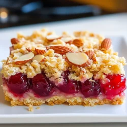To make delicious Cherry Almond Crumble Bars, gather these ingredients: - 2 cups fresh or frozen cherries, pitted and halved - 1 tablespoon cornstarch - 1 tablespoon lemon juice - 1/2 cup almond flour - 1 cup rolled oats - 1/2 cup all-purpose flour - 1/2 cup brown sugar - 1/2 teaspoon baking powder - 1 teaspoon vanilla extract - 1/4 teaspoon salt - 1/2 cup unsalted butter, softened - 1/2 cup sliced almonds (for topping) These ingredients combine to create a sweet and tangy treat. You can customize your bars by adding extra flavors or textures. Try these options: - Cinnamon for warmth - Coconut flakes for a tropical twist - Chopped nuts like walnuts or pecans for added crunch - A splash of almond extract for deeper almond flavor Mix and match to suit your taste! To make this recipe a breeze, gather these tools: - 8x8 inch baking dish - Parchment paper for easy removal - Mixing bowls&mdash;one medium and one large - Whisk for dry ingredients - Pastry cutter or your hands to mix butter - Spatula for spreading Having these tools ready will help you create your Cherry Almond Crumble Bars quickly and easily! {{ingredient_image_2}} First, preheat your oven to 350&deg;F (175&deg;C). This step is key for even baking. Next, grab an 8x8 inch baking dish. Line it with parchment paper, leaving some overhang. This helps lift the bars out later. In a medium bowl, combine 2 cups of halved cherries, 1 tablespoon of cornstarch, and 1 tablespoon of lemon juice. Toss gently to coat the cherries. Set this mixture aside. The flavors will blend perfectly while you work on the crust. In a large bowl, whisk together 1/2 cup almond flour, 1 cup rolled oats, 1/2 cup all-purpose flour, 1/2 cup brown sugar, 1/2 teaspoon baking powder, and 1/4 teaspoon salt. Mix well to combine. Now, add 1/2 cup of softened butter and 1 teaspoon of vanilla extract. Use your fingertips or a pastry cutter to blend everything. Aim for a coarse crumb texture and avoid large butter chunks. Take about two-thirds of the crumble mixture and press it into the bottom of your baking dish. This forms a solid base. Next, evenly spread the cherry mixture over this layer. Make sure to distribute the cherries for a tasty bite every time. Sprinkle the remaining crumble mixture on top, covering the cherries well. Sprinkle 1/2 cup of sliced almonds on top for extra crunch. Place the dish in your preheated oven and bake for 30-35 minutes. Look for a golden brown topping and bubbling cherries. After baking, let the bars cool completely in the pan. Use the parchment overhang to lift them out and cut them into squares. Enjoy your easy and delightful cherry almond crumble bars! Choose fresh cherries that are bright and firm. Look for deep red or dark purple colors. They should feel heavy for their size. If using frozen cherries, select high-quality ones without added sugar. Frozen cherries work well, but fresh gives the best flavor. Always pit the cherries before use, as it makes for a better bite in the bars. For a great crumble, combine the dry and wet ingredients just right. Mix the almond flour, oats, and other dry items well. When adding butter, use your fingers to blend. Aim for coarse crumbs, not a smooth dough. This texture helps create a nice crunch on top. Also, don&rsquo;t pack the crumble too tightly in the dish. This keeps it light and airy. Serve the bars on a rustic wooden board for a homey feel. A light dusting of powdered sugar adds a sweet touch. Garnish with fresh cherries on top for color and charm. You can also pair the bars with a scoop of vanilla ice cream. This contrast enhances the cherry flavor and creates a lovely dessert. Pro Tips Choose the Right Cherries: Fresh cherries will provide the best flavor, but frozen cherries work well too. If using frozen, thaw and drain them to avoid excess moisture in your bars. Butter Temperature Matters: Make sure your butter is softened but not melted. This will help create the perfect crumbly texture for the topping. Customize Your Nuts: Feel free to swap out sliced almonds for other nuts like walnuts or pecans for a different flavor profile and crunch. Storage Tips: Store leftover bars in an airtight container at room temperature for up to 3 days or refrigerate for longer freshness. {{image_4}} You can easily adapt this recipe to fit your needs. For a gluten-free version, swap all-purpose flour with a gluten-free blend. Make sure it contains xanthan gum for the right texture. For a vegan option, replace butter with coconut oil or vegan butter. Use a flax egg instead of regular eggs if you ever want to add one for binding. This way, everyone can enjoy these tasty bars. Adding spices can elevate the flavor of your cherry almond crumble bars. Consider adding a pinch of cinnamon or nutmeg for warmth. You could also include some lemon or orange zest. This adds a fresh taste that pairs well with cherries. Experiment with different spices to find your favorite mix. While cherries shine in this recipe, you can switch things up with other fruits. Try using blueberries, raspberries, or diced apples. Each fruit brings its own flavor and texture. Mix and match to create your unique crumble bars. Just remember to adjust the sugar based on the sweetness of your fruit choice. You can store Cherry Almond Crumble Bars easily. First, let the bars cool completely. Then, cut them into squares. Place the squares in an airtight container. You can keep them at room temperature for up to three days. If you want to store them longer, the fridge works well too. Just remember to use a container that seals tightly. Freezing these bars is simple. Wrap each square in plastic wrap or foil. Then, place them in a freezer bag. Make sure to remove as much air as possible. These bars can stay in the freezer for up to three months. When you&rsquo;re ready to enjoy, just take out a square and let it thaw at room temperature. Cherry Almond Crumble Bars stay fresh for about a week in the fridge. For reheating, place them in the oven at 350&deg;F (175&deg;C) for about 10 minutes. This helps keep the crumble nice and crisp. You can also microwave them for about 20 seconds for a quick warm-up. Enjoy these tasty treats any time you crave something sweet! Yes, you can use frozen cherries. Just thaw them first. Drain any extra juice. This helps keep the bars from getting too soggy. Frozen cherries still taste great! You can use regular all-purpose flour instead of almond flour. If you need a nut-free option, try oat flour or coconut flour. Each one gives a different taste and texture, so choose what you like best. To make the bars less sweet, reduce the brown sugar by a quarter cup. You can also use unsweetened applesauce or mashed bananas as a natural sweetener. This way, you enjoy the fruit flavor more. Yes, you can make these bars ahead of time. Bake them, then let them cool completely. Store them in an airtight container for up to three days. You can also freeze them for up to a month. The bars are done when the top is golden brown and the cherries are bubbling. You can also poke the center with a toothpick. If it comes out clean, the bars are ready. Let them cool before cutting. In this blog post, we explored how to make cherry almond crumble bars. We covered key ingredients, showed you step-by-step instructions, and provided helpful tips. You learned about variations and how to store these tasty treats. Remember, your choices can make these bars unique. Get creative with flavors and toppings. Enjoy baking and sharing your delicious creations!