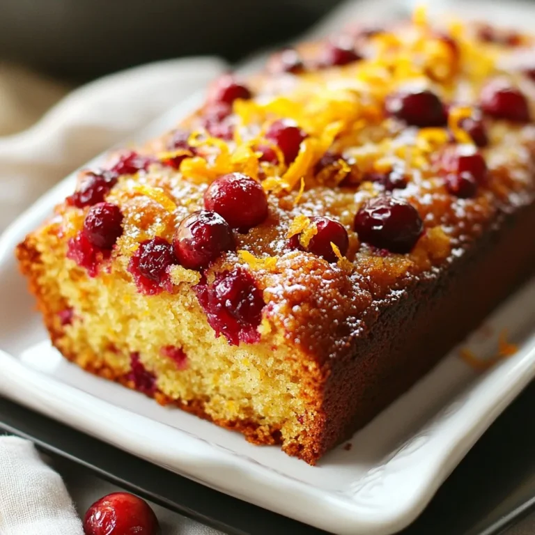 - 1 ½ cups all-purpose flour - 1 cup fresh cranberries, finely chopped - ½ cup granulated sugar - ½ teaspoon baking powder - ½ teaspoon baking soda - ½ teaspoon salt - 1 teaspoon freshly grated orange zest - 2 large eggs - ½ cup unsweetened applesauce - ¼ cup vegetable oil - 1 teaspoon pure vanilla extract - 1 tablespoon freshly squeezed orange juice - Optional: ½ cup chopped walnuts or pecans To make this cranberry orange loaf, gather all the ingredients first. This step makes cooking easier. The main flavors come from fresh cranberries and orange zest. You can find fresh cranberries in stores during the fall. The zest adds a bright note to the loaf. All-purpose flour acts as the base for the loaf. Sugar gives it sweetness. Baking powder and baking soda help it rise. Salt brings out all the flavors. Eggs add moisture and help bind the loaf together. Unsweetened applesauce is a great choice. It keeps your loaf moist while cutting back on oil. Vegetable oil adds richness. The vanilla extract gives a lovely aroma. Fresh orange juice adds extra tang and flavor. If you like nuts, walnuts or pecans add crunch. They are optional but delicious. This list of ingredients makes the best cranberry orange loaf. It’s simple, tasty, and perfect for any time of year. {{ingredient_image_2}} - Preheat your oven to 350°F (175°C). - Grease or line a 9x5-inch loaf pan. Start by setting your oven. This step is key for even baking. Prepare your loaf pan by greasing it or lining it with parchment paper. This will help your loaf come out easily later. - Combine flour, sugar, baking powder, baking soda, salt, and orange zest. In a large bowl, mix the dry ingredients. Add the all-purpose flour, granulated sugar, baking powder, baking soda, salt, and orange zest. Use a whisk to blend them well. This mix gives the loaf its great flavor. - Beat eggs, add applesauce, vegetable oil, vanilla extract, and orange juice. In another bowl, beat the eggs until they are fluffy. Then add the unsweetened applesauce, vegetable oil, pure vanilla extract, and freshly squeezed orange juice. Mix everything well until it is smooth. This wet mixture is what makes the loaf moist. - Fold the mixtures together and add chopped cranberries and nuts if using. Now, pour the wet mixture into the dry mix. Use a spatula to gently fold them together. Be careful not to overmix; some lumps are okay. If you like nuts, add the chopped cranberries and nuts now. This adds great texture and flavor. - Transfer batter to loaf pan and bake for 55 to 65 minutes. Next, transfer the batter into the prepared loaf pan. Spread it evenly with your spatula. Place the pan in the preheated oven. Bake for 55 to 65 minutes. To check if it's done, insert a toothpick into the center. If it comes out clean, your loaf is ready. - Allow to cool for 10 minutes before transferring to a wire rack. Once baked, take the loaf out of the oven. Let it cool in the pan for about 10 minutes. After that, carefully move it to a wire rack. This will help it cool completely. Enjoy the delightful aroma while it cools! To get the best texture in your cranberry orange loaf, do not overmix the batter. When you combine the wet and dry ingredients, mix just until you see no dry flour. A few lumps are okay! Overmixing makes the loaf dense and tough. You want it light and fluffy. You can boost flavors with some fun additions. Consider adding spices like cinnamon or nutmeg for warmth. A pinch of ginger brings a nice zing too. If you love chocolate, try adding mini chocolate chips. You can also switch up the nuts. Walnuts and pecans both taste great. Feel free to get creative! Presentation matters! Slice the loaf neatly and arrange the pieces on a pretty platter. For a pop of color, sprinkle more orange zest on top. A light dusting of powdered sugar adds sweetness and charm. You could also drizzle a simple icing made from powdered sugar and orange juice for a lovely finish. Your loaf will look as good as it tastes! Pro Tips Use Fresh Cranberries: Fresh cranberries provide the best flavor and texture for this loaf. If using frozen cranberries, do not thaw them before adding to the batter to prevent excess moisture. Room Temperature Ingredients: Ensure your eggs are at room temperature for better emulsification with the oil and applesauce, resulting in a lighter loaf. Don't Overmix: When combining wet and dry ingredients, mix just until combined. Overmixing can lead to a tough loaf instead of a tender crumb. Cool Completely: Allow the loaf to cool completely on a wire rack before slicing. This helps set the texture and makes for cleaner slices. {{image_4}} You can make this cranberry orange loaf gluten-free by using gluten-free flour. Choose a blend that works well for baking. Measure the same amount as the all-purpose flour in the recipe. This swap keeps the loaf moist and tasty. To make a vegan version, replace the eggs with flaxseed meal or applesauce. For flaxseed, mix 1 tablespoon of flaxseed meal with 2.5 tablespoons of water. Let it sit until it thickens. Use 1/4 cup of applesauce instead of eggs for moisture. Spices can add a lovely warmth to your loaf. Try adding 1/2 teaspoon of cinnamon or nutmeg. These spices pair well with cranberries and orange. You can also add a splash of almond extract for a nutty twist. To keep your cranberry orange loaf fresh, wrap it tightly in plastic wrap. You can also use aluminum foil if you prefer. Place the wrapped loaf in an airtight container. This method keeps the loaf moist and tasty. Store it at room temperature for up to three days. If you need it to last longer, refrigeration is a good choice. Freezing is a great way to save your cranberry orange loaf. First, let the loaf cool completely. Wrap it tightly in plastic wrap, then in aluminum foil. This double wrap prevents freezer burn. Label the package with the date. You can freeze it for up to three months. When ready to enjoy, thaw it overnight in the fridge. You can also leave it out at room temperature for a few hours. When stored properly, your cranberry orange loaf lasts about three days at room temperature. In the fridge, it can last up to a week. If frozen, it remains fresh for up to three months. Check for any signs of spoilage before eating. If it looks or smells off, it’s best to toss it. Enjoy your loaf at its best! To make a savory loaf, you can swap some ingredients. Use cheese instead of sugar. Try adding herbs like rosemary or thyme for flavor. You might even add cooked bacon or sun-dried tomatoes. These changes give the loaf a unique twist while keeping it moist. Yes, you can use dried cranberries. They add sweetness and chewiness to the loaf. Just chop them finely before adding. You might want to reduce the sugar in the recipe since dried cranberries are sweeter. So, keep the balance in mind for the best taste. Cranberry orange loaf pairs well with many things. For breakfast, serve it with butter or cream cheese. You can also enjoy it as a snack with tea or coffee. For dessert, add a scoop of vanilla ice cream. This way, you can enjoy its sweet and tangy flavor in different ways. Cranberry orange loaf can be a part of a healthy diet. It includes cranberries, which are high in vitamins. Applesauce replaces some oil, making it lower in fat. To make it healthier, use whole wheat flour and reduce sugar. Enjoying it in moderation keeps it a delicious treat without guilt. In this article, we explored the delicious cranberry orange loaf. We discussed ingredients, steps, and helpful tips for baking. We also offered variations for gluten-free and vegan options. Remember, the key to a perfect loaf is careful mixing and creative additions. Store it well, and enjoy it fresh or frozen. Baking this loaf is not just easy; it can bring joy to any meal or occasion. I hope you find joy in making and sharing this tasty treat. Happy baking!